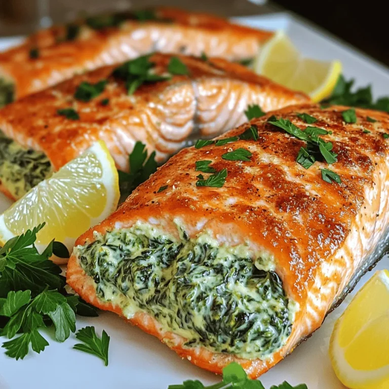 - 4 salmon fillets (6 oz each) - 2 cups fresh spinach, chopped - 1 cup cream cheese, softened - 2 tablespoons sour cream - 3 cloves garlic, minced - 1/4 teaspoon grated nutmeg - 1/2 teaspoon lemon zest - Salt and pepper to taste - 1 tablespoon olive oil - Lemon wedges for serving If you cannot find fresh spinach, you can use frozen spinach. Make sure to thaw and drain it well. For the cream cheese, you can try ricotta or Greek yogurt for a lighter option. If you need a dairy-free version, use a vegan cream cheese. You can also swap the salmon for other fish like trout or chicken breast if you prefer. You will need a sharp knife to make pockets in the salmon. A mixing bowl is essential for the creamy filling. Use a skillet for sautéing the garlic and spinach. A baking sheet lined with parchment paper makes cleanup easy. Lastly, having toothpicks on hand can help keep the salmon closed while baking. First, I heat a skillet over medium heat and add olive oil. I then add minced garlic and cook it until it smells amazing, about 1-2 minutes. Next, I toss in the chopped spinach. I cook it until it wilts, which takes around 2-3 minutes. After that, I take the skillet off the heat and let the spinach cool a bit. In a mixing bowl, I combine softened cream cheese and sour cream. I also add grated nutmeg, lemon zest, and the sautéed spinach. I sprinkle in some salt and pepper. Then, I mix it all until it’s smooth. Now comes the fun part! I take each salmon fillet and make a pocket. Using a sharp knife, I cut laterally along the side. I make sure not to slice all the way through; I want a nice pocket to hold the filling. Once I have the pockets ready, I fill each one with the creamy spinach mixture. If needed, I use toothpicks to keep the opening closed. This stuffing holds in all the yummy flavors! I preheat my oven to 375°F (190°C). After that, I place the stuffed salmon fillets on a baking sheet lined with parchment paper. I pop them in the oven and bake for 15-20 minutes. I know they are done when the salmon flakes easily with a fork. Once baked, I serve the salmon hot. A squeeze of lemon on top adds a nice touch. Enjoy the creamy goodness! To keep your salmon moist, start with fresh fillets. Look for bright, shiny skin. Choosing thicker fillets helps too. Marinating the salmon in olive oil adds flavor and moisture. Don’t overcook it; aim for a gentle bake. If you notice that your salmon looks dry, try covering it with foil for part of the cooking time. The filling needs to be rich and smooth. Use softened cream cheese to blend easily. Mixing in sour cream adds a nice tang. Fresh spinach should be wilted but not overcooked. Adding a pinch of nutmeg brightens the flavor. Adjust salt and pepper to taste. You can even add a bit of lemon zest for brightness. To check if your salmon is done, look for flakiness. Use a fork to gently pull apart the flesh. If it flakes easily, it's ready. The inside should be opaque but still moist. A cooking time of 15-20 minutes at 375°F works well. Trust your instincts; if it looks done, it probably is! {{image_2}} You can mix up the filling for your salmon. Try using ricotta cheese instead of cream cheese for a lighter taste. You can also add cooked crab meat for a seafood twist. If you want more veggies, try adding diced bell peppers or artichokes. These changes keep the dish fresh and exciting. You can cook stuffed salmon in different ways. Baking gives a nice, even cook. It keeps the salmon moist and allows the filling to meld well. Grilling adds a smoky flavor and crispy skin. If you choose to grill, make sure to use a grill basket. This helps keep the salmon from falling apart. Adding herbs can boost the flavor of your dish. Fresh dill or parsley adds brightness. You can also try thyme for a warm taste. For a spicy kick, add a pinch of red pepper flakes. These small changes can make a big difference in taste. Experiment with what you enjoy most! After enjoying your Creamy Garlic Spinach Stuffed Salmon, store any leftovers in the fridge. Place the salmon in an airtight container. Make sure it is sealed well. This helps keep it fresh. Leftover salmon will stay good for up to three days in the fridge. To reheat the salmon, preheat your oven to 350°F (175°C). Place the salmon on a baking sheet. Cover it with foil to keep it moist. Heat for about 10-15 minutes. Check it to ensure it is warm all the way through. You can also use a microwave. Heat on medium power for about 1-2 minutes. Be careful not to overcook it. If you have more than one serving left, freezing is a great option. Wrap each salmon fillet tightly in plastic wrap. Then, place it in a freezer-safe bag. Make sure to squeeze out the air before sealing. This helps prevent freezer burn. Frozen salmon can last for up to three months. When you're ready to eat, thaw it overnight in the fridge before reheating. Yes, you can use frozen salmon fillets. Just thaw them first. Place them in the fridge overnight or run them under cold water. After thawing, follow the same steps as fresh salmon. The texture may change slightly, but the flavors will still shine. I love serving this salmon with a light salad or roasted veggies. A simple green salad with a lemon vinaigrette pairs well. Roasted asparagus or zucchini also makes a great side. These add color and balance the meal nicely. To check if salmon is cooked, look for a few signs. The fish should be opaque and flake easily with a fork. You can also use a food thermometer. The internal temperature should reach 145°F (63°C). This ensures it is safe and ready to eat! You learned how to make delicious Creamy Garlic Spinach Stuffed Salmon. We explored all the key ingredients, tips for cooking, and ways to store leftovers. You can also try different fillings and cooking methods. Remember, moist salmon and a creamy filling are the secrets to success. Lastly, always check for doneness to enjoy a perfect meal. With these steps and insights, you can create a dish that will impress everyone. Enjoy your cooking journey!
