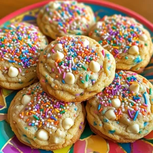 - 2 ½ cups all-purpose flour - 1 teaspoon baking powder - ½ teaspoon baking soda - ½ teaspoon salt - 1 cup unsalted butter, softened - 1 cup granulated sugar - ½ cup brown sugar, packed - 2 large eggs - 1 teaspoon vanilla extract - 1 tablespoon almond extract (optional) - ¾ cup rainbow sprinkles (jimmies) - 1 cup white chocolate chips (optional) When measuring flour, I use the spoon and level method. This helps avoid too much flour in the mix. For sugar, pack the brown sugar into the cup for accurate measurement. Use large eggs, since they provide the best moisture and richness. To enhance your cookies, consider adding almond extract. It gives a nice cake-like taste. If you want more sweetness, toss in white chocolate chips. They melt deliciously and balance the flavors perfectly. To start, gather your ingredients. You’ll need flour, baking powder, baking soda, salt, butter, and sugars. In a bowl, whisk the flour, baking powder, baking soda, and salt. Set this mix aside. Next, in a large bowl, beat the softened butter with both sugars. Mix until it looks light and fluffy. This should take about 3 to 4 minutes. Now, add in the eggs, vanilla extract, and almond extract if you want that extra cake-like flavor. Mix well until everything is combined. Gradually add the dry mix to the wet mix. Stir until just combined to avoid tough cookies. Finally, gently fold in the rainbow sprinkles and white chocolate chips for a fun and sweet touch. Preheat your oven to 350°F (175°C). Line two baking sheets with parchment paper to prevent sticking. Using a cookie scoop or a tablespoon, drop rounded balls of dough onto the sheets. Leave about 2 inches of space between each ball. Bake the cookies for about 10 to 12 minutes. You want the edges to be golden, while the centers should stay soft. Remove them from the oven and remember, they will continue to cook a bit after you take them out. Let the cookies cool on the baking sheets for about 5 minutes. This helps them set before moving. After that, transfer them to a wire rack to cool completely. For a festive touch, arrange the cookies on a colorful plate and sprinkle some extra rainbow sprinkles on top. Serve them with a glass of milk for a classic treat. Enjoy your delicious Funfetti Birthday Cake Cookies! To get the best texture, use softened butter. This helps create a fluffy dough. Cream the butter and sugars well until they look light and airy. Do not skip this step! When mixing the dry and wet ingredients, mix just until combined. Overmixing can lead to tough cookies, which we want to avoid. To make these cookies extra special, try adding white chocolate chips. They add sweetness and creaminess. You can also use almond extract for a cake-like taste. If you want a nutty flavor, consider adding chopped nuts too. Just remember to fold in any add-ins gently to keep the texture light. For a festive look, arrange the cookies on a bright plate. Sprinkle extra rainbow sprinkles on top for a fun touch. You can also add a scoop of ice cream on the side. Serve with a glass of milk. This makes it a fun birthday treat everyone will love! {{image_2}} You can make funfetti birthday cake cookies gluten-free. Use a gluten-free flour blend in place of all-purpose flour. Ensure the blend has a good mix of starches and proteins. This helps the cookies hold together and taste great. Follow the rest of the recipe as is. Your cookies will still be soft and tasty. Feel free to get creative with your mix-ins. You can swap out white chocolate chips for dark or milk chocolate. Add nuts for crunch, or use mini M&Ms for a colorful twist. You can also mix in dried fruit like cherries or cranberries for a tart flavor. Try different extracts too! Replace vanilla with coconut or maple for unique tastes. To make these cookies vegan, use applesauce or flaxseed meal as an egg substitute. Mix 1 tablespoon of flaxseed meal with 2.5 tablespoons of water. Let it sit for five minutes until it thickens. Use vegan butter or coconut oil in place of regular butter. Check your sprinkles to ensure they are vegan-friendly. With these swaps, you can enjoy delicious vegan birthday cake cookies. To keep your Funfetti Birthday Cake Cookies fresh, store them in an airtight container. This helps maintain their soft texture and keeps them from drying out. You can layer the cookies with parchment paper to prevent them from sticking together. Keep the container in a cool, dry place. Avoid locations with high heat or humidity. If you want to enjoy these cookies later, freezing is a great option. Allow the cookies to cool completely before freezing. Place them in a single layer on a baking sheet and freeze for about two hours. Once frozen, transfer them to a freezer-safe bag or container. They can last up to three months in the freezer. When you want to eat them, let them thaw at room temperature. When stored properly, Funfetti Birthday Cake Cookies last about one week at room temperature. If you freeze them, they can stay fresh for three months. Make sure to check for any signs of freezer burn or off smells before eating. Enjoy these treats while they are still tasty and delightful! Yes, you can use many types of sprinkles. I recommend using jimmies for the best look. Jimmies hold their shape well during baking. Nonpareils can bleed color, which may change the cookie's look. You can also try themed sprinkles for holidays or events. Just remember, the more colorful, the more fun! If you don’t have almond extract, vanilla extract works well. You can also use hazelnut extract for a unique twist. A mix of vanilla and a touch of coconut extract adds a nice flavor too. Choose what you love to make it your own! To stop cookies from spreading, chill the dough before baking. This makes the butter firm up, which helps. You can also add a bit more flour if the dough seems too soft. Lastly, bake on parchment paper to help keep their shape. These tips will help you get thick, chewy cookies every time! This post covered the main steps to make perfect cookies. We explored ingredients, measured them, and added flavors for extra taste. You learned how to prepare the dough and bake cookies just right. Tips helped improve texture and creativity for parties. I shared variations for different diets and good storage methods. Remember, baking cookies should be fun! Use these ideas to make delightful treats for yourself and others. Enjoy the process and share your cookies with friends!