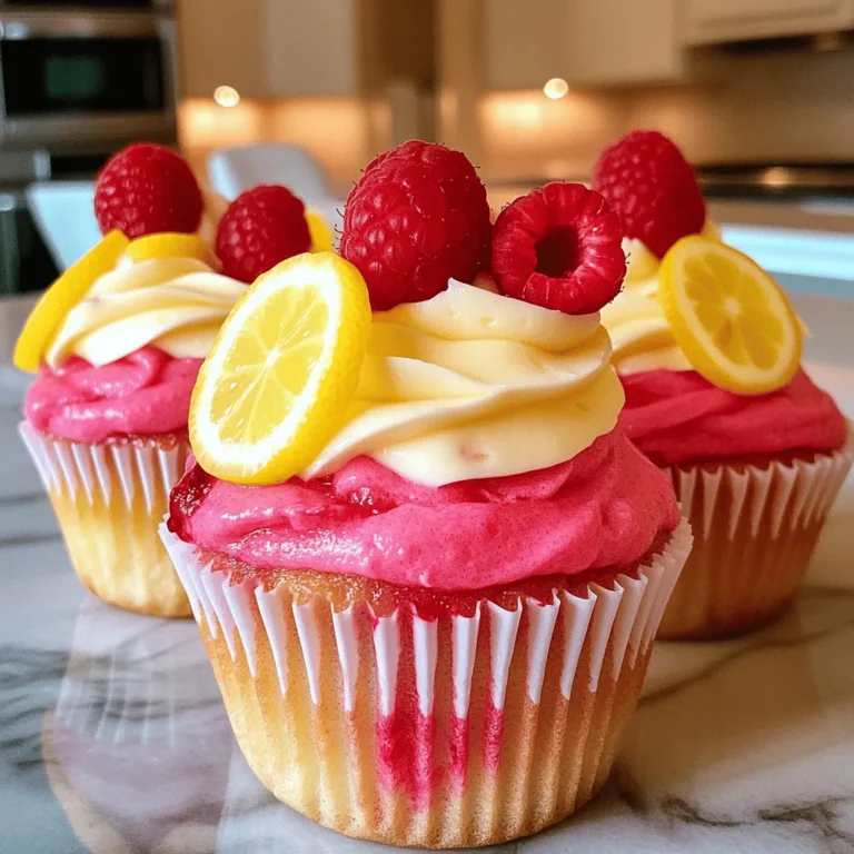 - 1 ½ cups all-purpose flour - 1 tsp baking powder - ½ tsp baking soda - ¼ tsp salt - ½ cup unsalted butter, softened - 1 cup granulated sugar - 2 large eggs - ½ cup buttermilk - Zest of 1 lemon - 2 tbsp lemon juice - 1 tsp pure vanilla extract - 1 cup fresh raspberries (plus extra for garnish) For the Lemonade Frosting: - ½ cup unsalted butter, softened - 4 cups powdered sugar - 2 tbsp fresh lemon juice - 1 tsp lemon zest - 2 tbsp milk, as needed for consistency - Fresh raspberries and lemon slices for garnish Gathering the right ingredients is key to making these delicious Raspberry Lemonade Cupcakes. Start with the flour, baking powder, and baking soda. These form the base for your cupcakes. The butter, sugar, and eggs add richness and sweetness. Next, buttermilk, lemon zest, and lemon juice give the cupcakes their bright flavor. The fresh raspberries bring a burst of sweetness and color. For the frosting, you'll need butter, powdered sugar, more lemon juice, and zest. Don't forget to have extra raspberries and lemon slices for garnish. The right balance of these ingredients helps create a tasty and refreshing treat. Enjoy the process of baking these delightful cupcakes! 1. First, preheat your oven to 350°F (175°C). Line a 12-cup muffin tin with cupcake liners. This helps keep the cupcakes from sticking. 2. In a medium bowl, mix the dry ingredients. Whisk together 1 ½ cups of all-purpose flour, 1 tsp of baking powder, ½ tsp of baking soda, and ¼ tsp of salt. Set this bowl aside. 3. In a large mixing bowl, cream ½ cup of softened unsalted butter and 1 cup of granulated sugar. Beat this mixture until it becomes light and fluffy, about 3-4 minutes. 4. Add 2 large eggs to the butter and sugar mix. Beat in each egg one at a time. Ensure you mix well after adding each egg. 5. Next, add ½ cup of buttermilk, the zest of 1 lemon, 2 tbsp of lemon juice, and 1 tsp of pure vanilla extract. Mix until smooth. 6. Now, slowly add the dry ingredients to the wet mixture. Stir until just combined. Be careful not to overmix; we want a light batter. 7. Gently fold in 1 cup of fresh raspberries. Use a spatula to avoid crushing them. 1. Divide the batter evenly into the cupcake liners. Fill each liner about 2/3 full to allow room for rising. 2. Bake the cupcakes in the preheated oven for 18-20 minutes. They are ready when a toothpick inserted in the center comes out clean. 3. When done, take the cupcakes out of the oven. Let them cool in the tin for about 5 minutes. Then, transfer them to a wire rack. Let them cool completely before frosting. 1. In a large bowl, beat ½ cup of softened unsalted butter until it is creamy. 2. Gradually add 4 cups of powdered sugar. Mix until well combined. 3. Add 2 tbsp of fresh lemon juice and the zest of 1 lemon. Mix again until smooth and creamy. 4. If the frosting is too thick, add 2 tbsp of milk, one tablespoon at a time. Adjust until you get the right consistency. 5. Once the cupcakes are completely cool, frost them generously with the lemonade frosting. Use a piping bag or a spatula to spread the frosting evenly. Garnish each frosted cupcake with fresh raspberries and small slices of lemon. This adds a pop of color and freshness to your treat. Enjoy every bite! Measure Ingredients Accurately To get great results, measure each ingredient carefully. Use dry measuring cups for flour and sugar. For liquids, use a clear liquid measuring cup. This step ensures your batter has the right texture. Avoid Overmixing the Batter Mixing is key but don’t overdo it. Once you combine wet and dry ingredients, mix until just blended. The batter should look a bit lumpy. This method keeps your cupcakes soft and fluffy. Folding in Raspberries When adding raspberries, be gentle. Use a spatula to fold them into the batter. Make sure not to crush them. You want whole pieces for bursts of flavor in every bite. Frosting Techniques Use a piping bag for fun designs on your cupcakes. If you don’t have one, a zip-top bag works too! Just cut a small corner to pipe the frosting. Swirls and peaks look great. Garnishing Suggestions Top your cupcakes with fresh raspberries and lemon slices. This adds color and makes them look fancy. You can also sprinkle some lemon zest on top for extra flair. Flavor Pairing Suggestions For the frosting, try adding a bit of raspberry puree. This gives a nice tang and enhances the cupcake's flavor. You can also mix in cream cheese for a rich twist. {{image_2}} You can switch up the flavor of your cupcakes easily. Instead of raspberries, try using strawberries, blueberries, or blackberries. Each berry brings its own unique taste. If you want a fun twist, use mixed berries for a burst of flavor. For the filling, consider a lemonade-infused center. Just make a simple lemon curd and spoon it into the middle of each cupcake. This adds a tangy surprise with every bite. If you follow a gluten-free or dairy-free diet, you can still enjoy these cupcakes. Use gluten-free flour instead of all-purpose flour. For a dairy-free option, replace the buttermilk with almond milk or coconut milk. These swaps keep your cupcakes soft and tasty. The frosting can change your cupcake game. While the lemonade frosting is delicious, try a raspberry cream cheese frosting for a richer taste. It adds a creamy texture that pairs well with the tartness of the cupcakes. If you want a vegan option, use coconut cream instead of butter for the frosting. Blend in powdered sugar and lemon juice until smooth. This makes a fluffy, dairy-free frosting. You can also add zest from other citrus fruits, like lime or orange. This creates a new flavor profile while keeping that bright, fruity taste. Experimenting with your frosting can lead to delightful surprises! To keep your raspberry lemonade cupcakes fresh, follow these steps: - Storing at Room Temperature: Place the cupcakes in an airtight container. They will stay fresh for up to three days. Keep them away from direct sunlight and heat. - Refrigeration Tips for Frosted Cupcakes: If you have frosted the cupcakes, store them in the fridge. Use a container that keeps them safe from drying out. They can last up to a week in the fridge. - Freezing Instructions for Cupcakes and Frosting: To freeze, wrap each cupcake tightly in plastic wrap. Place them in a freezer-safe bag. They can last up to three months. For frosting, store it in a sealed container. Thaw both in the fridge overnight before use. - Expected Freshness Timeframe: Unfrosted cupcakes last about five days at room temperature. Frosted cupcakes stay fresh for about three days in the fridge. - Signs of Spoilage to Look For: If the cupcakes smell off or have mold, they are no longer good. Also, check for changes in texture. If they feel dry or hard, it’s time to toss them. Can I make these cupcakes ahead of time? Yes, you can make these cupcakes ahead of time. Bake and cool them completely. Store them in an airtight container at room temperature for up to two days. For longer storage, place them in the fridge for up to a week. You can also freeze the cupcakes for up to three months. Just thaw them before frosting. How can I enhance the lemon flavor in the cupcakes? To boost the lemon flavor, add more lemon zest. You can also increase the lemon juice. A touch of lemon extract can add a nice punch, too. Use fresh lemons for the best taste. The zest brings out the oils and gives a strong lemon aroma. What can I substitute for buttermilk? If you don't have buttermilk, use milk with vinegar or lemon juice. Add one tablespoon of vinegar or lemon juice to one cup of milk. Let it sit for five minutes. This will give you a similar tangy flavor. You can also use plain yogurt or sour cream, thinned with a bit of milk. You've learned how to create delicious raspberry lemonade cupcakes. We covered ingredients, mixing steps, and baking tips. I shared frosting techniques and storage ideas to keep your treats fresh. You can even try different flavors and frosting options. So get creative! Enjoy your baking journey and impress friends with these tasty cupcakes. Happy baking!