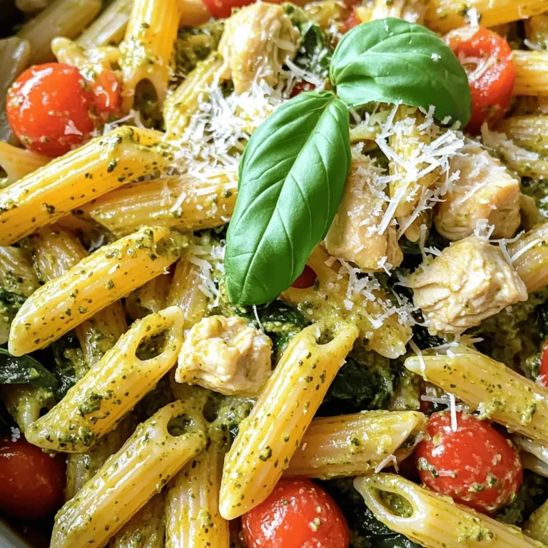 - 12 oz penne pasta - 2 tablespoons olive oil - 1 pound boneless, skinless chicken breasts, diced - 3 cloves garlic, minced - 1 cup cherry tomatoes, halved - 1 cup fresh spinach - 1 cup heavy cream - 1/2 cup pesto sauce - 1/2 cup grated Parmesan cheese - Salt and pepper to taste The main ingredients create a rich and creamy flavor. The penne pasta acts as a perfect base. The chicken adds protein, and the garlic brings a great aroma. Cherry tomatoes give a burst of sweetness, while spinach adds color and nutrition. Heavy cream makes the sauce smooth and luscious. Pesto sauce adds fresh herb notes, and Parmesan ties it all together with richness. - Large pot or Dutch oven - Wooden spoon or spatula - Knife and cutting board - Measuring cups and spoons Having the right tools helps make cooking easy. A large pot or Dutch oven lets you cook everything in one place. A wooden spoon or spatula helps stir the ingredients well. A sharp knife and a cutting board make chopping safe and simple. Measuring cups and spoons ensure you get the right amounts. - Fresh basil leaves - Extra grated Parmesan cheese Garnishes make the dish look nice and add flavor. Fresh basil leaves add a pop of color and freshness. Extra grated Parmesan gives a rich, cheesy finish. You can choose to add these based on your taste. Start by heating 2 tablespoons of olive oil in a large pot over medium heat. Once the oil is hot, add 1 pound of diced chicken breasts. Cook the chicken for about 5-7 minutes. Make sure it turns brown and is cooked through. Season it with salt and pepper to add flavor. When done, remove the chicken and set it aside. Next, add 3 cloves of minced garlic to the pot. Sauté it for about a minute until it smells great. Then, toss in 1 cup of halved cherry tomatoes. Cook them for 2-3 minutes until they soften a bit. Pour in 1 cup of heavy cream, and add 1/2 cup of pesto sauce. Stir everything well to mix. Bring this mixture to a gentle simmer. Now, add 12 ounces of penne pasta directly into the pot. Make sure the pasta is submerged in the sauce. If needed, add 2 cups of water to cover the pasta. Bring the pot to a boil. Once boiling, lower the heat and cover the pot. Let it simmer for about 12-15 minutes. Stir it occasionally until the pasta is al dente. After cooking, mix in 1 cup of fresh spinach and 1/2 cup of grated Parmesan cheese. Stir until the spinach wilts and the cheese melts. Adjust the taste with salt and pepper if needed. Let it sit for a few minutes before serving. To get the best creamy sauce, use heavy cream. It makes the sauce rich and smooth. If you want more flavor, add a little more pesto. This will enhance the taste. Stir well to combine all the flavors. Let the sauce simmer. This helps it thicken and become even creamier. Cooking the penne just right is key. Start by boiling water in your pot. Add a pinch of salt for flavor. When the water boils, add the penne. Stir it well to prevent sticking. Cook it for 12-15 minutes, stirring occasionally. Taste it a minute before the time is up. You want it firm but not hard. When serving, use a big bowl. This makes it easy to mix and show off the dish. Top with fresh basil leaves for a pop of color. A sprinkle of extra Parmesan cheese adds flavor too. Serve it hot and enjoy your meal! {{image_2}} You can swap chicken for other proteins. Try diced turkey or shrimp for a twist. Tofu works well for a plant-based meal. Just cook it until it's golden. You can also use pre-cooked chicken to save time. While penne is great, you have choices! Fusilli, rotini, or farfalle all work nicely. Gluten-free pasta is also an option if needed. Just adjust your cooking time as pasta shapes vary. Want to boost flavor? Add a splash of lemon juice for brightness. You can include red pepper flakes for heat. Fresh herbs like thyme or oregano add depth too. Try sun-dried tomatoes for a sweet, tangy kick. To store leftovers of your One-Pot Creamy Pesto Chicken Penne, let it cool first. Once cool, transfer it to an airtight container. It will stay fresh in the fridge for up to three days. Make sure to label the container with the date. This way, you won’t forget when you made it. When you’re ready to enjoy your leftovers, reheat them on the stove or in the microwave. If using the stove, place the dish in a pan over low heat. Add a splash of water or cream to keep it creamy. Stir often until warmed through. If using the microwave, cover it and heat in short bursts. Stir in between to ensure even heating. You can also freeze this dish for later. Place cooled portions in freezer-safe containers or bags. Squeeze out as much air as possible before sealing. It will last up to three months in the freezer. To reheat, let it thaw overnight in the fridge. Then, follow the reheating tips above. Enjoy your tasty meal again! Yes, you can use whole wheat penne. Whole wheat pasta adds fiber and is healthier. It cooks slightly different, so check the package for timing. Whole wheat penne may have a nuttier flavor, which complements the dish well. To lighten this dish, you can swap heavy cream for milk or a non-dairy option. Use less pesto for fewer calories. Adding more vegetables, like zucchini or bell peppers, boosts nutrition too. You can also reduce the amount of cheese. You can replace heavy cream with half-and-half or whole milk mixed with a bit of flour. Coconut milk is a great non-dairy choice too. For a lighter option, use Greek yogurt, but add it at the end to avoid curdling. You now have a clear plan to make a delicious pasta dish. We covered the main ingredients, essential tools, and garnishes. I shared step-by-step cooking instructions, tips for a creamy sauce, and how to store leftovers. We also explored variations for chicken and pasta. Remember, cooking can be fun and easy! Use your creativity to make this dish your own. Following these guidelines will ensure you enjoy every bite. Happy cooking!