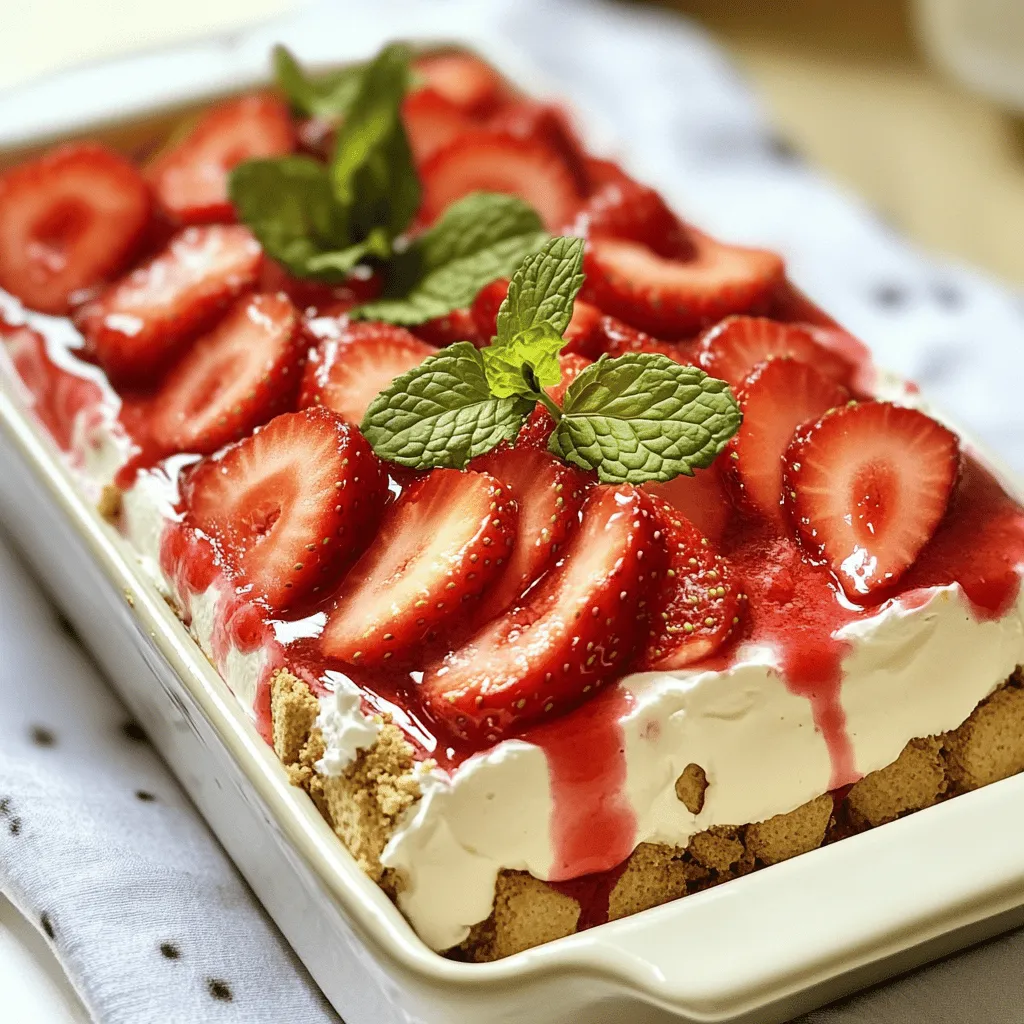 - 16 ounces cream cheese, softened - 1 cup powdered sugar - 1 teaspoon vanilla extract - 2 cups heavy whipping cream - 1 cup fresh strawberries, sliced - 1 box graham crackers (about 14 oz) - 2 cups strawberry puree (made from fresh strawberries) - Fresh mint leaves for garnish For this Strawberry Cheesecake Icebox Cake, each ingredient plays a vital role. Let's break them down. Cream cheese gives our cake its rich and creamy base. It should be softened, so it mixes well. Powdered sugar adds the sweetness we crave. Just one cup balances the flavors nicely. A hint of vanilla extract brings warmth and depth to the cream cheese. Heavy whipping cream is key for that light and airy texture. We need two cups, whipped to stiff peaks. This step helps the cake feel fluffy. Fresh strawberries add brightness and flavor. Use one cup, sliced, for the best taste. Next, we have graham crackers, about 14 ounces. They create the crunchy layers. Don’t forget the strawberry puree—two cups made from fresh strawberries. This adds moisture and sweetness. Lastly, fresh mint leaves make a lovely garnish. They add a pop of color and fresh taste. Each ingredient works together to create a delightful treat that’s as pleasing to the eye as it is to the palate. To make the filling, start with the cream cheese. In a large bowl, beat the softened cream cheese until smooth. Then, add the powdered sugar and vanilla. Mix well until fully combined. Next, take another bowl and whip the heavy cream until it forms stiff peaks. Gently fold this whipped cream into the cream cheese mixture. This step is key; it makes your filling light and fluffy. Now, let's assemble the cake. First, spread a layer of strawberry puree on the bottom of your baking dish. This helps keep the graham crackers from sticking. Next, place a layer of graham crackers on top. Break them as needed to fit the dish. Then, spread half of the cheesecake filling over the crackers. Add a layer of sliced strawberries next. Drizzle some strawberry puree over the berries to keep them moist. Repeat this layering. Add another layer of graham crackers, then the rest of the cheesecake filling, more sliced strawberries, and another drizzle of puree. Finish with a last layer of graham crackers on top. Use any remaining filling to cover it. Smooth the top with a spatula. Now, cover your dish with plastic wrap or a lid. Refrigerate for at least four hours, but for the best results, chill it overnight. This waiting time allows the flavors to blend and the cake to set. When ready, slice into squares and serve cold. To get the best texture for your cheesecake filling, focus on the cream cheese first. Use an electric mixer to beat the cream cheese until it is smooth. This step is key. After that, slowly add in the powdered sugar and vanilla extract. Mix until everything is well combined. When whipping the heavy cream, make sure to beat it until it forms stiff peaks. This gives your cake a light and fluffy texture. Gently fold the whipped cream into the cream cheese mixture. This method keeps air in the mix, which is important for the final texture. To prevent soggy graham crackers, start with a thin layer of strawberry puree on the bottom. This helps keep moisture at bay. When layering the crackers, avoid soaking them in the puree. Instead, place them directly over the puree layer. This way, they stay crunchy and provide a nice contrast to the creamy filling. When serving your strawberry cheesecake icebox cake, cut it into squares for easy portions. Use a sharp knife and wipe it clean between each cut. This keeps the edges neat and pretty. For an attractive presentation, place each square on a dessert plate. To make your cake even more appealing, garnish it with fresh mint leaves on top. Add extra sliced strawberries around the cake. These touches not only enhance the look but also boost the flavors. You can also drizzle some more strawberry puree on top for a pop of color. {{image_2}} You can easily change the flavor of this icebox cake. For a new taste, try different fruit purees. Mango, raspberry, or blueberry puree works well. Each fruit brings its unique sweetness and color. You can also add chocolate for a rich twist. Just mix some melted chocolate into the cream cheese filling. Chopped nuts like almonds or walnuts can add a nice crunch too. Layer them between the graham crackers for extra texture. If you want a lighter version, use low-fat cream cheese and whipped cream. This keeps the taste but cuts calories. For a vegan option, you can find plant-based cream cheese. Coconut cream is a great substitute for whipped cream. Just chill it first and whip until fluffy. These swaps help you enjoy this treat while staying healthy. To keep your Strawberry Cheesecake Icebox Cake fresh, refrigerate it right away. Cover it with plastic wrap or a lid to avoid drying out. This cake loves the cold, so make sure it stays chilled. You can store it in the fridge for easy access to a sweet snack. If you want to freeze the cake, cut it into slices first. Wrap each piece in plastic wrap and then place them in a freezer-safe bag. This will help keep them fresh. When ready to eat, take out a slice and let it thaw in the fridge overnight. This way, the flavors stay intact and it tastes just as good. This delicious cake will last about 3 to 5 days in the fridge. After that, the quality may drop. You want to enjoy it while it's fresh and tasty. Keep an eye out for signs of spoilage. If you see any mold or the cake smells off, it’s best to toss it. The strawberries can turn mushy, so check for any changes there too. Proper storage helps you enjoy this delightful treat for as long as possible. Can I use frozen strawberries instead of fresh? Yes, you can use frozen strawberries. Thaw them first and drain excess water. This helps keep your cake from getting soggy. How do I make strawberry puree? To make strawberry puree, blend fresh strawberries in a blender until smooth. You can strain it if you want a smoother texture. Can I prepare this cake in advance? Absolutely! This cake is perfect for making ahead of time. Just store it in the fridge for at least 4 hours or overnight for the best flavor. What is the best way to cut the cake for serving? Use a sharp knife to cut the cake. It helps to dip the knife in warm water first. This way, you get clean slices. What makes this cake an icebox cake? This cake is an icebox cake because it needs chilling to set. The layers soften the graham crackers, making them easy to slice. Can I customize the recipe for dietary restrictions? Yes, you can customize it. Use gluten-free graham crackers or a dairy-free cream cheese for a vegan option. Just make sure to adjust the other ingredients accordingly. This blog post covered making a delicious strawberry icebox cake. You learned about essential ingredients like cream cheese and fresh strawberries. I shared step-by-step instructions for preparing and layering the cake. You gained tips for perfect texture and serving suggestions to impress your guests. Variations and storage tips help you customize your cake and keep it fresh. With this knowledge, you can create a delightful dessert that’s easy and tasty. Enjoy your baking adventure!