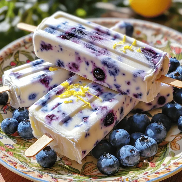 I love using fresh blueberries in this recipe. They add a sweet and tangy flavor. You will need 2 cups of them. Wash them well before using. Fresh berries give the best taste. For yogurt, you can pick either Greek or regular. Both work great! I recommend 1 cup of plain yogurt. Greek yogurt gives a thicker texture, while regular yogurt is creamier. Choose what you enjoy more. You can sweeten these pops with either honey or maple syrup. I suggest using 1/2 cup. Honey offers a floral taste, while maple syrup adds a rich flavor. Adjust it to your taste. Lemon juice and zest are key for a bright taste. Use 1/4 cup of fresh lemon juice and zest from 1 lemon. This adds a refreshing zing to every bite. Make sure to use fresh lemons for the best flavor. If you want a thinner popsicle, add 1/2 cup of water. This is optional and can help if you like a softer texture. Just blend it with the other ingredients for smoothness. Start with fresh blueberries. Wash them well in cold water. In a blender, add 2 cups of the blueberries. Next, add 1 cup of plain yogurt. You can use Greek or regular yogurt, based on your taste. Then, pour in 1/2 cup of honey or maple syrup for sweetness. Squeeze in 1/4 cup of freshly squeezed lemon juice. Finally, add the zest of 1 lemon for extra flavor. If you want a thinner popsicle, add 1/2 cup of water. Blend the mixture on high until it is smooth and creamy. Make sure all the blueberries are well mixed in. If you find it too thick, add a bit more water and blend again. Taste the mixture; if you want it sweeter, add more honey or maple syrup. Blend once more to mix in any extra sweetener evenly. Grab your popsicle molds. Carefully pour the blueberry mixture into each mold. Leave some space at the top, as the mixture will expand when it freezes. Once filled, insert popsicle sticks into each mold. Place the molds in the freezer and let them freeze for at least 4 to 6 hours, or until solid. To get the popsicles out, run warm water over the outside of the molds for a few seconds. This helps loosen them. Then, gently pull the popsicles out of the molds. If they stick, try twisting the mold a bit. Serve them right away or store them in a freezer bag for later. Enjoy your refreshing blueberry lemon yogurt popsicles! You can change the sweetness of your popsicles. Start with half a cup of honey or maple syrup. Blend it in with the other ingredients. Taste the mix. If you want it sweeter, add more sweetener. Just remember, the flavor will change as it freezes. The creaminess of your popsicle is key. Use plain yogurt for a rich taste. If you want a thinner popsicle, add up to half a cup of water. Blend until smooth. The smoother the mix, the creamier the popsicle will be. Make your popsicles look as good as they taste. Place them on a bright plate. Add fresh blueberries and some lemon zest on top. This will give a lovely touch. You can also serve them in clear cups for a fun look. Enjoy your colorful, tasty treat! {{image_2}} You can mix in other berries for fun flavors. Try strawberries, raspberries, or blackberries. Each berry adds its own unique taste. For example, strawberries lend sweetness, while raspberries add tang. Blend your chosen berries with blueberries for a colorful treat. Use the same amount as the blueberries in the recipe. You will create a new favorite popsicle. If you prefer not to use dairy, choose non-dairy yogurt. Options like coconut or almond yogurt work well. They give a creamy texture and a hint of flavor. Just make sure to select plain, unsweetened yogurt. This keeps the balance between tart and sweet. Follow the same recipe steps, and you’ll have a tasty treat for everyone. For a burst of freshness, add mint leaves to your mix. Just a few leaves will brighten the flavor. You can also add a splash of vanilla extract. This gives a warm, sweet note that pairs well with lemon. Start with one teaspoon of vanilla or a few mint leaves. Blend them into your mixture for a delightful twist. Explore these options to make your popsicles even more exciting! To keep your blueberry lemon yogurt popsicles fresh, store them in airtight containers. This prevents freezer burn and keeps them tasting great. I recommend using popsicle molds with lids. If you don't have those, wrap each popsicle in plastic wrap. Make sure to seal them tightly. These popsicles can last up to two months in the freezer. After that, they might lose some flavor. Always label the container with the date. This helps you keep track of how long they have been stored. Ice crystals can form on popsicles, making them icy and less appealing. To avoid this, here's what I do: - Use fresh ingredients. Fresh blueberries and yogurt help create a creamy texture. - Leave space in the molds. This allows the mixture to expand without breaking. - Freeze quickly. The faster they freeze, the less ice will form. Try to keep your freezer at 0°F (-18°C) or lower. By following these tips, you'll enjoy smooth, tasty popsicles every time! Yes, you can use frozen blueberries. They work well in this recipe. Just let them thaw a bit before blending. This helps them mix smoothly. Frozen blueberries can sometimes be sweeter, so taste first. You might need less sweetener. Popsicles are fully frozen when they feel hard. Check them after about 4-6 hours. If they are solid all the way through, they are ready. You can also gently pull one out to test. If it slides out easily, they are done. Yogurt popsicles are healthy treats. They offer protein from the yogurt. They also have calcium for strong bones. Blueberries are full of antioxidants, which are good for you. Honey provides natural sweetness. This snack is low in fat and guilt-free. Yes, there are allergy-friendly options. Use coconut yogurt for a dairy-free version. Maple syrup is a great substitute for anyone avoiding honey. If you have berry allergies, try bananas or mangoes instead. Always check labels to avoid allergens. Absolutely! You can use limes, oranges, or grapefruits. Each fruit adds its unique taste. Adjust the amount of sweetener based on the fruit's tartness. This way, you can create your flavor combinations that excite your taste buds. In this article, we explored how to make delicious blueberry yogurt popsicles. We covered fresh ingredients, easy steps to blend and freeze, and tips for the best results. Remember, you can customize them with different fruits or adjust sweetness. These popsicles not only taste great but also provide a healthy snack option. With simple storage tips, you can enjoy them longer. Overall, making your own blueberry popsicles is fun and rewarding. Enjoy creating these tasty treats!