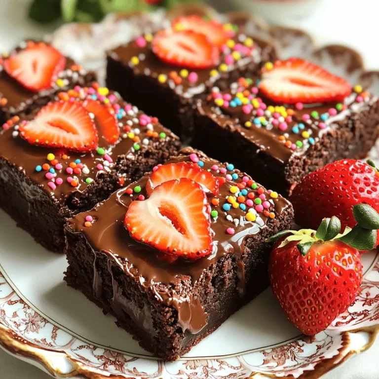 - 1 cup unsalted butter (2 sticks) - 2 cups granulated sugar - 4 large eggs - 1 teaspoon vanilla extract - 1 cup all-purpose flour - 1 cup cocoa powder - 1/2 teaspoon baking powder - 1/4 teaspoon salt - 1 cup fresh strawberries, hulled and sliced - 1 cup semi-sweet chocolate chips - 1/2 cup heavy cream (for ganache) - 1 cup additional strawberries (for topping) - Sprinkles (optional, for decoration) To make these brownies, I use simple, fresh ingredients. Unsalted butter gives the brownies a rich taste. Granulated sugar makes them sweet and soft. The eggs add moisture and help bind everything together. Vanilla extract brings a lovely flavor. All-purpose flour and cocoa powder form the base of the brownies. Baking powder helps them rise. A pinch of salt balances the sweetness. Fresh strawberries offer a burst of flavor. Semi-sweet chocolate chips enhance the chocolatey goodness. Heavy cream creates a smooth ganache. And sprinkles? They just make everything look fun! - Vegan alternatives: Use coconut oil and flax eggs instead of butter and eggs. - Gluten-free options: Substitute all-purpose flour with almond flour or a gluten-free blend. These swaps keep the brownies tasty for everyone. Whether you want vegan treats or gluten-free bites, you can enjoy this recipe. Have fun experimenting! First, preheat your oven to 350°F (175°C). This step helps the brownies bake evenly. Next, take a 9x13 inch baking pan. Grease it and line it with parchment paper, leaving some overhang. This makes it easy to lift the brownies out later. Now, let’s melt the butter. In a medium saucepan, place 1 cup of unsalted butter over low heat. Stir it gently until melted. Once melted, take it off the heat and let it cool a bit. After cooling, mix in 2 cups of granulated sugar. Combine them well until smooth. Next, add 4 large eggs, one at a time. Mix well after each addition. Then, stir in 1 teaspoon of vanilla extract until everything is blended nicely. In a separate bowl, sift together 1 cup of all-purpose flour, 1 cup of cocoa powder, 1/2 teaspoon of baking powder, and 1/4 teaspoon of salt. This step makes the brownies light and fluffy. Slowly add the dry mix to the wet mix. Stir until just combined; don't overmix. Now, it’s time for the star ingredient: strawberries! Fold in 1 cup of hulled and sliced fresh strawberries gently. Make sure they are evenly spread in the batter. This adds a burst of flavor to your brownies. Next, pour the brownie batter into the prepared pan. Spread it out evenly with a spatula. Place the pan in your preheated oven. Bake for 25 to 30 minutes. To check if they are done, insert a toothpick in the center. It should come out with a few moist crumbs. Once baked, let the brownies cool in the pan for about 10 minutes. Use the parchment paper to lift them out carefully. Allow them to cool completely on a wire rack before adding the ganache. This cooling step is key for perfect brownies. To ensure even baking, always preheat your oven. This helps the brownies rise and bake well. Use a 9x13 inch pan and line it with parchment paper for easy removal. Check the brownies a few minutes before the time ends. Insert a toothpick in the center. If it comes out with a few moist crumbs, they are done. For the best brownie texture, mix the wet and dry ingredients gently. Over-mixing can lead to tough brownies. Fold in the sliced strawberries carefully, so they stay intact. This adds moisture and flavor. To achieve the perfect chocolate ganache consistency, heat the heavy cream until it simmers. Remove it from the heat before adding chocolate chips. Stir until smooth. If it feels too thin, let it cool for a bit before using it. For an even coating, pour the ganache over the cooled brownies. Use a spatula to spread it out. This creates a smooth layer. Be sure to let it set before slicing. For special occasions, serve the brownies on a decorative platter. Place fresh whole strawberries beside them for a pop of color. A light dusting of powdered sugar adds a nice touch, too! Pair these brownies with a glass of cold milk or a cup of hot coffee. The rich chocolate flavor works well with both. You can also top them with whipped cream or a scoop of vanilla ice cream for extra delight. {{image_2}} For a vegan version of these brownies, we can swap out a few key ingredients. - Butter: Use coconut oil or vegan butter. Both options work well and keep the brownies rich. - Eggs: Replace each egg with 1/4 cup of unsweetened applesauce or a flax egg (1 tablespoon ground flaxseed mixed with 2.5 tablespoons water). - Heavy Cream: Use full-fat coconut milk for the ganache. It gives a creamy texture without dairy. These changes will create delicious vegan brownies that everyone can enjoy. If you need gluten-free brownies, there are easy swaps to make. - Flour: Substitute all-purpose flour with a gluten-free blend. Look for one that has xanthan gum in it, which helps with texture. - Baking Powder: Ensure your baking powder is labeled gluten-free to avoid any issues. - Mixing: Follow the same mixing steps, but be careful not to overmix the batter. This keeps the brownies light and chewy. With these swaps, you can enjoy chocolate-covered strawberry brownies without gluten. You can get creative with flavors and toppings for these brownies! - Toppings: Add crushed nuts, shredded coconut, or colorful sprinkles on top of the ganache for extra crunch and fun. - Mix-ins: Try folding in white chocolate chips or crushed cookies into the brownie batter. This adds unique flavors and textures. - Chocolate: Instead of semi-sweet chocolate, experiment with dark chocolate, milk chocolate, or even flavored chocolate. Each choice gives a new twist to the brownies. These variations let you personalize your brownies and impress your friends! To keep your brownies fresh, store them in an airtight container. This helps them stay moist. You can place parchment paper between layers to avoid sticking. Store at room temperature for the best taste. Keep them away from heat and light to maintain quality. If you want to keep brownies for longer, freezing works great. First, let them cool completely. Then, wrap each brownie tightly in plastic wrap. Place them in a freezer bag or container. This method helps prevent freezer burn. To defrost, take them out and let them sit at room temperature for around 30 minutes. Chocolate covered strawberry brownies can last quite a while. At room temperature, they stay fresh for about 3-4 days. If you store them in the fridge, they can last up to a week. When frozen, they can last up to 3 months. Just remember, the sooner you enjoy them, the better! You can use several common alternatives to unsalted butter. Here are some options: - Coconut oil: Use the same amount. It adds a slight coconut flavor. - Vegetable oil: This can replace butter in a 1:1 ratio. - Applesauce: Use half the amount of applesauce for a lighter brownie. - Vegan butter: Great for a dairy-free option. Use it in equal amounts. Each substitute may change the taste and texture, so choose based on your needs. Yes, you can make these brownies ahead of time. Here are some best practices: - Bake and cool: Make the brownies and let them cool completely. - Store: Keep them in an airtight container at room temperature for up to three days. - Ganache: You can prepare the ganache in advance too. Just reheat it slightly before pouring. - Freezing: For longer storage, wrap the brownies tightly and freeze. They can last up to three months. This way, you can enjoy them whenever you want! To get that dense, fudgy brownie texture, follow these tips: - Use less flour: Stick to the recipe's flour amount. Too much flour makes brownies cakey. - Don’t overmix: Mix just until combined when adding dry ingredients. This keeps them moist. - Use chocolate chips: Adding chocolate chips boosts the fudginess. - Bake slightly under: Take them out when a toothpick shows some moist crumbs. These steps help create that rich, fudgy bite everyone loves. To cut brownies neatly without crumbling, try these techniques: - Cool completely: Let the brownies cool fully before cutting. - Use a sharp knife: A clean, sharp knife makes cleaner cuts. - Warm the knife: Dip the knife in hot water and wipe it dry before cutting. This helps with smoother slices. - Cut in a grid: Make straight cuts, dividing them into squares for even pieces. These methods will give you perfect brownie squares every time. You now know how to make delicious chocolate covered strawberry brownies. We covered the key ingredients, step-by-step instructions, and helpful tips. Substitutions are available for vegan and gluten-free options. Remember to store your brownies correctly for lasting freshness. With these methods, you'll bake perfectly fudgy brownies every time. Try different flavors or toppings to make them your own. Enjoy sharing these treats with friends or family, and feel proud of your baking skills!