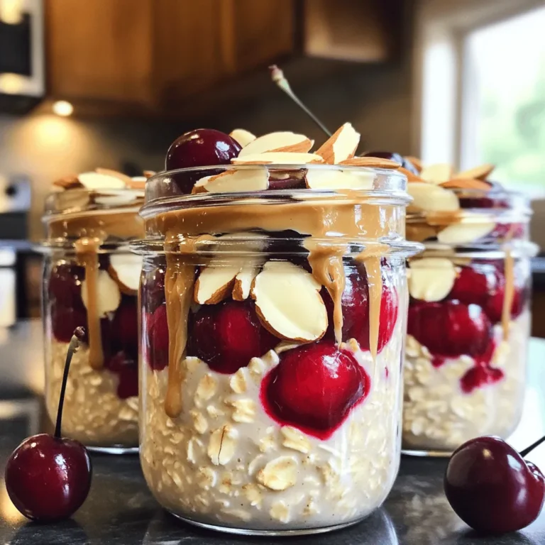 - 1 cup rolled oats - 1 ½ cups almond milk (or any milk of choice) - 1 cup fresh or frozen cherries, pitted and halved - ¼ cup almond butter - 2 tablespoons chia seeds - 2 tablespoons maple syrup (optional for sweetness) - 1 teaspoon vanilla extract - A pinch of salt - Sliced almonds for topping - Fresh cherries for garnish Each ingredient plays a special role in this recipe. - Rolled oats serve as the base. They soak up liquid and become soft. - Almond milk adds creaminess and a nutty taste. You can use any milk you like. - Cherries bring natural sweetness and a burst of flavor. They also add color. - Almond butter gives a rich, nutty taste and healthy fats. - Chia seeds help thicken the mixture and add fiber. They also boost nutrition. - Maple syrup adds sweetness, but it’s optional. - Vanilla extract enhances the flavor and aroma. - Salt balances the sweet flavors. - Sliced almonds provide crunch and extra nutty flavor. - Fresh cherries are for garnish and extra taste. You can easily swap some ingredients to fit your needs. - Oats: Try gluten-free oats for a gluten-free version. - Milk: Use coconut milk for a dairy-free option. - Almond butter: Sunflower seed butter works well for nut-free diets. - Cherries: Substitute with other fruits like blueberries or strawberries. - Chia seeds: Flaxseeds can be used instead if you don't have chia seeds. - Maple syrup: Honey or agave syrup can replace maple syrup if needed. These swaps keep the recipe tasty while meeting different dietary needs. First, gather your dry ingredients. You will need rolled oats, chia seeds, and a pinch of salt. In a large mixing bowl, add 1 cup of rolled oats. Then, add 2 tablespoons of chia seeds. The chia seeds will help thicken the oats and give them a nice texture. Finally, sprinkle in a pinch of salt. This will enhance the flavor of the oats. Stir these dry ingredients together until they mix well. Now, let’s move on to the liquid ingredients. In a separate bowl, combine 1 ½ cups of almond milk and ¼ cup of almond butter. Whisk them until smooth. If you want a bit of sweetness, add 2 tablespoons of maple syrup. You can skip this if you prefer less sugar. Then, add 1 teaspoon of vanilla extract for flavor. This mix will make your oats creamy and tasty. Next, pour the liquid mixture over your dry ingredients. Stir well to coat all the oats. Make sure every oat gets some of that creamy mixture. Now, gently fold in 1 cup of cherries. You can use fresh or frozen cherries. Distribute them evenly through the oats. Once mixed, divide the mixture into jars or bowls. Cover them with lids or plastic wrap. Place the jars in the fridge overnight or for at least 4 hours. This soaking time allows the oats to absorb the liquid and flavors. In the morning, stir the oats to combine any ingredients that may have settled. Top with sliced almonds and more fresh cherries before serving. Enjoy your delicious Cherry Almond Overnight Oats! To make great overnight oats, use rolled oats. They soak well and keep a nice chew. Avoid quick oats; they turn mushy. Mix your dry and wet ingredients in separate bowls first. This helps each part blend better. Remember to cover your jars tightly. This keeps the oats fresh and prevents spills. The key to creamy oats is the right milk. Almond milk works well but feel free to use any milk you like. The ratio of oats to liquid is important. For this recipe, I use 1 cup of oats and 1.5 cups of milk. This balance gives a nice, thick texture. If you want them creamier, add a bit more milk before serving. Stir them in the morning to mix any settled layers. Maple syrup adds a nice touch of sweetness. You can skip it if you prefer less sugar. For flavor, vanilla extract is a must. It brings a warm, sweet note to the oats. You could also try adding a pinch of cinnamon for extra warmth. If you want more fruit flavor, add some mashed banana or a handful of blueberries. Enjoy experimenting with different flavors! {{image_2}} You can change the flavor of your Cherry Almond Overnight Oats by adding seasonal fruits. In spring, try fresh strawberries or raspberries. In summer, peaches or blueberries work great. Autumn brings apples or pears, while winter is perfect for citrus fruits like oranges. Just chop the fruit and mix it in. It adds fun colors and new tastes. If you want to switch up the nut butter, several options work well. Peanut butter makes a creamy, rich flavor. Sunflower seed butter is a great choice for nut-free diets. Cashew butter brings a milder taste. Each nut butter adds a unique twist to the dish. You can even mix two types for extra creaminess. To make this recipe gluten-free, choose certified gluten-free rolled oats. These oats are safe for anyone with gluten allergies. You can also try quinoa flakes as a fun alternative. They add a different texture and flavor. Just make sure all other ingredients, like nut butter and milk, are gluten-free too. Enjoy your tasty and safe breakfast! You can store Cherry Almond Overnight Oats in jars or bowls. Use airtight containers. Make sure to cover them well. This keeps them fresh and tasty. Always place the oats in the fridge. They need to stay cold until you eat them. These oats last about 3 to 5 days in the fridge. After that, they might not taste good. Check for any changes in smell or texture. If they seem off, throw them away. To keep them fresh, don’t add toppings until you’re ready to eat. This way, the oats stay crunchy. You can freeze Cherry Almond Overnight Oats for up to 3 months. Portion them into small containers. Leave some space at the top for expansion. When you’re ready to eat, thaw them overnight in the fridge. This keeps the flavor and texture nice. Stir well after thawing for the best taste. Yes, you can use quick oats. Quick oats cook faster than rolled oats. They absorb liquid more quickly. This change can make your oats creamier and softer. However, the texture will be different. Rolled oats give a nice chew, which many enjoy. If you prefer a softer bite, quick oats work well. Cherry Almond Overnight Oats last up to five days in the fridge. Store them in airtight containers. This keeps them fresh and safe to eat. If you notice any change in smell or texture, toss them out. Always check for freshness before enjoying. Yes, this recipe can easily be made vegan. Use almond milk or any plant-based milk. Ensure the almond butter is also vegan. Maple syrup is already vegan-friendly, but you can skip it if you want. These simple swaps make this recipe perfect for a vegan diet. In this article, we explored overnight oats. We covered the key ingredients, their functions, and possible substitutions. You learned the step-by-step process of making the oats, plus tips for getting the perfect texture. We also discussed tasty variations and proper storage methods. Overnight oats are simple and can fit many diets. Enjoy making your own custom recipes while saving time on busy mornings. Happy mixing!