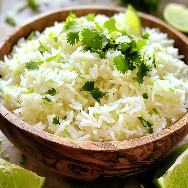 - 1 cup jasmine rice - 1 cup coconut milk - 1 cup water - 1 lime (zested and juiced) - 1 tablespoon brown sugar - 1/2 teaspoon salt - 1/4 cup fresh cilantro, chopped (optional, for garnish) - Lime wedges (for serving) To create Coconut Lime Rice, you will need a few simple ingredients. Jasmine rice is the base of this dish. You will also use coconut milk, which gives it a rich flavor. Water helps cook the rice, while lime adds a zesty touch. Brown sugar enhances the sweetness, and salt balances the flavors. For a fresh finish, you can add cilantro and serve with lime wedges. Gather these ingredients before starting. This makes the cooking process smooth. Each ingredient plays a role in making this rice delightful. The mix of creamy coconut and tangy lime creates a perfect side dish. You will love how easy it is to prepare! - Rinse the jasmine rice. This step is key. It helps remove extra starch. Rinsing makes the rice less sticky. Use cold water until it runs clear. - Combine ingredients in a saucepan. In a medium saucepan, add the rinsed rice, coconut milk, and water. Then, add lime zest, brown sugar, and salt. Stir well to mix everything. - Bring to a boil and simmer. Heat the mixture over medium flame. You want a gentle boil. Once it starts boiling, lower the heat to low. Cover the pan and let it simmer. Cook for about 15 to 18 minutes until the rice is soft and the liquid is gone. - Let rice sit after cooking. Once the rice is done, remove it from heat. Keep it covered for 5 more minutes. This steaming step makes the rice fluffy. - Fluff and mix in lime juice. After resting, take a fork and fluff the rice gently. Squeeze fresh lime juice into the rice. This adds a zesty kick. - Transfer to serving dish and garnish. Move the rice to a serving bowl. If you like, sprinkle fresh cilantro on top. Serve with lime wedges on the side for extra flavor. Rinsing your rice is key. It washes away extra starch. This step keeps the rice from being too sticky. You want fluffy grains, not a clump. Rinse until the water runs clear. This simple tip makes a big difference. You can adjust the sweetness of your rice with brown sugar. It adds a nice touch to the coconut flavor. Just one tablespoon is enough. If you like it sweeter, add a bit more. But, start small to find your perfect taste. To avoid mushy rice, keep the water ratio balanced. Use equal parts coconut milk and water. This mix gives the rice a creamy texture without turning it into a mushy mess. Also, don’t lift the lid while it cooks. Let it steam quietly for best results. Using fresh lime makes a big impact. The zest adds bright flavor. Juice it right before serving for the freshest taste. This little step enhances the whole dish. You’ll notice the difference! {{image_2}} You can swap jasmine rice for other types. Try basmati for a nutty taste. Long-grain white rice works well, too. For a healthier choice, use brown rice. It has a chewy texture and a richer flavor. Just note that brown rice takes longer to cook. You can add spices to boost the flavor. A pinch of cumin or turmeric can make it unique. Fresh herbs like basil or mint also add freshness. Incorporate vegetables to make it a full meal. Diced bell peppers or peas are great choices. You could even add proteins like grilled chicken or shrimp. This makes your coconut lime rice both tasty and filling. To store leftover coconut lime rice in the refrigerator, follow these steps: - Allow the rice to cool completely. - Place it in an airtight container. - Seal the container tightly to keep out air. You can store the rice for up to four days. When you're ready to eat it again, reheat it in the microwave. Add a splash of coconut milk or water for moisture. If you want to save coconut lime rice for future meals, freezing is a great option: - First, let the rice cool down. - Divide the rice into single-serving portions. - Place each portion in a freezer-safe bag or container. - Squeeze out as much air as possible before sealing. This rice can last up to three months in the freezer. To reheat, thaw it overnight in the fridge. Then, warm it in a pan or microwave, adding a bit of water to keep it moist. Enjoy the rice's bright flavors any time you crave a tropical touch! Can I make Coconut Lime Rice in advance? Yes, you can make Coconut Lime Rice ahead of time. Just cook it and let it cool. Store it in an airtight container in the fridge. It will stay good for up to four days. When ready to eat, reheat it in the microwave or on the stove. Add a splash of coconut milk to keep it moist. Is there a gluten-free version of this recipe? Absolutely! This Coconut Lime Rice recipe is naturally gluten-free. All the ingredients, like jasmine rice and coconut milk, do not contain gluten. Just make sure your brown sugar is gluten-free, as some brands might process it with gluten-containing items. What dishes pair well with Coconut Lime Rice? Coconut Lime Rice goes well with many dishes. Try it with grilled chicken or shrimp. It also pairs nicely with stir-fried vegetables or fish tacos. You can serve it alongside spicy curries for a great flavor balance. The rice adds a nice touch to any meal. Coconut lime rice is a simple, tasty dish. You learned all about its ingredients, steps, and variations. Rinsing the rice and adjusting sweet levels enhances flavor. Avoid mushy rice by following cooking tips. You can even store it for later use. Enjoy experimenting with the recipe. Try adding spices or proteins to make it unique. This dish pairs well with many meals, adding flair to your table. Dive in and enjoy your cooking journey!