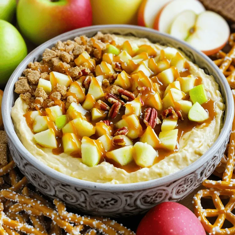 - 8 oz cream cheese, softened - 1/2 cup powdered sugar - 1 tsp vanilla extract - 1/2 cup sour cream - 1 cup caramel sauce - 1 large apple (Granny Smith or Honeycrisp) - 1/2 cup crushed graham crackers - 1/4 cup chopped pecans - Extra caramel sauce for drizzling Gather these ingredients before you start. The cream cheese gives the dip a rich base. The powdered sugar adds sweetness, while vanilla extract brings a lovely flavor. Sour cream makes it creamy and smooth. The caramel sauce is the star, adding that sweet, sticky goodness. You can make it even better with options. A diced apple adds crunch and flavor. Crushed graham crackers give a nice texture, like a crust. Chopped pecans add a nutty surprise. A drizzle of extra caramel on top makes it look stunning. This dip is easy to make. You can use store-bought caramel sauce or make your own. Either way, it will taste amazing! 1. Start by beating the softened cream cheese in a bowl. Use an electric mixer for best results. Mix until the cream cheese is smooth and creamy. 2. Gradually mix in the powdered sugar. Add the vanilla extract next. Keep mixing until they combine well. The goal is a sweet and creamy texture. 3. Now, add the sour cream to this mixture. Beat again until it is smooth. Make sure there are no lumps left in your dip. 1. Carefully fold in the diced apples. Use a spatula to mix them in gently. This helps keep the apples intact. 2. Spread the cream cheese mixture evenly in a serving dish. Make it nice and smooth on top for a good look. 3. Drizzle caramel sauce generously over the dip. Let it flow across the top for a sweet touch. 4. Sprinkle crushed graham crackers on top. If you like, add chopped pecans for extra crunch. 5. For a finishing touch, drizzle a bit more caramel sauce on top. This adds a final sweet note to your dip. To make this dip creamy, start with softened cream cheese. If it is too cold, the dip will be lumpy. Beat the cream cheese until it is smooth. Then, mix in the powdered sugar and vanilla. This step helps create a sweet base. When you add sour cream, blend until it is smooth. You want a fluffy texture. This makes the dip more enjoyable. When it’s time to fold in the apples, do it gently. Use a spatula to mix them in. Be careful not to break the apple pieces. You want them to stay intact for crunch. To serve, choose fun accompaniments. I like to use apple slices, pretzels, and vanilla wafers. These pair well with the dip. Arrange them around the dip to make it look pretty. For a creative touch, add a drizzle of extra caramel on top. You can also sprinkle crushed graham crackers for crunch. If you like nuts, chopped pecans work well too. They add a nice texture and flavor. {{image_2}} You can easily make this dip fit different diets. For a vegan version, swap the cream cheese and sour cream for non-dairy options. Look for vegan cream cheese and coconut yogurt. Both work well and keep the dip creamy. If gluten-free is your goal, choose gluten-free graham crackers. Many brands offer tasty options made from almond flour or oats. These alternatives will keep the dip just as delicious. You can add fun flavors to this dip. Spices like cinnamon and nutmeg give it warmth. Just a pinch can change the taste. Try it and see how much you love it! Using different apple types also adds a twist. Granny Smith apples offer a tart crunch. Honeycrisp apples are sweet and juicy. Mix and match to find your favorite flavor combo! To keep your caramel apple cheesecake dip fresh, store it in an airtight container. Make sure the lid is on tight to avoid any smells from the fridge. This dip is best enjoyed within three days. After that, the apples may start to brown, and the dip may lose its creamy texture. Can you freeze caramel apple cheesecake dip? Yes, you can freeze it, but the texture may change. If you decide to freeze it, use a freezer-safe container. Leave space at the top for expansion. When you are ready to enjoy it again, thaw it in the fridge overnight. Serve it cold, and give it a good stir to mix everything back together. Can I make this dip ahead of time? Yes, you can make this dip a day before. Just store it in the fridge. This will let the flavors blend well. What can I substitute for sour cream? You can use plain Greek yogurt or cottage cheese. Both options will keep the dip creamy. Is it possible to make this dip without caramel sauce? Yes, you can skip the caramel. Try adding honey or maple syrup instead. This will still give it a sweet touch. How long does the dip last in the fridge? The dip stays fresh for about 3 to 5 days in the fridge. Make sure to cover it tightly. Can I use other fruits besides apples? Yes, you can use pears or even berries. Just remember to chop them small so they mix well. This blog post covered how to make a tasty caramel apple cheesecake dip. We explored the main and optional ingredients, easy steps to prepare the dip, and tips to make it perfect. I shared serving ideas and variations for different diets. Plus, we talked about how to store leftovers. In my final thoughts, enjoy this dip at your next gathering. Have fun experimenting with flavors and toppings. You’ll impress everyone with this simple yet delicious dessert!