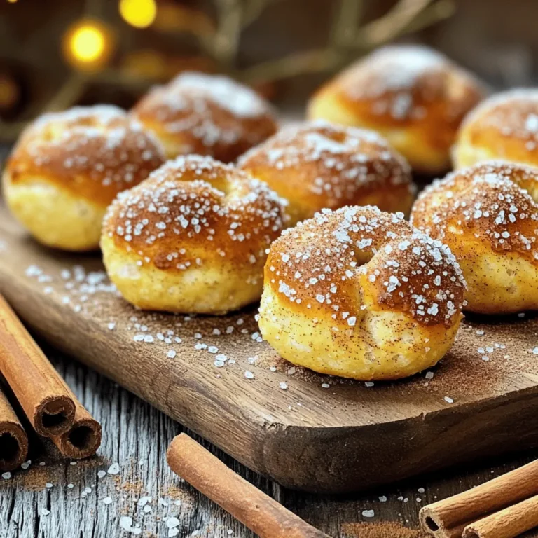 - 1 cup warm water (110°F to 115°F) - 1 packet (2 1/4 teaspoons) active dry yeast - 3 tablespoons granulated sugar, divided - 2 tablespoons unsalted butter, melted - 1 teaspoon salt - 3 cups all-purpose flour, plus extra for dusting - 1/4 cup baking soda - 1 large egg, beaten (for egg wash) - 1/2 cup granulated sugar (for cinnamon sugar coating) - 1 tablespoon ground cinnamon - Coarse sea salt for sprinkling To make my cinnamon sugar pretzel bites, you need simple ingredients. Warm water helps activate the yeast. It should be just right—not too hot. Active dry yeast is key for the dough to rise. You will use sugar in two ways: for the dough and to coat the pretzels later. Unsalted butter adds richness to the dough. Salt balances the flavor. All-purpose flour is the base for the dough, and you may need a bit more for dusting. Baking soda comes into play while boiling the bites. It helps create the chewy texture we love. The egg wash gives the pretzels a nice shine when baked. Ground cinnamon and sugar combine for that sweet coating. Finally, sprinkle coarse sea salt on top for flavor. Gather these ingredients, and you are ready to create a delicious snack! 1. Mix 1 cup of warm water with 2 1/4 teaspoons of active dry yeast and 1 tablespoon of sugar. 2. Let it sit for about 5 minutes. You want it to froth up nicely. This shows the yeast is active. 1. After the yeast is frothy, add 2 tablespoons of melted unsalted butter, 2 tablespoons of sugar, and 1 teaspoon of salt to the bowl. 2. Stir everything well. 3. Gradually add 3 cups of all-purpose flour. Do this one cup at a time. Mix until you form a soft dough. You may need a bit more flour or less, depending on the dough's look and feel. 4. Knead the dough on a floured surface for 5 to 7 minutes. It should feel smooth and elastic when you're done. 1. Place the kneaded dough in a lightly greased bowl. 2. Cover it with a kitchen towel. 3. Let it rise in a warm spot for about 1 hour. The dough should double in size during this time. 1. Preheat your oven to 425°F (218°C). 2. Line a baking sheet with parchment paper. 3. Once the dough has risen, punch it down gently. 4. Roll it into a log about 1 inch in diameter. 5. Cut the log into 1-inch pieces to form your pretzel bites. 1. In a large pot, bring 10 cups of water and 1/4 cup of baking soda to a boil. 2. Drop the pretzel bites into the boiling water in batches. 3. Boil each batch for 30 seconds. Use a slotted spoon to remove them and place them on the prepared baking sheet. 1. Brush each pretzel bite with a beaten egg. 2. Sprinkle them lightly with coarse sea salt. 3. Bake in the preheated oven for 12 to 15 minutes. They should turn golden brown. 4. While they bake, mix 1/2 cup of sugar with 1 tablespoon of ground cinnamon in a bowl. 5. Once the pretzel bites are done, toss them in the cinnamon sugar mixture until well coated. - Measuring flour accurately: Use a kitchen scale for the best results. If you don’t have one, spoon flour into your measuring cup and level it off with a knife. This keeps it light and fluffy. Too much flour can make the dough dense. - Kneading tips for elasticity: Knead the dough for about 5-7 minutes. Use your palms to push down and fold the dough. This builds gluten, which makes the pretzel bites chewy. If the dough feels too sticky, sprinkle a bit of flour while kneading. - Adjusting sugar and cinnamon ratios: For a sweeter bite, increase the sugar in the coating. You can also adjust the cinnamon to your taste. If you love cinnamon, use 2 tablespoons instead of 1. Taste the mixture before tossing to find your ideal balance. - How to check doneness of pretzel bites: Keep an eye on the color. The bites should be golden brown. You can also tap the bottom; it should sound hollow. If they need more time, check every minute until they look perfect. {{image_2}} You can add fun twists to your cinnamon sugar pretzel bites. Try these sweet toppings: - Chocolate-covered pretzel bites: Melt some chocolate and dip your bites for a rich treat. The sweet chocolate pairs well with the cinnamon flavor. - Caramel glaze option: Drizzle warm caramel over your pretzel bites. This adds a sticky sweetness that everyone loves. If you want to skip the sweet, go savory! Here are some tasty ideas: - Cheese-stuffed pretzel bites: Add your favorite cheese inside the dough before baking. The melted cheese will give a great surprise in each bite. - Garlic and herb seasoning: Mix garlic powder and dried herbs into the dough. This will create a savory flavor, perfect for dipping. Dipping sauces can take your pretzel bites to the next level. Consider these options: - Traditional mustard dip: A tangy mustard dip balances the sweetness. It adds a nice kick to the bites. - Creamy cheese sauce: Melted cheese sauce is always a hit. It’s perfect for those who love extra cheese with their snacks. To keep your pretzel bites fresh for 1-2 days, store them in an airtight container. Place a sheet of paper towel at the bottom to absorb moisture. This helps prevent sogginess. Keep the container in a cool, dry place, away from direct sunlight. Avoid refrigerating them, as this can make them tough. If you want to save pretzel bites for later, freezing is a great option. Allow them to cool completely after baking. Then, arrange them in a single layer on a baking sheet. Freeze for about 1 hour. Once frozen, transfer them to a freezer-safe bag or container. Remove as much air as possible before sealing. They can last in the freezer for up to 3 months. To restore freshness, reheat pretzel bites directly from the fridge or freezer. For frozen bites, preheat your oven to 350°F (175°C). Place the pretzel bites on a baking sheet and cover them with foil. Heat for 10-15 minutes if frozen, or about 5-8 minutes if refrigerated. This method keeps them soft and warm. You can also use an air fryer for 5-7 minutes at 350°F for a crispy finish. To make these tasty bites, start by mixing warm water, yeast, and sugar in a bowl. Let it sit for about five minutes until it bubbles. Then, add melted butter, salt, and more sugar to the mix. Gradually stir in flour until a soft dough forms. Knead the dough for five to seven minutes until smooth. Let it rise in a warm spot for about an hour, until it doubles in size. After rising, shape the dough into small bites, boil them in water mixed with baking soda for thirty seconds, and place them on a baking sheet. Brush with a beaten egg and sprinkle with coarse sea salt. Bake until golden, then coat in a sweet mix of cinnamon and sugar. Enjoy your warm, soft pretzel bites! Yes, you can use instant yeast! Just swap it in at the same amount. The main difference is that you can mix it directly into the flour without proofing it first. This can save you a little time. Just remember that instant yeast might make your dough rise a bit faster. Keep an eye on it while it rises. These pretzel bites pair well with many dips and sides. Try serving them with a creamy cheese sauce for a rich taste. Mustard is also a classic choice, adding a nice tang. For a sweet touch, offer a warm chocolate dip. You can even enjoy them plain; they’re delicious on their own! Making cinnamon sugar pretzel bites is fun and easy. You learned about the key ingredients and that the dough needs time to rise for the best flavor. We covered how to form, boil, and bake the bites perfectly. Try the tips for great texture and tasty variations. Store your pretzels the right way to enjoy them longer. Keep experimenting with flavors and dips, and you’ll impress everyone with your skills. Enjoy every bite you make!