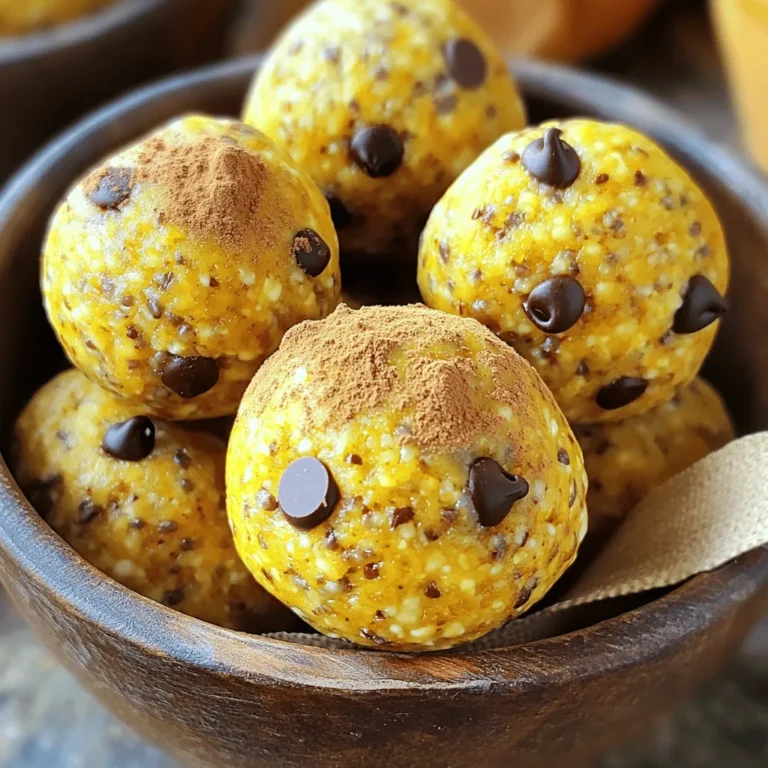- 1 cup rolled oats - 1/2 cup almond butter - 1/4 cup pumpkin puree - 1/4 cup maple syrup - 2 tablespoons ground flaxseed - 1 tablespoon chia seeds - 1 tablespoon pumpkin spice - 1 teaspoon vanilla extract - 1/2 cup chocolate chips (dairy-free if preferred) - Pinch of salt When you start making pumpkin spice latte energy balls, gather these simple ingredients. Rolled oats provide fiber and help bind the mixture. Almond butter adds healthy fat and protein. Pumpkin puree gives a rich flavor and moisture. Maple syrup adds sweetness and helps with binding. Ground flaxseed and chia seeds boost nutrition with omega-3s. Pumpkin spice gives that warm, cozy flavor we all love. The vanilla extract enhances the taste. Chocolate chips add a sweet surprise. Finally, a pinch of salt balances the sweetness and brings out the flavors. - Calories per serving: About 100 calories per energy ball. - Key vitamins and minerals: Rich in vitamin A from pumpkin, and magnesium and vitamin E from almond butter. - Health benefits of ingredients: - Rolled oats: Good for heart health and digestion. - Almond butter: Supports muscle growth and keeps you full. - Pumpkin puree: High in antioxidants and fiber. - Maple syrup: Natural sweetener with minerals. - Ground flaxseed and chia seeds: Great for digestion and heart health. - Pumpkin spice: Contains cinnamon, ginger, and nutmeg, which may help with inflammation. These energy balls are not just tasty; they also pack a punch of nutrition. Enjoy them as a quick snack to keep your energy up throughout the day. To start, grab a large mixing bowl. Combine these base ingredients: - 1 cup rolled oats - 1/2 cup almond butter - 1/4 cup pumpkin puree - 1/4 cup maple syrup - 1 teaspoon vanilla extract Mix these well until they blend smoothly. Next, add the spices. This includes: - 2 tablespoons ground flaxseed - 1 tablespoon chia seeds - 1 tablespoon pumpkin spice - A pinch of salt Stir again until everything is evenly mixed. The mix should smell like fall. Now, it's time to form the energy balls. Take small portions of the mixture. Use your hands to roll them into 1-inch balls. Aim for uniform size, as this helps them chill evenly. Make sure they are well-formed and compact. Chilling is key for these energy balls. It helps them firm up and hold their shape. Place the energy balls on a plate lined with parchment paper. Refrigerate them for at least 30 minutes. This step is important to ensure the right texture. After they chill, store them in an airtight container. They can last in the fridge for up to a week. To make the best energy balls, texture is key. You want them chewy but not too dry. If the mix feels too dry, add a splash of maple syrup or a bit more almond butter. If it’s too wet, sprinkle in more oats. Stickiness can be a problem. To avoid this, wet your hands with water before rolling the balls. This simple trick helps keep the mixture from sticking to your fingers. Presentation matters. Serve your energy balls in a clear jar tied with a ribbon. This looks great and makes them easy to grab. You can also place them in a rustic bowl and sprinkle a bit of pumpkin spice on top for a warm touch. Pair these energy balls with a warm drink. They go well with coffee, tea, or even a hot chocolate. The flavors blend nicely and make for a cozy snack moment. Feel free to switch up the ingredients. If you don’t have almond butter, try peanut butter or sunflower seed butter instead. This keeps the recipe fun and unique. Want extra flavor? Add some chopped nuts or dried fruit. You can also try a pinch of cinnamon for an extra kick. Mix and match to find your perfect blend! {{image_2}} You can make your Pumpkin Spice Latte Energy Balls even more fun. Adding cranberries gives a sweet and tart kick. Chopped nuts add crunch and protein. You can also mix in holiday spices like nutmeg or ginger for a warm twist. These small changes keep your snack fresh and exciting. If you need gluten-free options, choose certified gluten-free oats. For vegan or dairy-free versions, use plant-based chocolate chips and almond butter. This way, everyone can enjoy these tasty treats. You can also replace maple syrup with agave nectar for extra sweetness. Don’t be afraid to experiment with different nut butters. Cashew or peanut butter can change the flavor profile. For sweeteners, try honey or coconut sugar. Each choice will give you a unique taste while keeping the energy balls delicious and healthy. Store your pumpkin spice latte energy balls in airtight containers. This keeps them fresh and tasty. I recommend using glass jars or plastic containers that seal well. Always refrigerate them after making. The cool temperature helps maintain their texture and flavor. In the fridge, these energy balls can last up to one week. If you want to keep them longer, freezing is a great option. To freeze, place the balls in a single layer on a baking sheet. Once they are firm, transfer them to an airtight container or freezer bag. They can last up to three months in the freezer. To tell if your energy balls are still good, look for any off smells or mold. If they feel slimy or change color, it’s best to toss them. When in doubt, it's safer to throw them out. Always use clean hands when handling them to avoid contamination. Enjoy your energy balls fresh and safe! Pumpkin spice latte energy balls are tasty, no-bake snacks. They combine oats, almond butter, and pumpkin puree. This mix gives you a boost of energy. Each ball is packed with warm spices and chocolate chips. They are perfect for a quick snack or a sweet treat. These energy balls can last in the fridge for up to a week. Store them in an airtight container. If you want them to last longer, you can freeze them. Just make sure to label the container with the date. Yes, you can change the recipe to fit your taste. For the nut butter, try peanut butter or cashew butter. You can also swap out the chocolate chips for dried fruit. Adding nuts or seeds can give them a nice crunch too. Be playful and make it your own! Absolutely! These energy balls are a healthy snack choice. They are full of fiber from oats and flaxseed. Almond butter provides healthy fats and protein. Pumpkin puree is rich in vitamins and antioxidants. This snack gives you energy without empty calories. Enjoy guilt-free! In this article, we explored how to make delicious pumpkin spice energy balls. We covered the key ingredients, their nutrition, and the step-by-step process. You learned tips for perfecting the texture and how to customize flavors. We also discussed storage options and signs of spoilage. These energy balls are a tasty, healthy snack. Try them out and enjoy experimenting with your own flavors!
