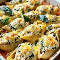 For tasty Chicken and Spinach Stuffed Shells, gather these key ingredients: - 20 jumbo pasta shells - 2 cups cooked chicken, shredded - 1 cup ricotta cheese - 1 cup shredded mozzarella cheese - 1 cup fresh spinach, chopped - 1/2 cup grated Parmesan cheese - 1 garlic clove, minced - 1 teaspoon Italian seasoning - 1/2 teaspoon salt - 1/4 teaspoon black pepper - 1 cup marinara sauce - Fresh basil leaves for garnish (optional) To make this dish, you will need a few essential tools: - Large pot for boiling pasta - Mixing bowl for filling - Baking dish for final cooking - Spoon for filling shells - Aluminum foil for covering Choosing fresh ingredients boosts flavor. Here are some tips: - Chicken: Look for cooked chicken that is moist and tender. - Spinach: Select bright green leaves, free from wilting. - Cheese: Opt for fresh ricotta and mozzarella for the best texture. - Garlic: Choose firm cloves that smell strong and fragrant. - Herbs: Fresh basil adds a nice touch. Inspect for vibrant color. Start by boiling 20 jumbo pasta shells in a big pot of salted water. Cook them until they are al dente, which takes about 8-10 minutes. Once cooked, drain them well and let them cool down. It is key to not overcook them, or they will break when you fill them. In a large mixing bowl, mix together the following ingredients: - 2 cups cooked chicken, shredded - 1 cup ricotta cheese - 1 cup shredded mozzarella cheese (use half for this step) - 1 cup fresh spinach, chopped - 1/2 cup grated Parmesan cheese - 1 garlic clove, minced - 1 teaspoon Italian seasoning - 1/2 teaspoon salt - 1/4 teaspoon black pepper Stir until everything is well combined. This filling adds rich flavor and creamy texture to the shells. Spoon about 2 tablespoons of the chicken and spinach filling into each shell. Make sure to pack it gently but firmly. This helps keep the filling inside while baking. In a baking dish, spread 1/2 cup of marinara sauce evenly at the bottom. Next, place the stuffed shells in the dish with the seam side up. Pour the remaining marinara sauce over the top. Then, sprinkle the rest of the mozzarella cheese across the shells. Cover the dish with aluminum foil. Bake at 375°F (190°C) for 25 minutes. This helps the flavors meld together. After 25 minutes, take off the foil and bake for another 10-15 minutes until the cheese is bubbly and golden. Let the dish cool for a few minutes before serving. If you want, garnish with fresh basil leaves for a nice touch. Enjoy your meal! To get a great cheese melt, use fresh mozzarella. Fresh cheese melts better than pre-shredded. Shred it yourself for the best texture. Place the cheese on top right before baking. Cover the dish with foil for the first part of baking. This keeps moisture in and helps the cheese melt evenly. Remove the foil later to brown the top. To stop pasta shells from sticking, first, use plenty of water when boiling. Add a pinch of salt for flavor. Stir the shells gently while they cook. This keeps them moving and prevents sticking. Once done, rinse them in cold water. This stops the cooking and cools them down. Be gentle when handling them to keep their shape. You can change some ingredients if you need to. Use ricotta cheese or cottage cheese for creaminess. If you want less meat, try more spinach or add mushrooms. For those who like spice, add crushed red pepper or Italian herbs. You can also swap marinara for a white sauce or pesto. Get creative! {{image_2}} You can easily make a vegetarian version of chicken and spinach stuffed shells. Simply swap the chicken for more spinach or add mushrooms and zucchini. These veggies bring great texture and flavor. Use ricotta cheese and mozzarella as the base. You can also add some sautéed onions and bell peppers for extra taste. These changes keep the dish rich and satisfying without meat. If you want to try different proteins, you have many options. Ground turkey or beef works well. You can use shredded rotisserie chicken for quick prep. For a unique twist, try adding crab or shrimp. Each protein brings its own flavor. Just ensure to season your filling well to match the protein you pick. This way, you keep the taste balanced and delicious. To boost the flavor, think about adding spices or herbs. A pinch of red pepper flakes can add heat. Fresh herbs like parsley or thyme can brighten up the dish. You can also experiment with different cheese blends. Mixing in some feta or goat cheese adds a tangy bite. Don’t forget about lemon zest for a fresh kick. These tweaks make your stuffed shells even more enjoyable and exciting! After enjoying your meal, let the stuffed shells cool down. Place them in an airtight container. This keeps them fresh for up to three days in the fridge. If you want to maintain their taste, cover each shell with plastic wrap first. This helps prevent drying out. To reheat, preheat your oven to 350°F (175°C). Place the shells in a baking dish. Add a spoonful of marinara sauce on top to keep them moist. Cover the dish with foil. Bake for about 15-20 minutes. You can also microwave them. Place a few shells on a plate and cover them with a damp paper towel. Heat for 2-3 minutes until warm. If you want to freeze stuffed shells, do it before baking. After filling the shells, place them in a single layer in a freezer-safe dish. Cover with plastic wrap, then foil. They can stay frozen for up to three months. When ready to bake, no need to thaw. Just add an extra 10-15 minutes to the baking time. Enjoy your delicious meal anytime! Yes, you can use regular pasta. However, it won’t hold the filling as well. Jumbo shells create a nice pocket for the chicken and spinach mix. You might try using manicotti or large tubes instead. Leftovers can last in the fridge for about three days. Store them in an airtight container. If you want to keep them longer, freeze the dish for up to three months. Absolutely! You can prepare the stuffed shells a day before. Just cover them and place them in the fridge. When you’re ready, bake them as usual. This saves time on busy nights. These stuffed shells pair well with a fresh salad or garlic bread. You might enjoy a side of steamed veggies too. A light tomato or basil sauce can add a nice touch. Stuffed pasta shells are fun, tasty, and easy to make. In this post, I shared how to choose fresh ingredients, prep, and cook them step-by-step. You learned about perfect cheese melt, ways to prevent sticking, and ingredient swaps. We also explored variations like vegetarian options and different proteins. Finally, I provided tips on storage and reheating. Try this recipe for a quick family meal. It’s simple and sure to impress. Enjoy your cooking adventure!