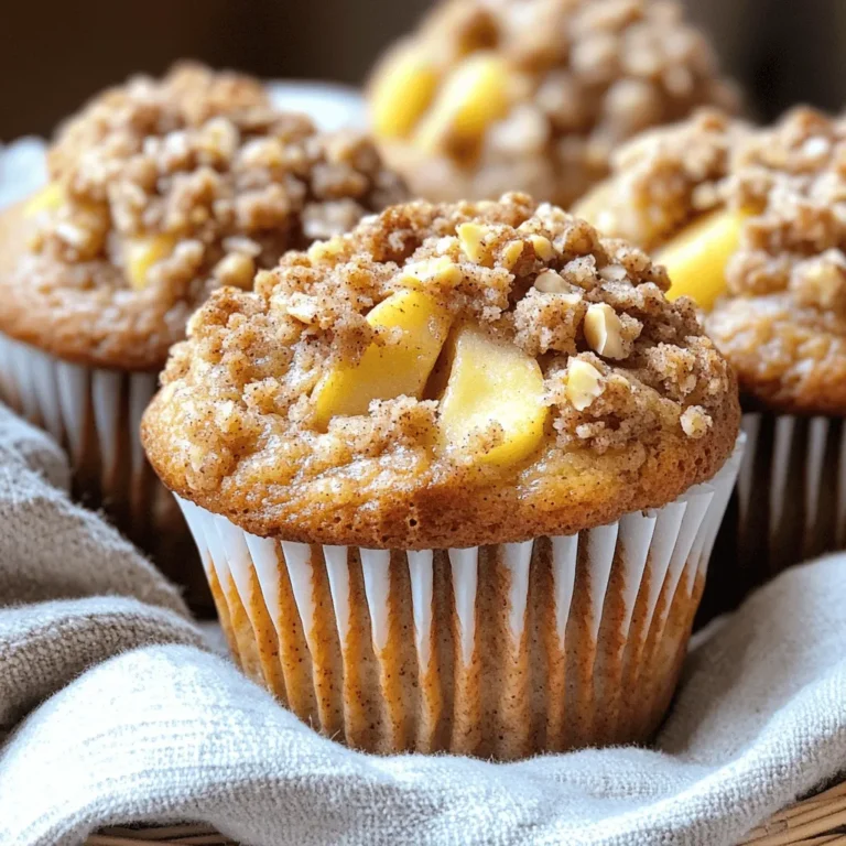 - 2 cups all-purpose flour - 1 cup granulated sugar - 1 tablespoon baking powder - 1 teaspoon ground cinnamon - ½ teaspoon salt - 1 large egg - ¾ cup milk - ½ cup unsalted butter, melted - 1 teaspoon vanilla extract - 2 cups apples, peeled and diced The base for these muffins is simple. You start with flour, sugar, and baking powder. Ground cinnamon adds warmth and flavor. Salt enhances all the other tastes. You need one large egg to bind the mixture. Milk keeps the muffins moist. Melted unsalted butter gives richness. Lastly, diced apples bring sweetness and texture. - ½ cup brown sugar - ½ cup rolled oats - ½ cup chopped pecans or walnuts (optional) - 1 teaspoon ground cinnamon - 4 tablespoons unsalted butter, cold and cubed The streusel topping adds a sweet crunch. Brown sugar brings a deep flavor. Rolled oats offer texture and heartiness. If you like, chopped nuts add a nice bite. Ground cinnamon ties it all together. Cold butter creates a crumbly mix that bakes to perfection. These ingredients come together to create a delightful muffin. Each bite bursts with cinnamon and apple goodness. The streusel topping adds a lovely contrast. Enjoy making these muffins for a special treat! 1. Preheat the oven and prepare the muffin tin: Start by preheating your oven to 375°F (190°C). While it heats, line a 12-cup muffin tin with paper liners. You can also grease it with non-stick spray for easy removal. This step is key for perfect muffins! 2. Mix the streusel topping ingredients: In a medium bowl, combine the brown sugar, rolled oats, chopped nuts (if using), and ground cinnamon. Then, add the cold, cubed butter. Mix it all together with a fork or your fingers until it looks crumbly. Set this mixture aside for later. 3. Combine dry ingredients in a large bowl: In a large bowl, whisk together the all-purpose flour, granulated sugar, baking powder, ground cinnamon, and salt. Make sure everything is blended well. This will be the base for your muffins. 1. Prepare the wet ingredients and mix into dry: In a separate bowl, beat the egg. Then, mix in the milk, melted butter, and vanilla extract until it’s all well blended. Pour this wet mixture into the dry ingredients. Stir gently until just combined. Do not overmix! Fold in the diced apples gently so they spread evenly throughout. 2. Fill muffin cups and add streusel topping: Divide the muffin batter evenly among the prepared muffin cups. Fill each cup about ¾ full. Now, generously sprinkle the streusel topping over each muffin. This will add a nice crunch! 3. Bake and cooldown instructions: Place the muffin tin in your preheated oven. Bake for 18-20 minutes. To check if they are done, insert a toothpick into the center. If it comes out clean, they’re ready! Let the muffins cool in the tin for about 5 minutes. Then, transfer them to a wire rack to cool completely. Enjoy your warm, fragrant muffins! How do I avoid overmixing for a fluffy texture? Overmixing can make your muffins tough. To avoid this, mix the wet and dry ingredients until just combined. You want some lumps. Gently fold in the diced apples. This keeps the muffins light and fluffy. What are the best apple varieties for flavor? For great flavor, I recommend using a mix of sweet and tart apples. Fuji, Honeycrisp, or Granny Smith work well. They add a nice balance to the sweetness of the muffins. What are some presentation ideas for serving muffins? Serve the muffins warm in a basket lined with a cloth. This keeps them cozy. You can dust powdered sugar on top for a nice touch. A sprinkle of cinnamon can add a lovely look too! What beverage pairs well with these muffins? These muffins taste great with coffee or tea. A warm cup of apple cider also makes a perfect match. Try them with a glass of milk for a classic combo! {{image_2}} You can boost the flavor of your muffins by adding spices. Try nutmeg or ginger for a warm kick. You might also add a splash of almond extract for a nutty touch. If you need a dairy-free option, use almond milk instead of regular milk. You can swap the egg for a flaxseed meal mixed with water for a vegan version. Get creative with the streusel topping! Try adding coconut flakes or chocolate chips for extra fun. You can mix berries or raisins into the batter for a fruity twist. If you like crunch, consider using sliced almonds instead of chopped nuts. Each change adds a new flavor that makes your muffins unique! To keep your muffins fresh, let them cool first. Place them in an airtight container. This helps keep them soft and moist. You can store muffins at room temperature for up to three days. If you live in a humid area, it’s best to refrigerate them. This keeps them from spoiling too fast. You can also use a zip-top bag for easy storage. If you want to save muffins for later, freezing works great. First, let them cool completely. Wrap each muffin in plastic wrap tightly. Then, place them in a freezer-safe bag or container. This keeps out air and prevents freezer burn. Muffins can stay fresh in the freezer for up to three months. To enjoy, take a muffin out and let it thaw at room temperature. You can also warm it in the microwave for a few seconds. Enjoy your treat at any time! What apples are best for baking in muffins? For baking, I recommend using tart apples like Granny Smith or Honeycrisp. These apples hold their shape well and add a nice contrast to the sweet muffin. They keep the muffins juicy without making them mushy. You can also try Fuji apples for a sweeter option. Can I make these muffins gluten-free? Yes, you can! Use a 1:1 gluten-free flour blend instead of all-purpose flour. This swap works well. Just make sure the blend contains xanthan gum, which helps with texture. Your muffins will still be delicious and fluffy. How long do baked muffins last? Baked muffins can last up to three days at room temperature. Store them in an airtight container to keep them fresh. If you want to keep them longer, they freeze well for up to three months. Just thaw them at room temperature when you are ready to enjoy. Why are muffins sticking to the liners? Muffins stick to liners when they are too moist or if the liners are not greased well. To avoid this, lightly grease the liners or use non-stick liners. This will help your muffins release easily. My muffins didn’t rise; what did I do wrong? Muffins may not rise if the baking powder is old or if the batter is overmixed. Always check the expiration date on your baking powder. Mix the batter gently until just combined, and you will get a nice rise. Cinnamon Apple Streusel Muffins offer rich flavors and delightful textures. This blog covers key ingredients, step-by-step baking, and useful tips for success. You can explore variations and storage methods to enjoy these muffins longer. Remember, fresh ingredients and careful mixing yield the best results. With practice, you’ll master this tasty recipe. Enjoy sharing them with friends and family. These muffins make every occasion special. Happy baking!