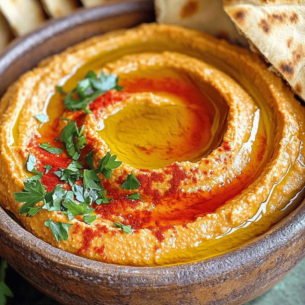 To make this tasty dip, you need a few main ingredients: - 1 cup canned chickpeas, drained and rinsed - 1 large roasted red pepper (you can use jarred or homemade) - 2 tablespoons tahini - 2 cloves garlic, minced - 2 tablespoons olive oil - 2 tablespoons lemon juice - 1/2 teaspoon cumin - Salt to taste To make the hummus even better, consider these extras: - Water, as needed for the right texture - Fresh parsley, for garnish - Paprika, for garnish You will need some simple tools to make this dip: - A food processor for blending - A baking sheet if you're roasting peppers - A bowl for mixing and steaming peppers With these ingredients and tools in hand, you can create a delightful roasted red pepper hummus that everyone will love! To make roasted red peppers, start by preheating your oven to 450°F (230°C). Cut a large bell pepper in half and remove the seeds. Place the halves on a baking sheet, skin side up. Roast them for about 25-30 minutes until the skin is charred and black. This roasting brings out sweet flavors. Once done, place the peppers in a bowl and cover it with plastic wrap for 10 minutes. This steaming helps loosen the skin. After they cool, peel off the charred skin. Now, your peppers are ready for the hummus! In a food processor, add one cup of drained chickpeas, your roasted red pepper, 2 tablespoons of tahini, and 2 cloves of minced garlic. Next, pour in 2 tablespoons of olive oil and 2 tablespoons of lemon juice. Add 1/2 teaspoon of cumin for a warm flavor. Blend all these ingredients on high speed until smooth. You may need to scrape down the sides of the bowl to ensure everything mixes well. This process allows all the flavors to blend nicely. If your hummus is too thick, don’t worry! Gradually add cold water, one tablespoon at a time. Blend after each addition until you reach your desired creaminess. Taste your hummus and adjust the seasoning with salt or more lemon juice if needed. Once it’s smooth and creamy, transfer the hummus to a serving bowl. For the final touch, drizzle some olive oil on top, sprinkle paprika, and add fresh parsley for a lovely garnish. Enjoy your homemade roasted red pepper hummus! You can change the flavor of your hummus easily. Try adding roasted garlic for a sweeter taste. For a kick, mix in a bit of cayenne pepper or red pepper flakes. You can also add herbs like basil or cilantro for a fresh twist. If you love a nutty flavor, consider using almond butter instead of tahini. One mistake is not draining the chickpeas well. This can make your hummus too watery. Another issue is not blending long enough. A smooth hummus needs time to blend, so be patient. Also, remember to taste it! You might need more salt or lemon juice for that perfect balance. To make your hummus look great, use a shallow bowl. Spread the hummus out in the bowl and create a small well in the center. Drizzle olive oil into the well and add a sprinkle of paprika. Finally, add fresh parsley on top for color. This simple trick makes your dip more inviting! {{image_2}} Roasted red pepper hummus pairs well with many tasty foods. Here are some of my favorites: - Pita Bread: Soft pita is perfect for scooping. - Veggies: Carrots, cucumbers, and bell peppers add crunch. - Crackers: Choose your favorite type for a fun texture. - Spread on Sandwiches: Use it to add flavor to wraps or subs. You can serve hummus in fun and unique ways. Try these ideas: - Hummus Platter: Create a colorful platter with dips and veggies. - Stuffed Peppers: Fill mini bell peppers with hummus for a bite-sized treat. - Hummus Toast: Spread on whole-grain bread and top with sliced tomatoes. - Hummus Dip Cups: Serve in small cups with assorted dippers for easy snacking. Adjust your serving ideas based on the season. Here are some suggestions: - Summer: Serve with fresh, grilled vegetables for a light meal. - Fall: Pair with roasted root veggies for a warm touch. - Winter: Add to a cozy soup for extra creaminess and flavor. - Spring: Use it as a dressing for vegetable salads with fresh herbs. Each serving of roasted red pepper hummus has about 150 calories. You get 6 grams of protein and 8 grams of fat. This dip also has 14 grams of carbs and 4 grams of fiber. These numbers can vary based on how much olive oil you add or if you use less salt. - Chickpeas: These provide protein and fiber. They help keep you full and aid digestion. - Roasted Red Peppers: Packed with vitamins A and C, they support your immune system. Their bright color adds antioxidants, which fight free radicals. - Tahini: This sesame seed paste is rich in healthy fats and calcium. It also boosts the flavor while adding creaminess. - Garlic: Known for its strong taste, garlic may help lower blood pressure and improve heart health. - Olive Oil: This oil has heart-healthy fats and can reduce inflammation. It also adds a rich flavor to the dip. Roasted red pepper hummus is great for many diets. With only 150 calories per serving, it fits well into a healthy eating plan. If you watch carbs, the 14 grams per serving can suit low-carb diets too. You can also control calories by adjusting olive oil or serving size. This dip is perfect for snacking or as a side dish. Choose fresh veggies or whole-grain pita for dipping to make it even healthier! Yes, you can make hummus without tahini. You can use extra olive oil or nut butter instead. Both options add creaminess and flavor. If you skip tahini, the hummus will taste different. It may lose some depth, but it will still be tasty. You can also add more roasted red pepper for extra flavor. Homemade hummus stays fresh for about five to seven days in the fridge. Make sure to store it in an airtight container. If you see any signs of spoilage, like mold or an off smell, throw it away. To keep it fresh, always use clean utensils when scooping. This keeps bacteria out of your hummus. Yes, you can freeze Roasted Red Pepper Hummus. It freezes well for about three months. Use an airtight container or a freezer bag for storage. When you are ready to eat it, thaw it in the fridge overnight. Stir well before serving, as it may separate a little. If needed, add a bit of water to reach the right consistency. Making roasted red pepper hummus is simple and fun. We covered the main ingredients, methods, and tips needed for success. I shared ways to improve flavor and texture, plus serving suggestions that will impress. Remember, this dish is not just tasty; it’s also healthy and easy to make. Try new variations to keep it exciting. I hope you enjoy making and sharing this hummus as much as I do!