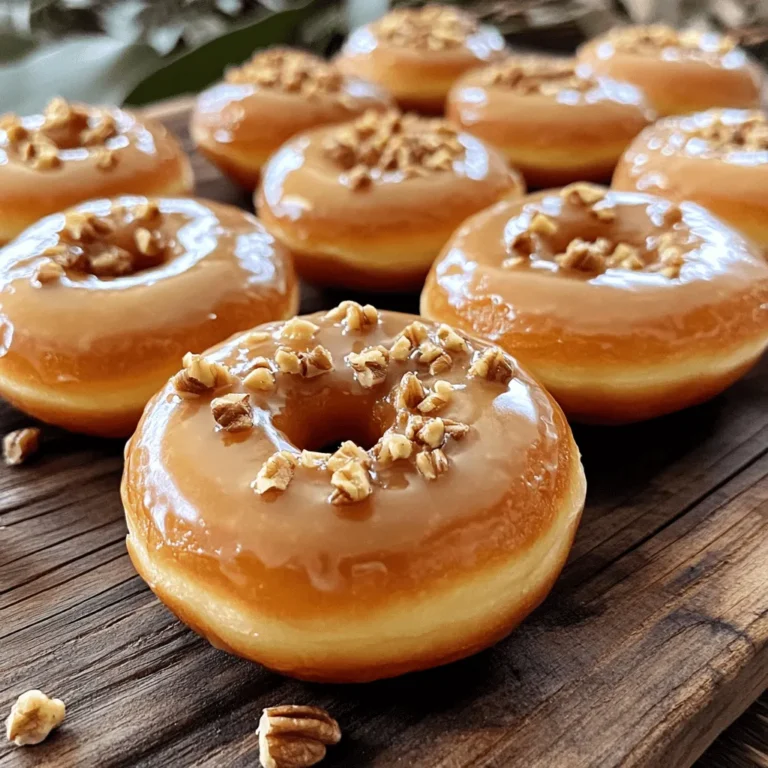 - 2 cups all-purpose flour - 1/2 cup granulated sugar - 2 teaspoons baking powder - 1/2 teaspoon baking soda - 1/2 teaspoon salt - 1/2 teaspoon ground cinnamon - 1/4 teaspoon ground nutmeg - 1/2 cup whole milk, room temperature - 1/4 cup unsalted butter, melted - 2 large eggs - 1 teaspoon vanilla extract - 1/2 cup maple syrup (for glaze) - 1 cup powdered sugar (for glaze) To make bakery-style donuts, you need strong base ingredients. All-purpose flour gives donuts structure. Sugar sweetens and helps them rise. Baking powder and baking soda are key leavening agents. Salt balances flavors, while cinnamon and nutmeg add warmth and spice. Dairy and eggs add moisture and richness. Whole milk makes the donuts soft. Unsalted butter adds flavor and a lovely texture. Eggs bind the mix, creating that perfect donut feel. Finally, vanilla extract enhances the taste. For the glaze, you will need maple syrup and powdered sugar. The syrup gives a sweet maple flavor, while the powdered sugar creates a smooth, shiny finish. - Chopped walnuts or pecans - Other nut variations or sprinkles You can make your donuts even better with toppings. Chopped walnuts or pecans add a crunchy texture. They also bring a nutty taste that pairs well with maple. You can also use sprinkles for a fun twist. These toppings let you personalize your donuts and make them special. Start by preheating your oven to 350°F (175°C). Grease your donut pan well with non-stick spray. This step helps the donuts pop out easily later. In a large bowl, mix together the dry ingredients: - 2 cups all-purpose flour - 1/2 cup granulated sugar - 2 teaspoons baking powder - 1/2 teaspoon baking soda - 1/2 teaspoon salt - 1/2 teaspoon ground cinnamon - 1/4 teaspoon ground nutmeg Whisk these together until they are well blended. In a separate bowl, whisk the wet ingredients until smooth: - 1/2 cup whole milk, room temperature - 1/4 cup unsalted butter, melted - 2 large eggs - 1 teaspoon vanilla extract This keeps your batter light and fluffy. Now, gently combine the dry and wet mixtures. Pour the wet ingredients into the dry ingredients. Stir carefully until just combined. It’s okay if there are a few lumps. Overmixing can make the donuts tough. To fill the donut tin, take a piping bag or a ziplock bag with a corner snipped off. Pipe the batter into each cavity until they are about three-quarters full. This gives them room to rise. Place the filled donut pan in the oven. Bake for 10-12 minutes. Check for doneness by pressing lightly on a donut. If it bounces back, they are ready. Remove the pan from the oven and let the donuts cool in the pan for about 5 minutes. After that, transfer them to a wire rack to cool completely. This helps keep them from getting soggy. While the donuts cool, prepare the maple glaze. In a medium bowl, whisk together: - 1/2 cup maple syrup - 1 cup powdered sugar Mix until smooth and lump-free. This glaze adds a sweet finish to your donuts. To glaze them, dip the tops of each donut into the glaze. Let the excess drip off. If you want a crunchy topping, sprinkle chopped walnuts or pecans on top right after glazing. Allow the glaze to set for a few minutes before serving. Enjoy your delicious donuts! To make great donuts, you must not overmix the batter. Mixing too much can make the donuts tough. You want a light and fluffy texture. When you mix, stop as soon as the wet and dry ingredients come together. It’s okay if there are a few lumps. You can tell your donuts are baked perfectly when they spring back after a light press. They should not feel wet or doughy. A golden-brown color on the edges is another good sign. Dipping donuts in glaze can be tricky. First, let the donuts cool completely. If they are warm, the glaze will slide off. When you dip, swirl the donut in the glaze. Let the extra glaze drip off before placing it on a cooling rack. You can add toppings while the glaze is still wet. This is the best time to sprinkle chopped walnuts or pecans. They will stick much better this way. One common mistake is not measuring ingredients correctly. Always use the right tools, like a kitchen scale or measuring cups. Another error is not preheating the oven. A hot oven helps the donuts rise well. If you have leftover batter, don’t let it sit out too long. It’s best to bake it right away. Donuts made from old batter may not taste great. If you have questions, feel free to ask! I’m here to help you make the best bakery-style maple glazed donuts. {{image_2}} You can play with flavors to make unique donuts. Try chocolate maple glazed donuts. Just add cocoa powder to the dry mix. It gives a rich taste. You can also try pumpkin spice maple donuts. Add pumpkin puree and spices like ginger and cloves. These changes bring new life to your donuts. You can make these donuts fit your needs. For gluten-free options, use a gluten-free flour blend. Make sure it has xanthan gum for structure. For vegan alternatives, swap eggs with flaxseed meal mixed with water. Use almond or oat milk instead of whole milk. Melt coconut oil in place of butter. These swaps keep your donuts tasty and enjoyable. Donuts can fit any holiday. For Halloween, add orange and black sprinkles. You can use chocolate glaze for a spooky look. For Christmas, try topping them with crushed candy canes or a sprinkle of cinnamon. These touches make your donuts special for each holiday. To keep your donuts fresh, store them in a cool, dry place. Use an airtight container to prevent them from drying out. You can also place a paper towel in the container to absorb moisture. This keeps the donuts fluffy and soft. If you have leftover glazed donuts, they can lose their shine. Store them in a single layer to avoid sticking. Freezing is a great way to extend the life of your donuts. First, let them cool completely. Then, wrap each donut in plastic wrap. Place them in a freezer-safe bag or container. This keeps them fresh for up to three months. When you’re ready to enjoy, remove a donut from the freezer. Let it thaw at room temperature for about 30 minutes. If you want them warm, pop them in the microwave for 10-15 seconds. Enjoy your delicious maple glazed donuts anytime! Bakery-style donuts taste best when fresh. They can last about two days at room temperature. Store them in an airtight container to keep them soft. If you want to keep them longer, place them in the fridge. They can stay fresh for about a week there. However, the glaze may lose its shine. Yes, you can make the batter ahead of time. Mix the dry and wet ingredients separately. Store the wet mix in the fridge for up to a day. When ready to bake, just combine the two mixtures and fill your donut pan. This way, you can enjoy fresh donuts in a short time. You have several options for the glaze. Honey can give a nice sweetness. Agave syrup is another great choice. If you want a different flavor, try using chocolate or vanilla extract. Each option can create a unique taste for your donuts. You learned how to make bakery-style maple glazed donuts, from ingredients to storage. The key is to focus on texture and avoid common mistakes. Variations add fun to your baking, like pumpkin spice or gluten-free options. Proper storage helps keep your donuts fresh. Now, it’s time to gather your supplies and try this recipe. Enjoy the process, and savor your delicious homemade treats!