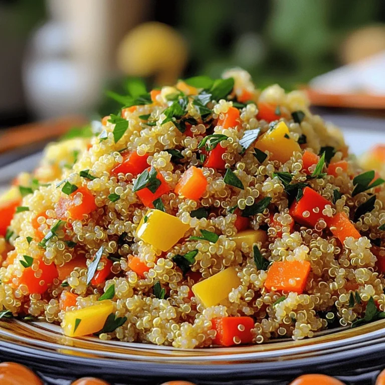 To make a tasty Lemon Herb Quinoa Pilaf, you need some key items: - 1 cup quinoa, rinsed - 2 cups vegetable broth - 1 tablespoon olive oil - 1 small onion, finely chopped - 2 cloves garlic, minced - 1 carrot, diced - 1 red bell pepper, diced - 1 teaspoon dried oregano - 1 teaspoon dried thyme - Zest of 1 lemon - Juice of 1 lemon - Salt and pepper to taste - ¼ cup fresh parsley, chopped (for garnish) These ingredients come together to create a bright and fresh dish. The quinoa acts as a healthy base, soaking up all the flavors. You can add extra ingredients to boost the taste. Consider these options: - ½ cup frozen peas for sweetness - 1 tablespoon capers for a salty bite - ¼ cup chopped nuts for crunch - A pinch of red pepper flakes for heat Adding these ingredients can make your pilaf even more exciting. I often get asked if fresh herbs are better than dried. Here’s the answer: - Fresh herbs bring a bright flavor. Use them if you can. - Dried herbs are great for convenience. They work well too. In this recipe, you can use fresh parsley for garnish. It adds a pop of color and flavor. If you only have dried herbs, don’t worry. They will still add depth to your dish. Start by heating one tablespoon of olive oil in a medium saucepan over medium heat. Once the oil is hot, add one small onion, finely chopped. Sauté this for about three to four minutes until the onion turns soft and clear. Then, mix in two cloves of minced garlic and cook for one more minute. You want to smell the garlic's nice aroma. Next, add one diced carrot and one diced red bell pepper to the pan. Cook these veggies for five minutes, stirring now and then. This will help them soften and bring out their sweet taste. Now it’s time to add the star of the dish, one cup of rinsed quinoa. Stir this into the pan for one to two minutes. Toasting the quinoa helps add flavor and a nice nutty note. After toasting, pour in two cups of vegetable broth. Then, add one teaspoon each of dried oregano and thyme, the zest of one lemon, and a pinch of salt and pepper. Bring this mixture to a boil. When it starts bubbling, lower the heat to low. Cover the pan and let it simmer for about fifteen minutes. The quinoa will absorb the broth and become fluffy. Once the quinoa is cooked, remove the pan from heat. Use a fork to fluff the quinoa gently. This makes it light and airy. After fluffing, stir in the juice of one lemon. This will give your pilaf a fresh and zesty kick. Finally, transfer the quinoa pilaf to a serving dish. Sprinkle a quarter cup of chopped fresh parsley on top for a bright finish. Enjoy your flavorful and nourishing Lemon Herb Quinoa Pilaf! To cook quinoa just right, start by rinsing it well. Rinsing removes a bitter coating called saponin. Use two parts liquid for every one part quinoa. This mix ensures the quinoa cooks evenly. Once boiling, reduce the heat and cover. Let it simmer for about 15 minutes. After cooking, let it sit for five minutes. This resting time helps it become fluffy. Use a fork to fluff the quinoa gently. Want to kick up the flavor? Fresh herbs make a big difference. Try adding thyme or dill for extra taste. You can also mix in basil or cilantro for a fresh twist. If you love a strong flavor, add more lemon zest. You can even squeeze in more lemon juice. This keeps the dish bright and zesty. Play around and find what you love most. Serving your Lemon Herb Quinoa Pilaf well makes it pop. Try placing it in a nice bowl or on a plate. Top it with fresh parsley for a splash of color. You can also add lemon slices on the side. This not only looks nice but also invites guests to add more lemon. For a festive touch, serve it with a sprinkle of toasted nuts or seeds. These add a nice crunch and flavor contrast. {{image_2}} You can boost the protein in your Lemon Herb Quinoa Pilaf. Adding chickpeas is a simple choice. They add texture and flavor that pairs well with the dish. Just rinse a can of chickpeas and stir them in when you add the quinoa. If you prefer meat, grilled chicken works great too. Cube the grilled chicken and mix it in after cooking the quinoa. This adds a savory touch and makes the dish more filling. Feel free to change the vegetables in your pilaf. You can use zucchini, spinach, or peas instead of carrots and red bell peppers. Just chop them finely and add them when you cook the onions. This will keep the flavors fresh and exciting. Each vegetable brings a unique taste. This way, you can enjoy different flavors every time you make it. This Lemon Herb Quinoa Pilaf is already gluten-free. Quinoa is a great choice for those who avoid gluten. For a vegan twist, ensure that your vegetable broth is vegan. You can add more veggies or herbs to enhance the flavor without any animal products. This makes the dish suitable for everyone. Plus, you can enjoy it guilt-free, knowing it’s both healthy and tasty. After enjoying your Lemon Herb Quinoa Pilaf, store any leftovers in an airtight container. This helps keep the dish fresh and tasty. Make sure the pilaf cools down to room temperature before sealing. If you have extra vegetables, you can store them separately to keep their crunch. When stored properly in the fridge, Lemon Herb Quinoa Pilaf lasts about 3 to 5 days. If you want to keep it longer, consider freezing it. In the freezer, it can last up to 2 months. Just remember to label the container with the date. To reheat your pilaf, use either the microwave or a stovetop. If using the microwave, heat it in short bursts, stirring in between. Add a splash of water to keep it moist. On the stovetop, warm it gently over low heat, stirring occasionally. This way, you keep the fluffy texture of the quinoa. Yes, you can make Lemon Herb Quinoa Pilaf ahead of time. Cook it and let it cool. Store it in an airtight container in the fridge. It stays fresh for up to three days. When you're ready to eat, just reheat it on the stove or in the microwave. This makes it a great option for meal prep. You can serve Lemon Herb Quinoa Pilaf with many dishes. It pairs well with grilled chicken, fish, or roasted vegetables. You can add a green salad for crunch and freshness. This pilaf also works as a side for a hearty soup. The bright lemon flavor complements a wide range of foods. Yes, quinoa is a very healthy choice. It is a complete protein, meaning it has all nine essential amino acids. Quinoa is also high in fiber, which helps with digestion. It is gluten-free, making it safe for those with gluten issues. Plus, it is rich in vitamins and minerals, adding more nutrition to your meals. Lemon Herb Quinoa Pilaf is easy and fun to make. We covered key ingredients and ways to boost flavor. Cooking steps help you create a perfect dish. You learned tips for great texture and how to present it well. With protein and veggie swaps, this dish suits many diets. Store leftovers safely so they last longer. Enjoy trying out variations and serving ideas. Quinoa is both tasty and healthy. With these tips, you can impress anyone at your table!