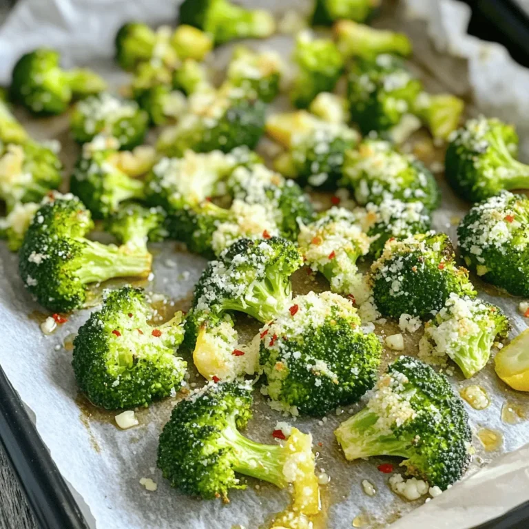 - 1 large head of broccoli, cut into florets - 4 cloves of garlic, minced - 3 tablespoons olive oil - Zest of 1 lemon - Juice of 1 lemon - 1 teaspoon red pepper flakes (optional) - Salt and black pepper to taste - Grated Parmesan cheese for serving (optional) This dish starts with fresh broccoli. Choose a large head, as it gives you plenty of florets to roast. Broccoli is packed with nutrients and adds a nice crunch. Next, you need garlic. I use four cloves, minced, to add a strong flavor. Next is olive oil — three tablespoons will do. It not only helps cook the broccoli but also adds richness. Zest and juice from one lemon are essential. They bring brightness and balance to the dish. If you like a bit of heat, add one teaspoon of red pepper flakes. This is optional, but it gives a nice kick. Don't forget salt and black pepper to taste. These simple seasonings enhance all the flavors in your dish. Lastly, consider Parmesan cheese as an optional topping. It melts wonderfully and adds a savory touch. This combination of ingredients creates a flavorful, healthy side that pairs perfectly with many meals. Preheating the Oven First, set your oven to 425°F (220°C). This high heat helps the broccoli get crispy. Preparing the Baking Sheet Next, line a baking sheet with parchment paper. This keeps the broccoli from sticking and makes cleanup easy. Mixing Broccoli with Garlic and Seasonings In a large bowl, add your broccoli florets and minced garlic. Mix them well to combine. Adding Lemon and Olive Oil Drizzle 3 tablespoons of olive oil over the broccoli. Then, add the lemon zest and juice. If you like spice, toss in 1 teaspoon of red pepper flakes. Season with salt and black pepper to taste. Toss everything until the broccoli is coated nicely. Spreading on Baking Sheet Spread the broccoli mixture evenly on the lined baking sheet. This ensures even cooking and crispiness. Cooking Time and Visual Cues Roast the broccoli for 20-25 minutes. Look for tender florets with slightly crispy edges. If they turn golden brown, that's perfect! To keep your broccoli crisp and bright, watch it closely while roasting. Perfectly roasted broccoli has a tender bite and crispy edges. You want the color to be vibrant green, not dull or brown. - Signs of Perfectly Roasted Broccoli: Look for lightly browned tips and a tender stem. If you see blackened spots, it may be overcooked. - Using a Higher Quality Olive Oil: A good olive oil adds great flavor. It can help the broccoli roast evenly and enhance the dish's taste. Adding extra flavors can make your dish shine. You can play with spices and herbs to find your favorite mix. - Additional Seasonings: Try adding garlic powder, onion powder, or smoked paprika for unique tastes. A sprinkle of lemon zest adds more zing. - Customizing Lemon Flavor Intensity: If you love lemon, add more juice or zest. For less tang, cut back on the lemon juice. Adjust it to fit your taste! {{image_2}} You can boost the flavor and nutrition of lemon garlic roasted broccoli by adding other veggies. Try mixing in: - Cauliflower florets - Carrots, sliced thin - Bell peppers, chopped These vegetables roast well and add color. You can also play with seasonings. Instead of red pepper flakes, use: - Italian herbs like oregano or thyme - A splash of balsamic vinegar for tang - A sprinkle of smoked paprika for depth If you follow a vegan or dairy-free diet, skip the Parmesan cheese. Instead, sprinkle nutritional yeast over the broccoli. It adds a cheesy taste without dairy. For gluten-free eaters, this recipe is already safe! Just make sure your oil and any added seasonings are gluten-free. Enjoy this dish without worry. Refrigeration Guidelines After enjoying your Lemon Garlic Roasted Broccoli, let it cool down first. Once cooled, place it in an airtight container. Store it in the fridge for up to three days. This way, it stays fresh and tasty. Make sure to check for signs of spoilage before eating. Freezing Instructions If you want to keep it longer, freezing is a great option. First, let the broccoli cool completely. Then, spread it out on a baking sheet and freeze it for about an hour. This prevents clumping. After that, transfer the frozen broccoli to a freezer bag or container. It can last for about three months in the freezer. Oven vs Microwave Reheating in the oven is the best way to keep its crispy texture. Preheat the oven to 350°F (175°C). Spread the broccoli on a baking sheet and heat for about 10 minutes. This keeps it nice and crisp. Using the microwave is faster but might make it soggy. If you choose the microwave, use a plate and cover it loosely. Heat in short bursts, checking often. Ensuring Quality Retention To keep the flavor and texture, avoid reheating too much. Broccoli can lose its bright color and crunch if overcooked. Always check before serving. If you want, you can add a splash of lemon juice when reheating. This can give it a fresh flavor boost! Can I use frozen broccoli instead? Yes, you can use frozen broccoli. Just thaw it first. Drain any extra water. This will help the broccoli roast instead of steam. How do I make it spicier? Add more red pepper flakes to the mix. You can also use fresh chili peppers if you like. Another option is to sprinkle hot sauce on top before serving. What main dishes pair well with this? Lemon garlic roasted broccoli goes great with chicken, fish, or pasta. It adds a fresh taste that brightens rich meals. Try it next to grilled steak or in a veggie bowl. Can I serve it cold? Yes, you can enjoy this dish cold. It makes a tasty addition to salads or cold platters. Just let it cool after roasting and store it in the fridge. Caloric Content and Health Benefits One serving has about 100 calories. Broccoli is high in vitamins C and K. It also has fiber, which helps digestion. Lemon adds vitamin C, boosting your immune system. Is it suitable for meal prep? Absolutely! This dish keeps well in the fridge for up to four days. You can reheat it or eat it cold. It’s perfect for quick lunches or dinners. This blog post covered how to roast broccoli with garlic and lemon. You learned about key ingredients, simple steps, and helpful tips for great results. I shared ways to adjust flavors and suggested storage methods for leftovers. Roasting broccoli is easy and tasty, making it a great side dish. Experiment with different veggies and seasonings to make it your own. With these ideas, you can enjoy delicious, healthy meals every day. Happy cooking!