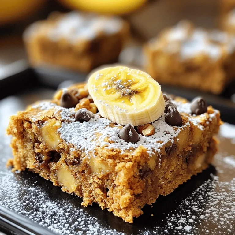 To make banana bread blondies, you will need: - 2 ripe bananas, mashed - 1 cup brown sugar - 1/2 cup melted butter - 1 large egg - 1 teaspoon vanilla extract - 1 cup all-purpose flour - 1/2 teaspoon baking powder - 1/2 teaspoon baking soda - 1/4 teaspoon salt - 1/2 cup chopped nuts (walnuts or pecans) - 1/2 cup chocolate chips These ingredients blend together to create a soft, chewy treat. I recommend using ripe bananas for this recipe. Look for bananas that have brown spots. These spots show that they are sweet and soft. The more spots, the better they are for baking. Overripe bananas add flavor and moisture to your blondies. Avoid green bananas, as they will not mash well and lack sweetness. You can make swaps if you have allergies or special diets. - For gluten-free options, use a gluten-free all-purpose flour blend. - If you need a dairy-free version, substitute the butter with coconut oil or a plant-based butter. - For a vegan option, replace the egg with 1/4 cup of unsweetened applesauce or a flax egg (1 tablespoon flaxseed meal mixed with 2.5 tablespoons water). - For nut allergies, skip the nuts and add more chocolate chips or dried fruit instead. These substitutions help everyone enjoy banana bread blondies! First, preheat your oven to 350°F (175°C). This step is key for a good bake. Grease a 9x9-inch baking pan. You can also line it with parchment paper. This helps with easy removal later. In a large bowl, mash the two ripe bananas. Mix in one cup of brown sugar. Stir until the bananas and sugar blend well. Next, add half a cup of melted butter. Mix it in until smooth. Beat in one large egg and one teaspoon of vanilla extract. Keep stirring until your mix is creamy. In another bowl, whisk together one cup of all-purpose flour, half a teaspoon of baking powder, half a teaspoon of baking soda, and a quarter teaspoon of salt. Gradually add this dry mix to your wet mixture. Stir gently until just combined. Do not overmix! Finally, fold in half a cup of chopped nuts and half a cup of chocolate chips. Make sure they are evenly spread. Pour the batter into your prepared baking pan. Spread it evenly across the pan. Bake for 25 to 30 minutes. Look for golden edges and check with a toothpick. If it comes out clean, they are done! Let the blondies cool in the pan for about 10 minutes. Then, transfer them to a wire rack. Wait until they cool completely before cutting into squares. Enjoy your delicious banana bread blondies! Overmixing can make your blondies tough. To prevent this, mix just until you see no dry flour. Use a spatula for gentle folds. This helps keep the blondies soft and chewy. For a great texture, use ripe bananas. They give moisture and flavor. Make sure to mash them well. You want a smooth mix. Adding nuts or chocolate chips adds fun texture, too. Keep your baking time in check. Blondies should be soft in the middle when done. Store your blondies in an airtight container. They stay fresh for up to 5 days. If you want to save them longer, freeze them. Wrap each piece in plastic wrap, then place in a freezer bag. To reheat, microwave for 10-15 seconds. Enjoy warm for the best taste! {{image_2}} You can add spices to change the flavor. Try mixing in a teaspoon of cinnamon or nutmeg. Both spices add warmth and depth to the blondies. They pair well with bananas and make your treat even better. You can also try a dash of cardamom for a unique twist. For nut-free blondies, simply leave out the nuts. You can still enjoy the rich flavor. If you need gluten-free options, swap all-purpose flour for a gluten-free blend. Make sure the blend has a good structure for baking. This way, everyone can enjoy this tasty treat. Add dried fruit like raisins or cranberries for a chewiness. You can also stir in caramel bits for a sweet surprise. They melt during baking and create gooey pockets. Other fun options include shredded coconut or white chocolate chips. Mix and match your favorites to make your blondies special. To keep your banana bread blondies fresh, store them in an airtight container. This method helps to keep them moist. Place a piece of parchment paper between layers to avoid sticking. You can keep them at room temperature for up to three days. If you want to store them longer, use the fridge. They can last up to a week in the fridge. However, they may dry out a bit, so be careful. Freezing is a great option if you want to save some blondies for later. First, let them cool completely. Then, cut them into squares. Wrap each square in plastic wrap. After that, place the wrapped blondies into a freezer bag or container. Make sure to remove as much air as possible. This way, they can last up to three months in the freezer. When you're ready to enjoy your frozen blondies, take them out of the freezer. Leave them in the fridge overnight to thaw slowly. If you need them fast, you can thaw them at room temperature for about an hour. To reheat, put them in the microwave for 10-15 seconds. You can also warm them in the oven at 350°F (175°C) for about 5 minutes. Enjoy them warm for a delightful treat! The baking time for Banana Bread Blondies is about 25 to 30 minutes. I recommend checking them at 25 minutes. The edges should look golden brown. If you insert a toothpick in the center, it should come out clean. Yes, you can use frozen bananas! Just thaw them first and mash them well. This can add great flavor and moisture to your blondies. Make sure to drain any excess liquid before mixing. You will know the blondies are done when the edges are firm and golden. Insert a toothpick in the center; it should come out clean or with just a few crumbs. If there is wet batter on the toothpick, they need more time. The standard recipe is not gluten-free because it uses all-purpose flour. However, you can make them gluten-free by using a gluten-free flour blend. This will keep the texture nice while meeting dietary needs. This article covers all you need for great Banana Bread Blondies. You learned about ingredient choices, mixing steps, and baking tips. Remember to try different flavors or dietary swaps to match your needs. Storing them right keeps them fresh and tasty. I hope you feel ready to make your own delicious batch. Enjoy the process, and happy baking!