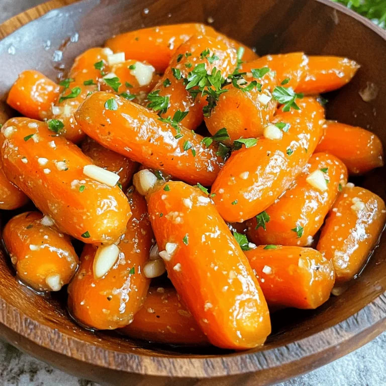 To make honey garlic glazed carrots, gather these ingredients: - 1 lb (450g) baby carrots (or regular carrots, peeled and cut into sticks) - 3 tablespoons honey - 2 tablespoons unsalted butter - 3 cloves garlic, minced - 1 tablespoon soy sauce (or tamari for gluten-free) - ½ teaspoon ground ginger - Salt and pepper to taste - Fresh parsley, chopped for garnish You can swap some ingredients if needed. For a vegan option, use plant-based butter instead of unsalted butter. Maple syrup works well in place of honey for a different sweetness. If you don’t have soy sauce, try coconut aminos for a gluten-free choice. Using fresh ingredients makes a big difference. Fresh baby carrots have a sweet crunch. Their flavor shines through in the glaze. Fresh garlic adds depth and zest to the dish. Fresh parsley gives a nice pop of color and flavor. Always choose the best ingredients for a tasty meal. Start by gathering your ingredients. You will need: - 1 lb baby carrots (or regular carrots, peeled and cut into sticks) - 3 tablespoons honey - 2 tablespoons unsalted butter - 3 cloves garlic, minced - 1 tablespoon soy sauce (or tamari for gluten-free) - ½ teaspoon ground ginger - Salt and pepper to taste - Fresh parsley, chopped for garnish Next, boil water in a large pot. Once boiling, add the baby carrots. Blanch them for about 3-4 minutes until they are tender yet crisp. Drain the carrots and set them aside. In a large skillet, melt the unsalted butter over medium heat. When the butter is melted, add the minced garlic. Sauté the garlic for about 30 seconds until it smells sweet and fragrant. Be careful not to burn the garlic, as it can turn bitter. Now, stir in the honey, soy sauce, ground ginger, salt, and pepper. Mix everything well until combined. This mixture will create a rich glaze for your carrots. Add the blanched carrots to the skillet. Toss them in the honey-garlic sauce, making sure each carrot is coated evenly. Cook for another 5-7 minutes. Stir occasionally to ensure they cook evenly. The carrots should turn golden brown, and the glaze should thicken slightly. To achieve the best glaze, use fresh garlic. Fresh garlic gives a stronger flavor than jarred garlic. Also, keep an eye on the heat. If it’s too high, the glaze may burn. A medium heat allows the glaze to thicken nicely without burning. If you want a touch of heat, add a pinch of red pepper flakes when mixing the glaze. This will give your dish a nice kick. Lastly, don’t skip the fresh parsley. It adds color and a fresh taste that balances the sweetness of the glaze. One common mistake is overcooking the carrots. If you cook them too long, they become mushy. Aim for a tender yet crisp texture. Remember to blanch them for just 3-4 minutes. Another mistake is burning the garlic. Garlic burns fast, so sauté it for only 30 seconds. If it turns brown, it will taste bitter. To boost flavor, consider adding a splash of citrus juice. Lemon or orange juice brightens the dish. Use fresh ginger instead of ground ginger for a bolder taste. You can also add a pinch of red pepper flakes for heat. This adds a fun kick that complements the sweet glaze. For texture, try roasting the carrots instead of sautéing. Roasting brings out natural sugars and adds a nice char. Serve these honey garlic glazed carrots alongside roasted chicken or fish. They pair well with grains like quinoa or rice. You can also add them to a salad for extra crunch. For a festive touch, sprinkle chopped parsley on top before serving. {{image_2}} You can swap baby carrots for other veggies. Try using: - Green beans - Brussels sprouts - Sweet potatoes - Zucchini These options work well with the honey garlic glaze. Each vegetable brings its own taste and texture. For example, Brussels sprouts add a nutty flavor, while sweet potatoes give a sweet touch. If you need to adjust for diet needs, it’s easy. To make this dish vegan, replace butter with olive oil. Use maple syrup instead of honey for sweetness. This keeps the flavor while catering to plant-based diets. If you have gluten issues, choose tamari over soy sauce. It tastes similar, but it’s gluten-free. Always check labels for other ingredients to ensure they fit your needs. You can add your own twist to the glaze. Here are some ideas: - Add a pinch of chili flakes for heat. - Mix in orange zest for a citrus boost. - Try a splash of balsamic vinegar for tang. These changes can transform the dish. Each variation keeps the core flavor while adding new layers. Don’t be afraid to experiment! To store your honey garlic glazed carrots, let them cool first. Place them in an airtight container. You can keep them in the fridge for up to four days. Make sure the lid is tight. This helps keep the flavor fresh. When you're ready to eat, reheating is easy. You can use the microwave or the stove. If using the microwave, heat on medium for one to two minutes. Stir the carrots halfway through to warm them evenly. If using the stove, place the carrots in a pan over low heat. Add a splash of water to help steam them. Stir often until they are hot. If you want to freeze the glazed carrots, do it right after cooking. Let them cool completely. Then, place them in a freezer-safe bag. Remove as much air as possible before sealing. They will stay good for up to three months. When you're ready to eat them, thaw in the fridge overnight. Reheat as mentioned above for best taste. Yes, you can use regular carrots. Just peel and cut them into sticks. This way, they will cook evenly like baby carrots. Keep the size similar for best results. Blanch them in boiling water for 3-4 minutes, just like the baby carrots. To make this dish vegan, swap butter for a plant-based option. Use coconut oil or vegan butter instead. Replace honey with maple syrup for sweetness. The flavors will still shine, and you’ll keep the glaze tasty. These glazed carrots pair well with many dishes. Serve them with grilled chicken or fish for a fresh meal. They also go well with rice or quinoa. Try them alongside a salad for balance. Their sweet and savory taste complements any main dish perfectly. This blog post covered fresh ingredients, cooking steps, and tips for tasty glazed carrots. Using quality ingredients makes a big difference. I shared ways to avoid common mistakes and suggested fun variations. Remember, you can store extras and reheat them easily. With these ideas, you can create your own delicious dishes. Enjoy exploring flavors and textures with this simple recipe! Cooking can be fun and rewarding.