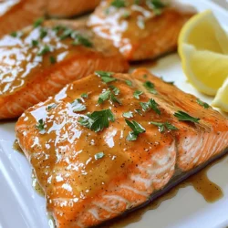 - 4 salmon fillets - 1/4 cup pure maple syrup - 2 tablespoons Dijon mustard - 2 cloves garlic, minced - 1 tablespoon soy sauce (or tamari) - 1 tablespoon olive oil - Salt and pepper to taste - Fresh parsley, for garnish - Lemon wedges, for serving For this Maple Dijon Glazed Salmon, you start with four fresh salmon fillets. Each fillet should weigh about six ounces. Salmon is great for this dish because it cooks well and has a rich flavor. Next, you need a quarter cup of pure maple syrup. This syrup brings sweetness and a lovely glaze to the fish. You also need two tablespoons of Dijon mustard. This mustard adds a nice tang that balances the sweetness. Don’t forget the garlic! You’ll use two cloves, minced. Garlic boosts the flavor of the glaze and adds depth. Now, for some additional ingredients, grab a tablespoon of soy sauce. If you need it to be gluten-free, use tamari instead. You’ll also need a tablespoon of olive oil to help blend the glaze. Finally, season your salmon with salt and pepper. These simple spices enhance the dish. For garnish, have some fresh parsley on hand. It adds a pop of color. Lemon wedges are perfect for serving. They add brightness and a fresh taste that complements the salmon. With these ingredients, you’re ready to create a delicious and easy meal! - Preheat your oven to 400°F (200°C). Line a baking sheet with parchment paper. - In a small bowl, mix 1/4 cup of pure maple syrup, 2 tablespoons of Dijon mustard, 2 minced cloves of garlic, 1 tablespoon of soy sauce, and 1 tablespoon of olive oil. Whisk until it's smooth. - Season 4 salmon fillets with salt and pepper on both sides. Place them skin-side down on the baking sheet. - Brush the maple Dijon glaze over each salmon fillet. Make sure to cover them well. Save some glaze for later. - Bake the salmon for 12-15 minutes. Check if it's done by seeing if it flakes easily with a fork. The glaze will get a bit caramelized while baking. - Let the salmon rest for a couple of minutes after baking. - Drizzle the reserved glaze over the salmon. Garnish with chopped fresh parsley for a pop of color. Serve with lemon wedges on the side. How to tell when salmon is done: You can tell salmon is ready when it flakes easily with a fork. Use a fork to test the thickest part of the fillet. If it pulls apart easily, it's done. The fish should be opaque and slightly pink inside. This usually takes about 12-15 minutes at 400°F. Tips for achieving perfect glaze texture: To get the best glaze, mix the maple syrup and Dijon well. A smooth blend helps it stick better. Brush the glaze on thickly but evenly. This ensures the salmon gets a nice caramelized crust. Don’t rush the baking process. Let the glaze cook slowly for the best flavor. Best sides to pair with Maple Dijon Glazed Salmon: Pair your salmon with steamed veggies for a fresh taste. Broccoli, asparagus, or green beans work great. You can also serve it with a light salad. A citrus salad adds a nice zing. Quinoa or rice can make a filling side, too. Presentation tips for restaurant-style plating: To plate like a pro, place the salmon off-center on the plate. Drizzle a bit of reserved glaze around it for color. Add lemon wedges on the side for a fresh touch. Finish with a sprinkle of parsley on top for a pop of green. This makes your dish look inviting and tasty. {{image_2}} You can switch maple syrup for honey. Honey brings a different sweetness. It pairs well with Dijon mustard. This change can give your salmon a unique twist. Use the same amount of honey as maple syrup. The glaze will still taste great. For gluten-free options, use tamari instead of soy sauce. Tamari is a wheat-free soy sauce. It has a rich flavor, similar to soy. This swap makes the dish safe for those with gluten issues. To boost the glaze, consider adding herbs. Fresh thyme or dill works well. Chop them finely and mix them into the glaze. This adds depth and freshness to the dish. You can also add citrus flavors. Squeeze some lemon juice into the glaze. This adds brightness and balances the sweetness. For extra zing, add some lemon zest. These small changes can elevate your salmon to a new level. To store leftover salmon, let it cool completely. Then, wrap each fillet in plastic wrap or place it in an airtight container. This helps keep moisture in and prevents the fish from drying out. You can store it in the fridge for up to three days. When you’re ready to eat, reheat your salmon gently. Preheat your oven to 275°F (135°C). Place the salmon on a baking sheet and cover it with foil. Heat for about 10 to 15 minutes until warmed through. This keeps it from becoming tough. To freeze Maple Dijon Glazed Salmon, let the cooked salmon cool first. Wrap each fillet tightly in plastic wrap and then in aluminum foil. This double wrap helps prevent freezer burn. Place the wrapped salmon in a freezer bag for extra protection. You can freeze the salmon for up to three months. Just remember to label the bag with the date. When you're ready to use it, thaw it in the fridge overnight. After thawing, you can reheat it using the tips above. Can I use frozen salmon for this recipe? Yes, you can use frozen salmon. Just thaw it first in the fridge overnight. Pat it dry before seasoning. This helps the glaze stick better. How do I adjust cooking time for thicker fillets? For thicker fillets, add 2-3 minutes to the cooking time. Check for doneness by using a fork. The salmon should flake easily when done. What is the calorie count per serving? Each serving has about 350 calories. This includes the salmon and the glaze. The calorie count may change if you add sides. Is this recipe gluten-free? Yes, this recipe can be gluten-free. Use tamari instead of soy sauce. Always check labels for hidden gluten in other ingredients. Can I grill the salmon instead of baking it? Yes, grilling works well for this recipe. Preheat the grill and oil the grates. Cook for about 5-7 minutes per side. Brush with glaze while grilling. What other types of fish can I use with this glaze? You can use trout, halibut, or tilapia. The glaze works great with any mild fish. Adjust cooking time based on the thickness of the fish. This blog post outlined a simple and tasty way to prepare Maple Dijon Glazed Salmon. We covered ingredients, step-by-step cooking instructions, and tips for serving. The variations offered ideas for personal twists, and we discussed how to store leftovers properly. Enjoy this easy dish that combines sweet and savory flavors. With the right techniques, you can impress family and friends with a delicious salmon meal. Remember, cooking should be fun and rewarding!