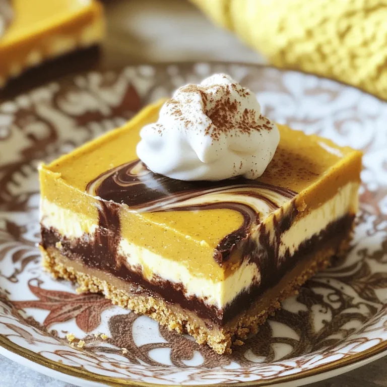 To make no-bake pumpkin chocolate cheesecake bars, gather these items: - 1 ½ cups graham cracker crumbs - ½ cup unsalted butter, melted - 1 cup cream cheese, softened - 1 cup pumpkin puree - ½ cup powdered sugar - 1 teaspoon vanilla extract - 1 teaspoon ground cinnamon - ½ teaspoon ground nutmeg - 1 cup whipped cream (store-bought or homemade) - ½ cup dark chocolate chips, melted - Pinch of salt Each ingredient plays a key role in the flavor and texture of these bars. The graham cracker crumbs create a crunchy base, while cream cheese and pumpkin add creaminess and richness. If you need alternatives, consider these options: - For a gluten-free choice, use gluten-free graham cracker crumbs. - Replace cream cheese with a dairy-free cream cheese for a vegan option. - Use maple syrup instead of powdered sugar for a natural sweetener. - Swap dark chocolate chips for milk chocolate if you prefer a sweeter taste. These substitutions help you customize the recipe to fit your dietary needs without losing flavor. To prepare these bars, you will need: - An 8x8-inch baking dish - Mixing bowls - A spatula - A whisk or electric mixer - Plastic wrap - Parchment paper These tools make the process easier and help you create a perfect dessert. The baking dish holds the bars as they chill, while mixing bowls help blend the ingredients smoothly. First, grab a medium bowl. Mix 1 ½ cups of graham cracker crumbs with ½ cup of melted unsalted butter. Stir until it all blends well. It should look like wet sand. Now, take an 8x8-inch baking dish and line it with parchment paper. Press the crumb mixture firmly into the bottom of the dish. Make sure it is even all around. Chill this crust in the fridge for 15 minutes while you prepare the filling. Next, take a large bowl and add 1 cup of softened cream cheese. Beat it with a mixer until it is smooth. Then, add in 1 cup of pumpkin puree, ½ cup of powdered sugar, 1 teaspoon of vanilla extract, 1 teaspoon of ground cinnamon, and ½ teaspoon of ground nutmeg. Mix everything together until it is creamy and well combined. This filling should be thick and smooth. Now, gently fold in 1 cup of whipped cream. Do this slowly to keep the mixture light and fluffy. Keep folding until you see no streaks of whipped cream. Pour the pumpkin cheesecake filling over your chilled crust. Use a spatula to spread it evenly. Tap the dish lightly on the counter. This action helps to remove any air bubbles trapped inside the cheesecake. Next, drizzle ½ cup of melted dark chocolate over the cheesecake layer. Take a toothpick or skewer and swirl the chocolate into the filling. This creates a marbled look that is both tasty and pretty. Cover the baking dish with plastic wrap. Place it in the fridge and let it set for at least 4 hours. For the best results, let it chill overnight. This waiting time is key to ensuring your cheesecake bars set properly. When ready, lift the bars out of the dish using the parchment paper. Cut them into squares and serve chilled. Enjoy this delightful treat! For a creamy and smooth cheesecake filling, start with softened cream cheese. Cold cream cheese gives lumps. Use a mixer to beat it until it's fluffy. Then, add pumpkin puree and sugar. Mix until everything blends well. When you fold in the whipped cream, do it gently. You want to keep the air in the cream. This step helps the filling stay light and fluffy. To impress your guests, serve these bars on a nice plate. Add a dollop of whipped cream on top of each bar. You can sprinkle some cinnamon or nutmeg for a festive look. For a fun twist, drizzle extra melted chocolate over the bars right before serving. This adds a rich touch and makes the dessert even more special. Sometimes the filling does not set well. This could happen if the mixture is too warm when you pour it over the crust. Always chill the filling slightly before layering. If your bars are too soft after chilling, they might need more time in the fridge. Make sure to cover them well, so they do not dry out. If you encounter lumps in your filling, a quick mix can fix it. Just be careful not to overmix, or the whipped cream may deflate. {{image_2}} You can spice up these bars with warm flavors. Consider adding ginger or cloves. Both add a nice kick. Just a half teaspoon of each works great. You can also try adding a pinch of allspice for depth. If you want a sweeter touch, a dash of maple syrup blends well too. Want to make these bars dairy-free or vegan? It's easy! Use vegan cream cheese and coconut whipped cream. For the crust, swap regular butter for coconut oil. This keeps the flavor rich while being plant-based. You won’t lose any taste, and your friends will love them just the same! Need to adjust how many bars you serve? You can easily cut the recipe in half or double it. If you want smaller portions, cut the bars into smaller squares. For larger gatherings, use a 9x13-inch pan instead of 8x8. This lets you make more bars quickly, so everyone gets a taste! To keep your no-bake pumpkin chocolate cheesecake bars fresh, store them in the fridge. Use an airtight container or cover the dish with plastic wrap. This helps keep moisture out and prevents them from absorbing other food odors. Place the bars in the back of the fridge, where it's coldest. This way, they stay firm and tasty. If you want to save some for later, you can freeze the bars. First, slice them into squares. Then, place each square on a baking sheet to freeze for about an hour. Once they are firm, wrap each piece in plastic wrap and put them in a freezer bag. Be sure to label the bag with the date. They will stay good for up to three months in the freezer. When stored correctly in the fridge, these cheesecake bars can last for about five days. If you freeze them, they can last up to three months. To enjoy the best taste and texture, eat them within the first month after freezing. This way, you will have a delicious treat that tastes fresh and creamy. Yes, you can use fresh pumpkin. Just cook and puree it first. This makes a tasty option. Fresh pumpkin has a great flavor and texture. However, canned pumpkin is quick and easy. Both options work well in this recipe. These bars need at least 4 hours to set in the fridge. For the best results, leave them overnight. This helps the cheesecake firm up nicely. A longer chill time gives a better texture. If you want a substitute for whipped cream, try whipped coconut cream. It adds a nice flavor. Another option is using Greek yogurt for a healthier choice. You can also use cool whip if you prefer something store-bought. These no-bake pumpkin chocolate cheesecake bars are easy and fun to make. Start with a simple crust and creamy filling, then layer in chocolate. You can adjust ingredients for dietary needs and add flavors to change things up. For best results, follow the tips on texture and storage. With some practice, you’ll perfect these tasty bars. Enjoy sharing them at your next event or savoring them yourself!