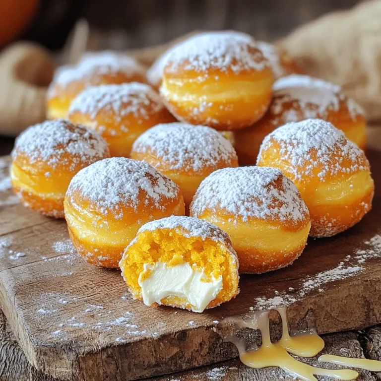 - 1 cup pure pumpkin puree - 4 oz cream cheese, softened - 1/4 cup granulated sugar - 1/4 cup brown sugar The main ingredients give these donut holes their rich flavor. Pumpkin puree adds moisture and a warm taste. Cream cheese makes them creamy and soft. The sugars balance sweetness, making each bite delightful. - 2 cups all-purpose flour - 2 teaspoons baking powder - 1 teaspoon baking soda - 2 teaspoons ground cinnamon - 1/2 teaspoon nutmeg - 1/2 teaspoon ginger The dry ingredients help form the structure of the donut holes. Flour provides the base, while baking powder and baking soda make them rise. Spices like cinnamon, nutmeg, and ginger bring cozy, autumn flavors. - 1/4 cup vegetable oil - 2 large eggs - 1/4 cup powdered sugar (for coating) Vegetable oil keeps the donut holes moist and tender. Eggs bind the mixture together, giving it a fluffy texture. Finally, powdered sugar adds a sweet coating, making these treats even more tempting. - Preheat your oven to 350°F (175°C) and lightly grease a donut hole pan. This helps the donut holes come out easily. - In a mixing bowl, combine 1 cup of pure pumpkin puree, 4 oz of softened cream cheese, 1/4 cup of granulated sugar, 1/4 cup of brown sugar, and 1/4 cup of vegetable oil. Mix these until smooth. This mix will give the donut holes their creamy texture and rich flavor. - In a separate bowl, whisk together 2 cups of all-purpose flour, 2 teaspoons of baking powder, 1 teaspoon of baking soda, 2 teaspoons of ground cinnamon, 1/2 teaspoon of nutmeg, 1/2 teaspoon of ginger, and 1/2 teaspoon of salt. These dry ingredients add flavor and help the donut holes rise. - Gradually mix the dry ingredients into your wet mixture. Stir until just combined. Be careful not to overmix, as that can make the donut holes tough. - Use a cookie scoop or spoon to fill each section of the donut hole pan about 3/4 full with the batter. This gives them room to rise. - Bake in the preheated oven for 12-15 minutes. Check them by inserting a toothpick into the center. If it comes out clean, they are done. - Allow the donut holes to cool for a few minutes in the pan. Then, transfer them to a wire rack to cool completely. Once cooled, roll the donut holes in 1/4 cup of powdered sugar to coat them lightly. This adds a sweet finish to each bite. Enjoy! To make the best pumpkin cream cheese donut holes, avoid overmixing your batter. When you mix too much, the donut holes become tough instead of light. Mix until just combined, and that’s it! To check if they are done, insert a toothpick into one. If it comes out clean, they are ready. If there is batter on the toothpick, bake for a few more minutes. If you don’t have pumpkin puree, you can use mashed sweet potatoes. They give a similar taste and texture. For cream cheese, Greek yogurt works well too, but it may change the taste a bit. Feel free to adjust the spices. If you love cinnamon, add more! If nutmeg is not your thing, leave it out. Cooking should be fun and fit your taste. These donut holes shine when served warm. Roll them in powdered sugar for a sweet touch. You can also drizzle leftover cream cheese mix over the top for added flavor. Try serving them with a small bowl of melted chocolate for dipping. You can also garnish with a sprinkle of cinnamon or chopped nuts. These options make your treats even more special! {{image_2}} You can make these donut holes even better with some fun flavor twists. Adding chocolate chips gives a nice, sweet surprise inside each bite. Nuts like walnuts or pecans add a crunchy texture too. If you want to change the spices, try adding allspice or cardamom. These spices give a warm, cozy taste that works well with pumpkin. If you need gluten-free options, you can use almond flour or a gluten-free blend. These flours will still give you the tasty donut holes you love. For vegan choices, swap out the eggs with flax eggs. To replace cream cheese, use a vegan cream cheese spread. Both options keep the flavors rich and satisfying. You can change these donut holes into pumpkin cream cheese muffins. Just pour the batter into muffin tins instead of donut holes. This gives a new look and texture. For serving, think about creative plating. Use a colorful plate or add a sprinkle of cinnamon on top. A drizzle of melted chocolate or a dollop of whipped cream can make it special. To keep your donut holes fresh, store them in an airtight container. You can refrigerate them for up to five days. If you want to save them longer, freeze the donut holes. Place them in a freezer bag, removing as much air as you can. They can last for three months in the freezer. When you're ready to enjoy them, reheat in the oven at 350°F (175°C) for about 5-10 minutes. This will help restore their soft texture. You can also microwave them for 15-20 seconds, but they may get a bit chewy. At room temperature, these tasty treats stay fresh for about two days. After that, they may begin to dry out. Always check for signs of spoilage. If you notice a strange smell or mold, it’s best to toss them. If you plan to serve these donut holes at a party, make them a day in advance. This way, you can save time on the big day. Store them in an airtight container to keep them soft. For busy mornings, grab a few donut holes for a quick breakfast or snack. They pair well with coffee or milk, making them a perfect treat on the go. Yes, you can use fresh pumpkin. Fresh pumpkin gives a great flavor. To prepare it, first, cut the pumpkin in half and remove the seeds. Then, roast it in the oven until soft. Scoop out the flesh and mash it until smooth. Make sure to measure out one cup for the recipe. To check if the donut holes are done, use a toothpick. Stick it into the center of a donut hole. If it comes out clean, they are ready. You can also look for a golden-brown color on the outside. They should feel firm but springy when you press them gently. If you don’t have powdered sugar, you can use granulated sugar. Another option is to mix granulated sugar with a bit of cinnamon for extra flavor. You can also use crushed nuts for a crunchy coating. Get creative with what you have at home! These pumpkin cream cheese donut holes are a delight. We covered ingredients, preparation, and baking steps. Tips helped ensure a light texture and offered tasty variations. You can also store leftovers easily for later. Experiment with substitutions or create new flavors to enjoy. Now, take this recipe, share it, and make these treats for friends and family. You'll impress everyone with your baking skills! Enjoy every bite and make it your own.