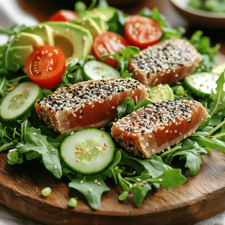 - 2 Ahi tuna steaks (about 6 oz each) - 1/2 cup sesame seeds (mixed black and white) - 2 tablespoons soy sauce - 1 tablespoon sesame oil - 4 cups mixed salad greens (arugula, spinach, and baby kale) - 1 cup cherry tomatoes, halved - 1 cucumber, thinly sliced - 1 avocado, sliced - 1/4 cup green onions, chopped - 2 tablespoons rice vinegar - Salt and pepper to taste For this sesame crusted Ahi tuna salad, fresh ingredients make all the difference. I choose high-quality Ahi tuna steaks. They should be firm and deep red. This guarantees a tasty, tender bite. Sesame seeds add a nutty crunch. I like using both black and white seeds. They look good and bring more flavor. Sauces play a key role too. Soy sauce adds a salty kick. Sesame oil gives a unique depth. I mix these in a shallow dish to marinate the tuna. This step is quick but very important for flavor. Next, the salad greens and vegetables are vital. I prefer a mix of arugula, spinach, and baby kale. This combo offers a range of textures and tastes. Adding cherry tomatoes, cucumber, and avocado makes the salad colorful and fresh. The green onions at the end add a nice bite. Lastly, rice vinegar ties everything together. It brightens up the dish and balances the flavors. Salt and pepper enhance every bite. With these ingredients, you create a meal that is not only simple but also healthy and full of life. To start, mix soy sauce and sesame oil in a shallow dish. This blend adds great flavor to the tuna. Place the Ahi tuna steaks in the dish. Make sure they are well coated. Let the steaks marinate for about 15 minutes. This short time gives the tuna a nice taste without overpowering it. After marinating, take the tuna out of the dish. Let any extra liquid drip off. Now, press sesame seeds on both sides of each steak. Make sure each side is fully coated with seeds. This coating is crucial. It gives the tuna a delicious crunch and a nutty flavor. Next, heat a non-stick skillet over medium-high heat. It’s important to get the pan hot enough. Place the sesame-crusted tuna steaks in the skillet. Sear each side for about 1-2 minutes for a rare finish. If you want it cooked more, adjust the time. After searing, let the tuna rest for a couple of minutes. This step keeps it juicy when you slice it. In a large bowl, combine mixed salad greens, cherry tomatoes, cucumber, and avocado. These ingredients add freshness and color. Drizzle rice vinegar over the mix. Season with salt and pepper to taste. Toss everything gently to combine. This step makes sure each bite is full of flavor. For plating, use a large platter or individual plates. Arrange the salad mix nicely. Slice the seared tuna steaks thinly. Place them on top of the salad. Sprinkle with chopped green onions for a pop of color and taste. This presentation makes the dish inviting. Enjoy the salad right away while the tuna is warm. The warmth enhances the flavors. Consider pairing it with a light soup or crusty bread for a complete meal. This combination makes for a satisfying and healthy dish. To get that perfect sesame crust, start with clean, dry tuna steaks. This helps the seeds stick better. After marinating the tuna, let the excess marinade drip off. Then, press the sesame seeds firmly onto both sides of each steak. Make sure to coat them evenly for a nice crunch. For the right crunch, use a mix of black and white sesame seeds. This not only adds flavor but also gives a great visual contrast. When searing, avoid overcrowding the pan, as this can lower the heat and make the crust soggy. To test for doneness, use your finger. Gently press the center of the tuna steak. If it feels firm but still has some give, it’s rare. For a perfect medium, aim for a slightly firmer touch. The best internal temperature for rare tuna is about 120°F. For medium, aim for around 130°F. Always remember to let the tuna rest for a few minutes after cooking. This helps keep the juices locked in and enhances the flavors. To boost the flavor, consider adding a dash of garlic powder or ginger to the sesame seeds. You can also try a sprinkle of chili flakes for some heat. When it comes to dressings, rice vinegar works great, but you can also mix in a bit of sesame dressing for richness. Alternatively, a splash of citrus, like lime or lemon juice, brightens the salad nicely. {{image_2}} If you cannot find Ahi tuna, you can try these alternatives: - Salmon - Swordfish - Mahi-mahi Each of these options offers a unique flavor and texture. They work well with sesame seeds and complement salad greens. For salad vegetables, you can mix and match: - Bell peppers - Carrots - Radishes These veggies add crunch and color. You can use any seasonal produce you have on hand for a fresh taste. To make this dish gluten-free, use gluten-free soy sauce. This keeps the flavor while avoiding gluten. For a vegan twist, swap out the tuna for plant-based proteins. A few great options are: - Grilled tempeh - Marinated tofu - Chickpeas These ingredients provide protein while keeping the dish vibrant and healthy. Change your salad with seasonal vegetables. In summer, add fresh corn or zucchini. In winter, think about roasted butternut squash. You can also switch up your dressing. In spring, try a light lemon vinaigrette. In fall, a creamy tahini dressing can be delicious. Each season brings new flavors to your meal. To keep your leftover sesame crusted Ahi tuna salad fresh, follow these tips: - Store the tuna steaks in an airtight container. This keeps them safe from air and moisture. - Place the salad components in a separate container. This prevents sogginess. - Use the salad within two days for the best taste. When you want to enjoy your leftover tuna, follow these steps: - Heat a non-stick skillet over medium heat. Add a splash of oil to avoid sticking. - Sear the tuna for about 30 seconds on each side. This warms it without overcooking. - Reassemble the salad by tossing the greens and adding the tuna last. This keeps the salad crisp. If you want to freeze your tuna, take these precautions: - Wrap the tuna steaks tightly in plastic wrap. Then, place them in a freezer bag. This prevents freezer burn. - Avoid freezing the salad. Fresh veggies don’t freeze well. They can become mushy when thawed. - Use the frozen tuna within three months for the best flavor. To cook Ahi tuna and keep it tender, you should use high heat for a short time. Searing is the best method. Heat a non-stick skillet to medium-high. Sear the tuna for 1-2 minutes on each side. This keeps the inside rare and juicy. Make sure not to overcook it. Overcooked tuna can become dry and tough. Always aim for an internal temperature of about 120°F for rare. Yes, you can use frozen Ahi tuna steaks. Thaw them safely in the fridge overnight. If you need them quicker, place the sealed tuna in cold water for about an hour. Avoid using a microwave for thawing, as it can cook the fish unevenly. Once thawed, follow the marinating and cooking steps as usual. The best way to serve sesame crusted Ahi tuna salad is fresh and colorful. Start with a bed of mixed greens. Top it with sliced tuna for a vibrant look. You can add garnishes like green onions or sesame seeds for extra flair. A drizzle of rice vinegar adds a nice tang. Enjoy it right after you make it to keep the flavors bright. You can keep the salad in the fridge for about one day. Make sure to store it in an airtight container. The tuna loses quality quickly, so eat it fresh. If you have leftovers, separate the tuna from the greens. This keeps the greens crisp and tasty. In this article, we covered how to make a flavorful sesame-crusted Ahi tuna salad. You learned about the key ingredients, step-by-step instructions, and helpful tips for perfecting your dish. Remember, marinating the tuna and ensuring an even sesame coating are key. You can customize this recipe with seasonal veggies or alternative proteins. With the right storage techniques, your leftovers will stay fresh. Enjoy making this dish warm and consider the suggested accompaniments. Your culinary journey will be tasty and satisfying!
