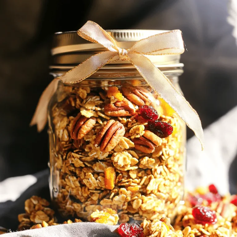 To make pumpkin maple pecan granola, you will need the following ingredients: - 2 cups rolled oats - 1 cup pecans, chopped - 1/2 cup pumpkin puree - 1/4 cup maple syrup - 1/4 cup coconut oil, melted - 1 teaspoon vanilla extract - 1 teaspoon pumpkin pie spice - 1/2 teaspoon salt - 1/2 cup dried cranberries (or your favorite dried fruit) When measuring, I find that precision helps with taste and texture. Here’s how to measure: - For rolled oats, use a dry measuring cup, filling it to the top. - Chop the pecans into small pieces for even distribution. - Use a liquid measuring cup for pumpkin puree and coconut oil for accuracy. - Measure maple syrup carefully, as it can be sticky. - Use a measuring spoon for vanilla extract and spices. Keeping ingredients fresh is key to great granola. Here are my tips: - Store rolled oats in a cool, dry place. - Keep pecans in the fridge for longer shelf life. - Use pumpkin puree within a week of opening. - Maple syrup can last long if sealed tightly. - Make sure dried fruits are kept in an airtight container. Start by gathering all the ingredients. You will need rolled oats, chopped pecans, pumpkin puree, maple syrup, melted coconut oil, vanilla extract, pumpkin pie spice, salt, and dried cranberries. This granola is simple to make, and you’ll love how it fills your kitchen with warm scents. 1. Preheat your oven to 300°F (150°C). This step helps the granola bake evenly. 2. Line a large baking sheet with parchment paper. This keeps the granola from sticking. 3. In a big bowl, mix the rolled oats and chopped pecans. 4. Add pumpkin puree, maple syrup, melted coconut oil, vanilla extract, pumpkin pie spice, and salt. Stir well until mixed. 5. Spread the mixture onto the prepared baking sheet. Press it down gently to form a flat layer. 6. Bake for 25-30 minutes. Stir halfway through to ensure even browning. Look for a golden color. 7. Remove it from the oven and let it cool completely on the baking sheet. 8. Once cooled, break into clusters and add dried cranberries. 9. Store your granola in an airtight container. It lasts for two weeks at room temperature. For crunchy granola, don’t skip stirring halfway through baking. This helps it toast evenly. After baking, let it cool completely before breaking it into clusters. If you want it crunchier, bake a bit longer, but watch closely. A perfect granola has a nice crunch without being burnt. You can make this granola your own! Swap out the pecans for almonds or walnuts. Add seeds like pumpkin or sunflower to boost crunch. If you want more sweetness, toss in chocolate chips or coconut flakes after baking. You can also use different spices. Cinnamon or nutmeg can add a unique twist. This way, you can craft a granola that matches your taste. This granola shines in many ways. Serve it as a topping on yogurt or smoothie bowls. Pair it with milk for a quick breakfast. You can sprinkle it over oatmeal for added crunch. For a fun treat, mix it with ice cream or serve it as a snack on its own. Presentation matters too! Use a mason jar with a ribbon for a lovely gift. Pumpkin maple pecan granola is a great match for many foods. It pairs well with fresh fruits like bananas or berries. Add it to pancakes for a delightful texture. You can even enjoy it with cottage cheese for a protein boost. This granola also complements coffee or tea nicely. It makes any breakfast feel special and satisfying. {{image_2}} You can easily change the recipe to fit different diets. If you're gluten-free, use certified gluten-free oats. To make it vegan, swap the honey for maple syrup. You can replace coconut oil with olive oil or avocado oil if you prefer. If you have nut allergies, try sunflower seeds or pumpkin seeds instead of pecans. Granola can match the season. In winter, add cinnamon and nutmeg for warmth. In spring, mix in fresh berries for a fruity twist. Summer is great for tropical flavors. Add dried mango or coconut flakes for a sunny taste. In fall, extra pumpkin spice or apple chunks can enhance the flavor. You don’t have to stick to pecans. Walnuts or almonds can also work well. Cashews can add a creamy texture. For fruits, try raisins, apricots, or figs. Each adds unique flavor and chewiness. Dried bananas can give a sweet twist too. Mixing different nuts and fruits keeps the granola exciting and fresh! To keep your pumpkin maple pecan granola fresh, use an airtight container. This helps prevent moisture and keeps it crunchy. Glass jars work well, but plastic containers are fine too. Store your granola in a cool, dry place, away from sunlight. Your granola stays tasty for up to two weeks at room temperature. If you want it to last longer, freeze it. Just place the granola in a freezer-safe bag or container. It can last up to three months in the freezer. When you are ready to eat it, let it thaw at room temperature. If your granola gets a bit stale, don’t worry! You can bring it back to life. Preheat your oven to 300°F (150°C). Spread the stale granola on a baking sheet. Bake for about 5-10 minutes until it gets warm and crispy again. Let it cool before you enjoy it. Yes, you can use quick oats. Quick oats will cook faster and may make the granola less crunchy. Rolled oats give a nice texture and chewiness. If you want a crunchier granola, stick to rolled oats. This recipe is almost vegan. Just ensure you use maple syrup and coconut oil. They are already plant-based. Check your dried fruit to confirm it is vegan too. Granola shines in many ways! You can serve it plain, with yogurt, or over oatmeal. I love adding it to smoothie bowls. It adds crunch and flavor. You can also package it in jars for gifts! Absolutely! You can try honey or agave syrup. Each will change the flavor a bit. Maple syrup has a rich taste that blends well with spices. Yes, this granola can be gluten-free. Just ensure your oats are certified gluten-free. Some oats may be processed with gluten grains, so check the label. To make it crunchier, bake it a bit longer. Stir it halfway for even cooking. Also, pressing the mixture down firmly before baking helps form clusters. Enjoy the crunch! We covered the key ingredients for pumpkin maple pecan granola and how to measure them. I provided a detailed guide on baking with tips for great texture. You learned to customize your granola and explore variations for seasonal flavors. We also discussed storage methods to keep your granola fresh. Remember, you can adjust the recipe to fit your needs or preferences. Enjoy making and sharing your granola!