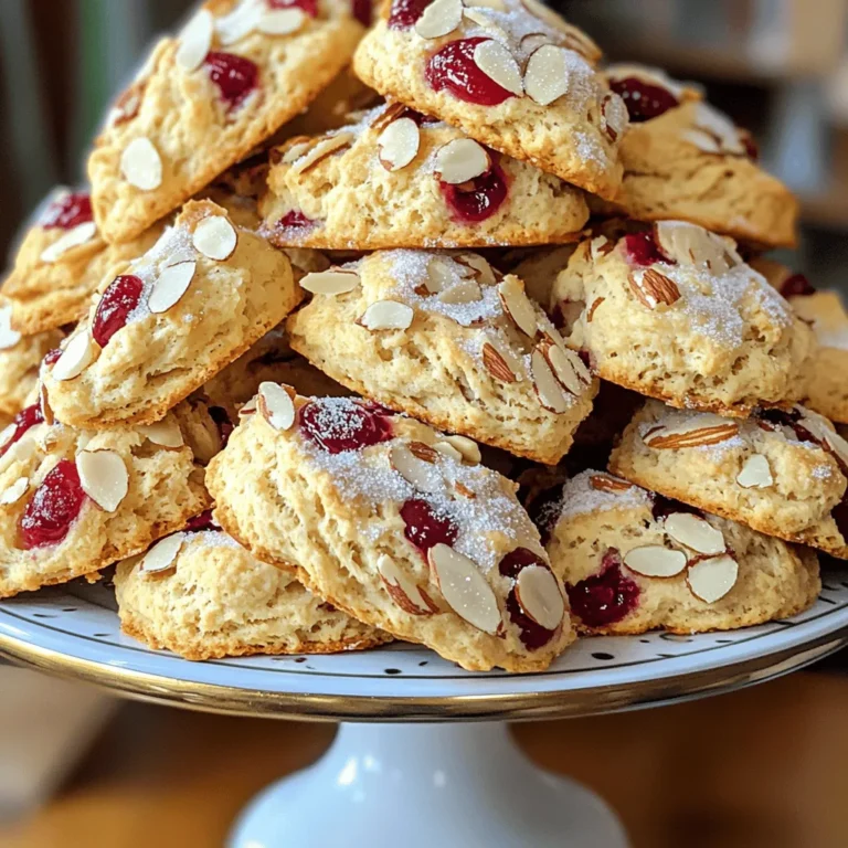 - 2 cups all-purpose flour - 1/4 cup granulated sugar - 2 teaspoons baking powder - 1/2 teaspoon baking soda - 1/2 teaspoon salt - 1/2 cup cold unsalted butter, cubed - 1/2 cup buttermilk - 1 teaspoon almond extract - 3/4 cup fresh or frozen cherries - 1/2 cup sliced almonds - 1 egg for egg wash - Additional sugar for sprinkling To make these cherry almond scones, gather all these ingredients. Each one plays a key role. The flour gives the scones structure. Sugar adds sweetness, while baking powder and baking soda help them rise. Salt balances the flavors. The butter must be cold. It creates flaky layers in the scones. Buttermilk adds richness and moisture. Almond extract gives a nice nutty flavor. Cherries provide a pop of color and sweetness. Sliced almonds add a nice crunch. You can use substitutes for buttermilk. Mix regular milk with vinegar if you don't have buttermilk. For cherries, fresh ones taste great, but frozen work too. Just make sure to thaw and drain them first. Want to enhance flavors? Add a pinch of cinnamon or vanilla extract. You can also try different nuts, like walnuts or pecans. These small changes can bring new life to your scones. 1. Preheat oven and prepare baking sheet: Set your oven to 400°F (200°C). Line a baking sheet with parchment paper. This step keeps your scones from sticking. 2. Mix dry ingredients: In a big bowl, whisk together the flour, sugar, baking powder, baking soda, and salt. This mix gives your scones a nice rise and flavor. To get the right crumb texture, add the cold butter cubes to the flour mix. Use a pastry cutter or your fingers to work the butter in. Aim for a coarse crumb. This helps create flaky scones. Make sure not to melt the butter; cold butter is key for the best texture. 1. Folding in cherries and almonds: In another bowl, mix the buttermilk and almond extract. Pour this into the dry mix and stir until just combined. Gently fold in the chopped cherries and sliced almonds. Don’t overmix, or your scones may turn tough. 2. Cutting and shaping the scones: Turn the dough onto a floured surface. Shape it into a circle about 1 inch thick. Cut the circle into 8 wedges. This gives you 8 perfect scones to bake. Place them on the baking sheet, brush with egg wash, and sprinkle some sugar on top for crunch. To make the best Cherry Almond Scones, avoid overmixing your dough. When you mix, do it gently. Overmixing can make your scones tough. When you fold in the cherries and almonds, just combine until you see no dry flour. This method keeps your scones light and airy. Cold butter is key to great scones. Use unsalted butter straight from the fridge. Cut it into small cubes and add it to the flour mix. As you mix, the cold butter creates pockets in the dough. These pockets help your scones rise and stay flaky when baked. Timing is crucial for perfect scones. Bake them at 400°F (200°C) for 15-18 minutes. Keep an eye on them to prevent burning. They should be golden brown when done. A toothpick test is a great way to check for doneness. Insert a toothpick into the center; it should come out clean. Cherry Almond Scones are best served warm. Pair them with a cup of tea or coffee for a tasty treat. For a special touch, drizzle icing made from powdered sugar and almond extract on top. You can also sprinkle extra sliced almonds for added crunch. For a lovely presentation, arrange scones on a tiered cake stand. {{image_2}} You can switch up the fruit in your scones. Try blueberries or raspberries for a twist. For a tropical vibe, use diced mango or pineapple. Adding spices like cinnamon or nutmeg brings warmth. You can also use different extracts. Vanilla or coconut can change the flavor profile. Each option gives a unique taste to your scones. To make scones healthier, consider whole wheat flour. It adds fiber and nutrients. You can use half whole wheat and half all-purpose flour. This mix keeps the scones light yet adds health benefits. Reducing sugar is another option. Use less sugar or try honey or maple syrup. These swaps keep the scones tasty while making them better for you. Use seasonal fruits for fresh flavors. In spring, add strawberries or peaches. In fall, think about apples or cranberries. For winter, citrus fruits like oranges or lemons are great. You can also create festive scones for holidays. Add spices like ginger for Christmas or pumpkin for Halloween. These variations make your scones stand out all year round. To keep your Cherry Almond Scones fresh, store them in an airtight container. This helps prevent them from drying out. You can keep them at room temperature for up to two days. If you want to store them longer, the fridge is a good option. Just remember to wrap them well to avoid moisture. Freezing scones is simple and effective. First, let the scones cool completely. Then, place them in a single layer on a baking sheet and freeze for about an hour. Once frozen, transfer them to a freezer bag or container. They can last in the freezer for up to three months. When you’re ready to enjoy them, just thaw in the fridge overnight. To restore the scones' freshness, preheat your oven to 350°F (175°C). Place the scones on a baking sheet and warm them for about 10 minutes. This will make them soft and tasty again. You can also use a microwave, but be careful not to overheat them. Just 15-20 seconds will do the trick. Enjoy your scones warm for the best flavor! Can I use frozen cherries? Yes, you can use frozen cherries. Just make sure to thaw and chop them first. This way, they will mix well into the dough. Frozen cherries can be just as tasty. What’s the best way to serve scones? Serve your scones warm for the best taste! You can add a drizzle of icing made from powdered sugar and almond extract. They look lovely on a tiered cake stand too. Enjoy them with tea or coffee for a treat! Why are my scones too dry? If your scones are too dry, you may have added too much flour. Always measure flour carefully. Also, make sure you mix the dough just until combined. This keeps them moist and tender. What to do if the dough is too sticky? If your dough is sticky, add a little more flour, one tablespoon at a time. Be careful not to overwork the dough. You want to keep it light and fluffy for the best scone texture. Difference between scones and biscuits Scones are often sweeter and denser than biscuits. They have a rich flavor due to added cream or butter. Biscuits are lighter and flakier, usually served with savory dishes. Best way to make scones flaky To make scones flaky, use cold butter. Cut it into the flour until it looks like crumbs. This helps create layers as they bake. Also, avoid overmixing to keep them light and airy. You now have a clear path to making delicious Cherry Almond Scones. We covered all the key ingredients, step-by-step instructions, and tips for success. Remember, using cold butter and avoiding overmixing are crucial for the right texture. You can customize flavors with fruits or spices and even make healthier versions. Store your scones properly to keep them fresh longer. Enjoy your baking and create tasty treats that everyone will love!