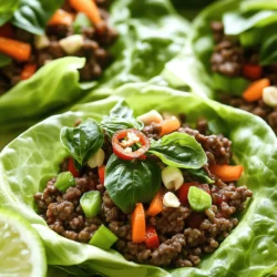 - 1 lb (450g) ground beef - 1 cup fresh Thai basil leaves - 2 tablespoons soy sauce - 1 tablespoon fish sauce - 1 tablespoon oyster sauce - 1 tablespoon brown sugar - 1 red bell pepper, diced - 1 carrot, julienned - 1 tablespoon lime juice - Sliced fresh chili (optional, for garnish) In this recipe, ground beef serves as the hearty main. It gives a rich flavor and pairs well with Thai basil. Fresh Thai basil leaves add a lovely aroma and sweet taste. For the sauces, I use soy sauce, fish sauce, oyster sauce, and brown sugar. These ingredients create a deep umami flavor that makes the dish shine. The sweetness from the brown sugar balances the saltiness of the sauces. Adding vegetables is key. The red bell pepper adds crunch and a hint of sweetness. The carrot brings color and freshness. Lastly, lime juice adds a zesty finish. If you like heat, slice fresh chili to garnish your wraps. This brings a spicy kick to every bite. First, grab a large skillet. Heat 1 tablespoon of vegetable oil over medium-high heat. Once hot, add 3 minced garlic cloves and 1 inch of grated ginger. Sauté for about 30 seconds. You want the kitchen to smell great. Next, add 1 pound of ground beef to the skillet. Use a spatula to break it apart. Cook this for 5 to 7 minutes. You want it to be brown and fully cooked. Now, stir in 2 tablespoons of soy sauce, 1 tablespoon of fish sauce, 1 tablespoon of oyster sauce, and 1 tablespoon of brown sugar. Mix well until all the sauces blend. This should take about 2 minutes. Then, toss in 1 diced red bell pepper and 1 julienned carrot. Stir-fry for 3 to 4 minutes until the veggies feel tender but still crisp. Remove the skillet from heat. Fold in 1 cup of fresh Thai basil leaves. The heat will gently wilt the basil. Next, squeeze in 1 tablespoon of lime juice and mix everything. To serve, take a lettuce leaf and spoon in a generous portion of the beef mix. Wrap it up like a taco and enjoy! For wraps, you want crisp lettuce. I recommend two types: butter lettuce and iceberg lettuce. Butter lettuce has a soft texture and a mild taste. Iceberg lettuce is crunchy and holds its shape well. Both make great cups for your beef filling. You can change the sauces to fit your taste. If you like it sweeter, add more brown sugar. For a saltier kick, increase the soy sauce or fish sauce. Taste the mix as you go. This helps you find the flavor you love. Want some heat? Add fresh chili to your beef mix. Slice them thin and stir them in while cooking. You can also sprinkle chili flakes on top for extra spice. Adjust the amount to suit your taste. Enjoy the kick! {{image_2}} You can switch the ground beef for other proteins. Chicken works well and is leaner. Turkey is another great choice; it adds a mild flavor. Tofu is a fantastic option for a vegetarian meal. Just press the tofu to remove water, then crumble it. Cook it until golden in the skillet, like the beef. If you want a meatless dish, use mushrooms or lentils. For mushrooms, chop them finely. Sauté them until they are soft and golden. Use lentils for a hearty texture. Cook them until tender and mix with the sauces. Both options give a rich flavor that pairs well with Thai basil. Enhance your meal with side dishes. A simple cucumber salad adds freshness. You can also serve jasmine rice or sticky rice on the side. For a crunchy bite, try roasted peanuts or cashews. They add texture and a nutty taste to your wraps. Don't forget a bowl of extra lime wedges for that zesty kick. To keep your Thai basil beef wraps fresh, store leftovers in an airtight container. Place the beef mixture in one container and the lettuce leaves in another. This keeps the lettuce crisp. Refrigerate both containers. Use the leftovers within three days for the best taste and safety. When you reheat the beef mixture, use a skillet for best results. Heat it over medium heat. Stir it often to prevent sticking. You can also add a splash of water or soy sauce to keep it moist. Heat until it's hot all the way through. Avoid reheating the lettuce, as it loses its crunch. You can prepare the beef mixture ahead of time. Cook it, cool it, and then store it in the fridge. This makes quick meals easy. Just reheat the beef and serve it in fresh lettuce leaves. You can also chop the vegetables in advance. Store them in the fridge for up to two days. This saves you time during busy weeknights. If you can't find Thai basil, you can try these herbs: - Sweet basil - Mint - Cilantro These herbs add nice flavor. Sweet basil gives a similar taste, but it is milder. Mint adds a fresh touch, while cilantro offers a unique twist. Yes, you can make this recipe ahead of time. Here are some tips: - Cook the beef mixture and store it in the fridge. - Keep the lettuce leaves separate until serving. - Reheat the beef mixture on the stove or in the microwave. This helps keep the wraps fresh and crisp. To make this recipe gluten-free, swap out the sauces: - Use tamari instead of soy sauce. - Check that your fish sauce is gluten-free. - Look for gluten-free oyster sauce. These changes keep the flavor while making it safe for gluten-free diets. This blog post covered how to make a delicious Thai beef dish. You learned about key ingredients like ground beef and fresh Thai basil. The step-by-step guide made it easy to sauté aromatics, cook the beef, and add sauces. Tips on choosing lettuce and adjusting flavors helped customize your meal. With the variations and storage tips, you can enjoy this dish your way. Try new proteins or sides to make it your own. Enjoy your cooking adventure and share your experience!