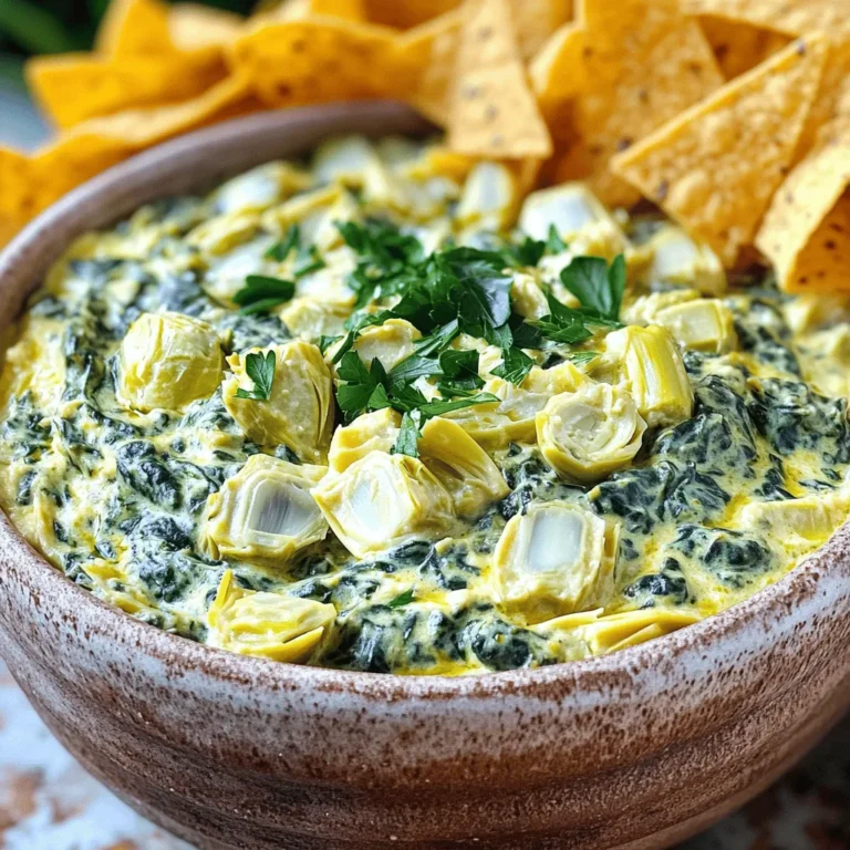 To make this creamy spinach artichoke dip, you need: - 1 (10 oz) package frozen chopped spinach, thawed and drained - 1 (14 oz) can artichoke hearts, drained and chopped - 1 cup cream cheese, softened - 1 cup sour cream - 1 cup mayonnaise - 1 cup shredded mozzarella cheese - 1/2 cup grated Parmesan cheese - 2 cloves garlic, minced - 1 teaspoon onion powder - 1 teaspoon salt - 1/2 teaspoon black pepper - 1/4 teaspoon crushed red pepper flakes (optional) - Fresh parsley for garnish These ingredients work together to create a rich and creamy dip. The spinach gives it a nice green color. The artichokes add a unique taste that everyone loves. You can add some extra ingredients for more flavor: - 1 teaspoon lemon juice for a zesty touch - 1/2 teaspoon smoked paprika for a hint of smokiness - 1/2 cup diced jalapeños for a spicy kick Feel free to mix and match these options. They enhance the dip and make it fun to customize. If you don’t have something on hand, here are some good swaps: - Use Greek yogurt instead of sour cream for a tangy taste. - Swap mayonnaise for more cream cheese for a thicker dip. - Try fresh spinach if you prefer it over frozen. Just cook it down first. These substitutions let you tailor the dip to your needs. You can make it lighter or even richer depending on what you use. First, gather all your ingredients. You need frozen spinach, artichoke hearts, cream cheese, sour cream, mayonnaise, mozzarella cheese, and Parmesan cheese. Also, have garlic, onion powder, salt, black pepper, and red pepper flakes ready. Drain and chop the artichoke hearts. Thaw and drain the spinach well. This step is key for a thick dip. In a large bowl, mix the cream cheese, sour cream, and mayonnaise. Stir until it is smooth. Then, add the spinach, artichokes, and cheeses. Toss in the garlic, onion powder, salt, pepper, and red pepper flakes, if you want some heat. Mix everything until it is nicely blended. This is where the magic starts! Now, transfer your dip mixture into the slow cooker. Spread it evenly across the bottom. Cover the slow cooker and set it to low heat. Cook for about 2 to 3 hours. Stir the dip every now and then. This helps all the flavors mingle. Once it is hot and bubbly, give it a final stir. Taste it to see if you want more seasoning. Serve it warm with your favorite dippers. Enjoy the creamy goodness! To get that dreamy, creamy texture, start with softened cream cheese. If it's too cold, your dip will be lumpy. Mix the cream cheese first with sour cream and mayonnaise until smooth. Then, fold in the spinach and artichokes gently. This keeps everything mixed well. Stir often while cooking to prevent sticking and ensure even heat. This dip shines with crunchy snacks. Serve it with tortilla chips, pita bread, or fresh veggie sticks. You can also pair it with toasted baguette slices for a nice crunch. For a fun twist, use it as a spread on sandwiches or wraps. Just remember to keep it warm for the best taste! Want to make it even tastier? Add a pinch of cayenne for heat or a squeeze of lemon for brightness. You could also mix in some cooked bacon bits for a smoky flavor. Fresh herbs like basil or thyme can bring a new layer of taste. Just make sure not to overpower the spinach and artichokes. {{image_2}} If you want a lighter dip, swap sour cream for Greek yogurt. It adds creaminess and protein. You can also use low-fat cream cheese. This will cut calories without losing taste. Use fresh spinach instead of frozen for a fresher flavor. This will make your dip even healthier. For a spicy kick, add jalapeños or diced green chilies. Mix these in with the other ingredients. You can also increase the crushed red pepper flakes. This will give your dip a nice heat. Serve it with spicy tortilla chips for a fun twist. To make a vegan dip, use cashew cream instead of cream cheese. Blend soaked cashews with water until smooth. Replace sour cream with coconut yogurt and mayonnaise with vegan mayo. Use nutritional yeast for a cheesy flavor. This keeps the dip creamy and delicious without any dairy. To keep your creamy spinach artichoke dip fresh, store it in an airtight container. Let the dip cool down to room temperature before sealing it. This helps prevent moisture build-up. You can keep leftovers in the fridge for up to three days. If you want to enjoy it later, consider freezing it. Freezing the dip is simple. Use a freezer-safe container. Make sure to leave some space at the top, as the dip may expand as it freezes. It can last up to three months in the freezer. When you’re ready to enjoy it, take it out and let it thaw overnight in the fridge. To reheat, you can use the slow cooker, oven, or microwave. If using the slow cooker, heat it on low until warm. This takes about 1 to 2 hours. In the oven, place it in a dish at 350°F for 20-30 minutes. If using a microwave, heat in short bursts, stirring in between to avoid hot spots. Make sure it is hot all the way through before serving. Yes, you can make this dip ahead of time. You can prepare the dip and store it in the fridge. Just mix all the ingredients, then cover the bowl. When you are ready to serve, put it in the slow cooker. Cook it on low for 2 to 3 hours. This way, you save time on the day of your gathering. You can serve this dip with many tasty options. Here are some ideas: - Tortilla chips - Pita bread - Vegetable sticks like carrots or celery - Breadsticks - Crackers These options add crunch and flavor. They also make eating the dip fun and easy. You can tell the dip is done when it is hot and bubbly. Stir it occasionally while it cooks. This helps to heat it evenly. If you see bubbles on the edges, it is ready. You can also taste it to check if the flavors are just right. Once done, give it a good stir and serve. Enjoy! In this post, we covered all you need to make a great dip. We discussed main ingredients, optional flavors, and how to mix them well. I shared tips for a creamy texture and ideas for serving. We also explored different variations, like healthy and vegan options. Lastly, I provided storage tips and answered common questions. Now, you have the tools to enjoy this dip anytime. Dive into making your perfect Spinach Artichoke Dip!