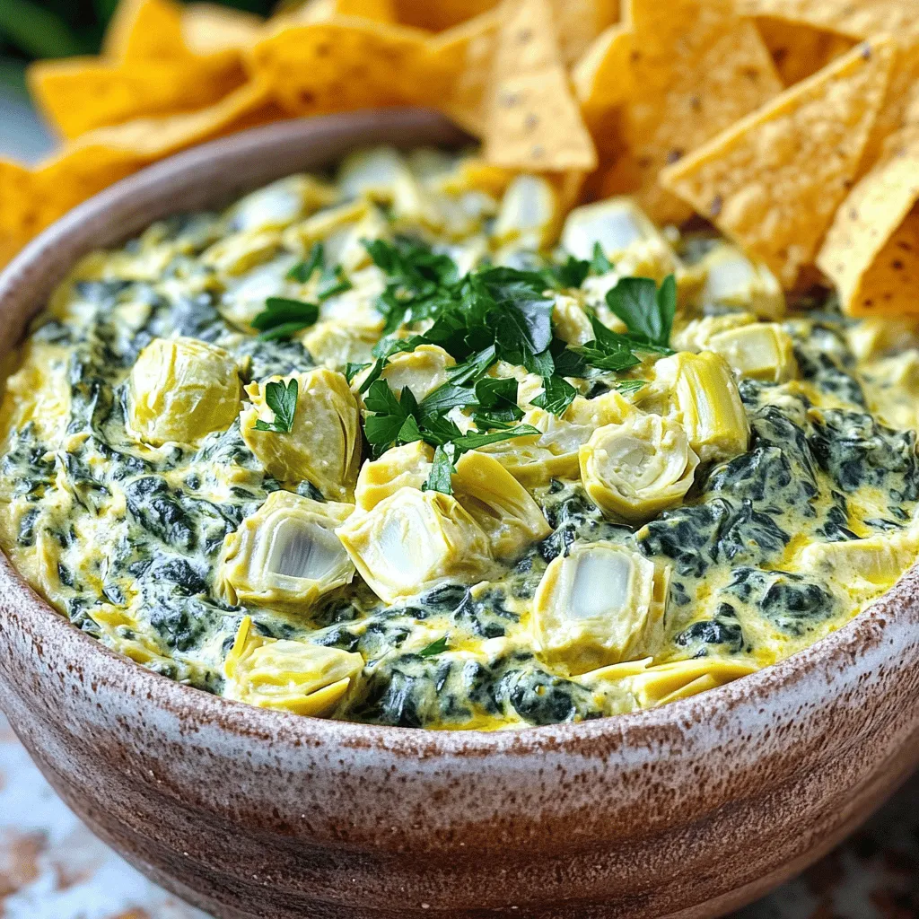 To make this creamy spinach artichoke dip, you need: - 1 (10 oz) package frozen chopped spinach, thawed and drained - 1 (14 oz) can artichoke hearts, drained and chopped - 1 cup cream cheese, softened - 1 cup sour cream - 1 cup mayonnaise - 1 cup shredded mozzarella cheese - 1/2 cup grated Parmesan cheese - 2 cloves garlic, minced - 1 teaspoon onion powder - 1 teaspoon salt - 1/2 teaspoon black pepper - 1/4 teaspoon crushed red pepper flakes (optional) - Fresh parsley for garnish These ingredients work together to create a rich and creamy dip. The spinach gives it a nice green color. The artichokes add a unique taste that everyone loves. You can add some extra ingredients for more flavor: - 1 teaspoon lemon juice for a zesty touch - 1/2 teaspoon smoked paprika for a hint of smokiness - 1/2 cup diced jalapeños for a spicy kick Feel free to mix and match these options. They enhance the dip and make it fun to customize. If you don’t have something on hand, here are some good swaps: - Use Greek yogurt instead of sour cream for a tangy taste. - Swap mayonnaise for more cream cheese for a thicker dip. - Try fresh spinach if you prefer it over frozen. Just cook it down first. These substitutions let you tailor the dip to your needs. You can make it lighter or even richer depending on what you use. First, gather all your ingredients. You need frozen spinach, artichoke hearts, cream cheese, sour cream, mayonnaise, mozzarella cheese, and Parmesan cheese. Also, have garlic, onion powder, salt, black pepper, and red pepper flakes ready. Drain and chop the artichoke hearts. Thaw and drain the spinach well. This step is key for a thick dip. In a large bowl, mix the cream cheese, sour cream, and mayonnaise. Stir until it is smooth. Then, add the spinach, artichokes, and cheeses. Toss in the garlic, onion powder, salt, pepper, and red pepper flakes, if you want some heat. Mix everything until it is nicely blended. This is where the magic starts! Now, transfer your dip mixture into the slow cooker. Spread it evenly across the bottom. Cover the slow cooker and set it to low heat. Cook for about 2 to 3 hours. Stir the dip every now and then. This helps all the flavors mingle. Once it is hot and bubbly, give it a final stir. Taste it to see if you want more seasoning. Serve it warm with your favorite dippers. Enjoy the creamy goodness! To get that dreamy, creamy texture, start with softened cream cheese. If it's too cold, your dip will be lumpy. Mix the cream cheese first with sour cream and mayonnaise until smooth. Then, fold in the spinach and artichokes gently. This keeps everything mixed well. Stir often while cooking to prevent sticking and ensure even heat. This dip shines with crunchy snacks. Serve it with tortilla chips, pita bread, or fresh veggie sticks. You can also pair it with toasted baguette slices for a nice crunch. For a fun twist, use it as a spread on sandwiches or wraps. Just remember to keep it warm for the best taste! Want to make it even tastier? Add a pinch of cayenne for heat or a squeeze of lemon for brightness. You could also mix in some cooked bacon bits for a smoky flavor. Fresh herbs like basil or thyme can bring a new layer of taste. Just make sure not to overpower the spinach and artichokes. {{image_2}} If you want a lighter dip, swap sour cream for Greek yogurt. It adds creaminess and protein. You can also use low-fat cream cheese. This will cut calories without losing taste. Use fresh spinach instead of frozen for a fresher flavor. This will make your dip even healthier. For a spicy kick, add jalapeños or diced green chilies. Mix these in with the other ingredients. You can also increase the crushed red pepper flakes. This will give your dip a nice heat. Serve it with spicy tortilla chips for a fun twist. To make a vegan dip, use cashew cream instead of cream cheese. Blend soaked cashews with water until smooth. Replace sour cream with coconut yogurt and mayonnaise with vegan mayo. Use nutritional yeast for a cheesy flavor. This keeps the dip creamy and delicious without any dairy. To keep your creamy spinach artichoke dip fresh, store it in an airtight container. Let the dip cool down to room temperature before sealing it. This helps prevent moisture build-up. You can keep leftovers in the fridge for up to three days. If you want to enjoy it later, consider freezing it. Freezing the dip is simple. Use a freezer-safe container. Make sure to leave some space at the top, as the dip may expand as it freezes. It can last up to three months in the freezer. When you’re ready to enjoy it, take it out and let it thaw overnight in the fridge. To reheat, you can use the slow cooker, oven, or microwave. If using the slow cooker, heat it on low until warm. This takes about 1 to 2 hours. In the oven, place it in a dish at 350°F for 20-30 minutes. If using a microwave, heat in short bursts, stirring in between to avoid hot spots. Make sure it is hot all the way through before serving. Yes, you can make this dip ahead of time. You can prepare the dip and store it in the fridge. Just mix all the ingredients, then cover the bowl. When you are ready to serve, put it in the slow cooker. Cook it on low for 2 to 3 hours. This way, you save time on the day of your gathering. You can serve this dip with many tasty options. Here are some ideas: - Tortilla chips - Pita bread - Vegetable sticks like carrots or celery - Breadsticks - Crackers These options add crunch and flavor. They also make eating the dip fun and easy. You can tell the dip is done when it is hot and bubbly. Stir it occasionally while it cooks. This helps to heat it evenly. If you see bubbles on the edges, it is ready. You can also taste it to check if the flavors are just right. Once done, give it a good stir and serve. Enjoy! In this post, we covered all you need to make a great dip. We discussed main ingredients, optional flavors, and how to mix them well. I shared tips for a creamy texture and ideas for serving. We also explored different variations, like healthy and vegan options. Lastly, I provided storage tips and answered common questions. Now, you have the tools to enjoy this dip anytime. Dive into making your perfect Spinach Artichoke Dip!