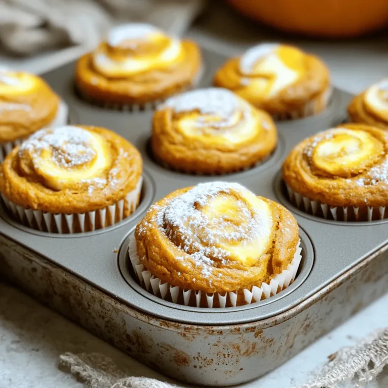 - 1 ½ cups all-purpose flour - 1 teaspoon baking powder - 1 teaspoon baking soda - ½ teaspoon salt - 1 teaspoon ground cinnamon - ½ teaspoon ground nutmeg - ½ teaspoon ground ginger - ½ cup granulated sugar - ½ cup brown sugar, packed - 1 cup canned pumpkin puree - ½ cup vegetable oil - 2 large eggs - 1 teaspoon vanilla extract - 8 oz cream cheese, softened - ¼ cup powdered sugar - 1 large egg - 1 teaspoon vanilla extract Each ingredient plays a role in making these muffins great. The all-purpose flour gives the muffins their structure. Baking powder and soda help them rise and stay fluffy. Salt enhances the flavors. The spices, like cinnamon, nutmeg, and ginger, add warmth and comfort. They mix well with the pumpkin puree, which brings moisture and sweetness. The sugars balance the flavors, making each bite delightful. The vegetable oil keeps the muffins tender. Eggs act as a binder, giving the muffins a rich texture. Vanilla extract adds a lovely aroma and depth of flavor. For the cream cheese swirl, soften the cream cheese first. This makes it easy to mix with powdered sugar and an egg. The swirl adds a creamy, tangy contrast to the sweet pumpkin base. Mix these ingredients with care. Each one contributes to the perfect balance of flavors and textures in your Pumpkin Cream Cheese Swirl Muffins. Start by preheating your oven to 350°F (175°C). This step is key for even baking. Next, line your muffin tin with paper liners or give it a light coat of grease. In a medium bowl, whisk together the dry ingredients. Combine 1 ½ cups of all-purpose flour, 1 teaspoon of baking powder, 1 teaspoon of baking soda, and ½ teaspoon of salt. Add 1 teaspoon of ground cinnamon, ½ teaspoon of ground nutmeg, and ½ teaspoon of ground ginger. Mix these well to ensure even flavor. In a large mixing bowl, mix the wet ingredients. Combine ½ cup of granulated sugar, ½ cup of packed brown sugar, 1 cup of canned pumpkin puree, ½ cup of vegetable oil, 2 large eggs, and 1 teaspoon of vanilla extract. Stir until smooth. Now, carefully add the dry ingredients to the wet mixture. Stir gently until just combined. It's okay if there are a few lumps. Overmixing can make the muffins tough, so stop when combined. In a separate small bowl, prepare the cream cheese swirl. Beat together 8 oz of softened cream cheese, ¼ cup of powdered sugar, 1 teaspoon of vanilla extract, and 1 large egg. Mix until the mixture is smooth and creamy. Now, combine the cream cheese mixture with the pumpkin batter. This step adds a rich flavor that makes these muffins special. Next, fill each muffin cup about two-thirds full with the pumpkin batter. Spoon about a tablespoon of the cream cheese mixture on top of each filled muffin cup. Use a toothpick or knife to gently swirl the cream cheese into the pumpkin batter. This creates a lovely marbled effect. Bake the muffins in your preheated oven for 20 to 25 minutes. Use a toothpick to check for doneness. If it comes out clean, the muffins are ready. Let the muffins cool in the pan for about 5 minutes. Then, transfer them to a wire rack to cool completely. For a tasty touch, dust the tops with powdered sugar before serving. Enjoy them warm with a pat of butter for a delightful treat! To make the best Pumpkin Cream Cheese Swirl Muffins, avoid overmixing. When you blend the wet and dry ingredients, stop mixing as soon as you see no flour. A few lumps are fine. This keeps your muffins light and fluffy. Next, ensure even baking. Place the muffin tin in the center of the oven. This helps with air circulation. Rotate the tin halfway through baking for consistent heat. For a lovely presentation, dust the tops of your muffins with powdered sugar. This adds a sweet touch and makes them look fancy. Enjoy them warm with a pat of butter. You can also add cream cheese or jam if you like extra flavor. Using cold ingredients can ruin your muffins. Make sure your eggs and cream cheese are at room temperature. This helps them blend better and creates a smoother batter. Another mistake is not measuring accurately. Use measuring cups and spoons for the best results. A small error can change the texture and taste of your muffins. Always check your measurements twice for success! {{image_2}} You can make your pumpkin cream cheese swirl muffins even more exciting! Adding chocolate chips gives a sweet surprise in every bite. Nuts like walnuts or pecans add crunch and richness. Dried fruit, such as cranberries or raisins, brings a tart twist. Feel free to switch up the spices too! Try adding cardamom or allspice for a unique flavor. You can even mix in pumpkin pie spice for an extra kick. If you want to make these muffins gluten-free, swap all-purpose flour with a gluten-free blend. Many brands work well and keep the muffins fluffy. For those who need a dairy-free option, use dairy-free cream cheese. Brands made from almonds or coconuts are great choices. You can also replace eggs with flaxseed meal mixed with water for a vegan option. Embrace the fall season by adding cranberries to your muffins. They add color and a burst of flavor. You can also incorporate citrus zest, like orange or lemon, for a fresh twist. This brightens up the muffins and adds a delightful contrast to the pumpkin. Another fun option is to top them with a sprinkle of pumpkin seeds for a crunchy finish. Enjoy these variations for a new taste experience! To keep your pumpkin cream cheese swirl muffins fresh, use proper storage. Place them in an airtight container. This helps them stay moist and tasty. You can store them at room temperature for up to three days. If you want them to last longer, you can put them in the fridge. Just be sure to wrap them well to avoid drying out. If you want to freeze these muffins, make sure they are cool first. Wrap each muffin in plastic wrap and then place them in a freezer bag. They will stay good for about three months. When you're ready to eat them, take a muffin out and let it thaw at room temperature. For the best texture, you can reheat them in the oven at 350°F for about 10 minutes. This way, they taste fresh-baked. These muffins stay fresh for about three days at room temperature. In the fridge, they can last up to a week. Always check for any signs of spoilage before eating. If they smell or look off, it’s best to toss them. Enjoy your muffins while they are at their peak flavor! Yes, you can make these muffins ahead of time. Here are some best practices: - Baking in Advance: Bake the muffins and let them cool completely. This helps keep them fresh. - Storage: Place them in an airtight container at room temperature. They stay good for about 3 days. - Freezing: For longer storage, freeze the muffins. Wrap each one in plastic wrap and then place them in a freezer bag. They last up to 3 months. - Thawing: To enjoy, just thaw them overnight in the fridge. You can also warm them in the microwave for a few seconds. Yes, you can use fresh pumpkin. Here’s how to prepare it: - Choosing Pumpkin: Select a sugar pumpkin or pie pumpkin. These are sweeter and less watery than regular pumpkins. - Cooking: Cut the pumpkin in half, scoop out the seeds, and roast it face down on a baking sheet at 400°F (200°C) until soft, about 45 minutes. - Pureeing: Once cooled, scoop out the flesh and blend it until smooth. Measure out 1 cup for the recipe. - Tips: Fresh pumpkin can add a deeper flavor, but it may be slightly moister. Adjust flour if needed. If you need a substitute for cream cheese, consider these options: - Greek Yogurt: Use plain Greek yogurt for a tangy twist. It’s lower in fat too. - Silken Tofu: Blend silken tofu until smooth for a dairy-free option. It works well in baking. - Cottage Cheese: Blend cottage cheese for a creamy texture. It has a mild flavor and adds protein. - Store-bought Alternatives: Look for dairy-free cream cheese at the store. They come in various flavors and styles. In this blog post, we explored the steps to make delicious pumpkin cream cheese muffins. We covered ingredients, from dry to wet and the cream cheese swirl. You learned how to combine batters, bake, and cool your muffins. Remember to avoid common mistakes for perfect results. Feel free to add your favorite flavors or make dietary swaps. These muffins are best enjoyed fresh and can be stored or frozen for later. With these tips, you'll impress everyone with your baking skills. Happy baking!