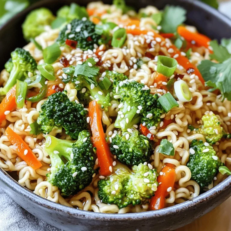 To make Quick Sesame Ginger Ramen, you need a handful of simple ingredients: - 2 packs of instant ramen noodles (discard seasoning packets) - 4 cups vegetable broth - 2 tablespoons sesame oil - 1 tablespoon fresh ginger, grated - 2 tablespoons soy sauce (or tamari for gluten-free) - 1 tablespoon rice vinegar - 1 tablespoon brown sugar - 1 cup broccoli florets - 1 carrot, julienned - 1/2 red bell pepper, sliced - 2 green onions, thinly sliced - Sesame seeds for garnish - Chili flakes (optional) These ingredients create a rich and tasty broth, full of flavor. You can swap some ingredients if you need to. Here are some ideas: - Use chicken broth instead of vegetable broth for a meatier taste. - Try olive oil if you don’t have sesame oil. - Coconut sugar can replace brown sugar for a different sweetness. - Any green vegetable works if you don’t like broccoli. - Use frozen veggies if fresh ones are not available. These swaps keep the dish tasty and fun. The quality of your ingredients matters. Fresh ginger adds a bright flavor. Good broth enhances the soup's depth. Fresh vegetables bring crunch and color to the dish. Using quality soy sauce makes a big difference, too. A better soy sauce means a richer taste. When you choose the best ingredients, your meal turns out delicious. Investing in quality pays off in flavor and enjoyment. First, grab a large pot. Heat 2 tablespoons of sesame oil over medium heat. Once hot, add 1 tablespoon of fresh, grated ginger. Sauté it for about 1 minute. You want to smell that warm, spicy aroma! Next, pour in 4 cups of vegetable broth. Bring this mix to a boil. After it bubbles, stir in 2 tablespoons of soy sauce, 1 tablespoon of rice vinegar, and 1 tablespoon of brown sugar. Stir until the sugar dissolves. This base gives your ramen depth and flavor. Now, it’s time to add some color and crunch. Toss in 1 cup of broccoli florets, 1 julienned carrot, and 1/2 sliced red bell pepper. Let them simmer for about 5 minutes. You want them tender but still crisp. The veggies add nutrients and make your dish vibrant. Once the veggies are ready, add 2 packs of instant ramen noodles. Discard the seasoning packets, as we have our own tasty mix! Cook the noodles according to the package instructions, usually about 3 to 4 minutes. Stir occasionally to break them apart. When the noodles are soft, take the pot off the heat. Taste your broth and adjust if needed. You can add more soy sauce or chili flakes for extra kick. Finally, ladle the ramen into bowls and top with sliced green onions and sesame seeds. Enjoy your wholesome and tasty meal! To make your ramen shine, balance is key. The sesame oil gives a rich taste, while ginger adds a fresh kick. Adjust the soy sauce for saltiness. If you want a bit of sweetness, the brown sugar helps. Always taste your broth before serving. If it feels flat, try more soy sauce or a splash of rice vinegar. Speed is important for this dish. Start with high heat to bring the broth to a boil quickly. Always prep your veggies ahead of time to save time later. Cut the broccoli and carrot small for faster cooking. Stir the noodles often so they don’t stick together. This keeps everything cooking evenly and saves you from mushy noodles. Serve your ramen hot in deep bowls. Garnish with green onions and sesame seeds for a nice look. If you like spice, add chili flakes on top. You can also serve this with a side of pickled vegetables or spring rolls. These add crunch and a burst of flavor to your meal. This ramen is great for lunch, dinner, or any time you need a quick, tasty dish. {{image_2}} You can add protein to this ramen for a heartier meal. Some great options include: - Grilled chicken, sliced thin - Firm tofu, cubed and sautéed - Shrimp, cooked and peeled - Soft-boiled eggs, halved Adding protein boosts the flavor and makes it more filling. Just cook your protein separately and add it to the ramen when serving. This dish is already vegetarian. For a vegan version, use tofu instead of any animal protein. You can also add more veggies like: - Spinach or kale for extra greens - Mushrooms for a meaty texture - Peas for a pop of sweetness These choices keep the dish vibrant and colorful while staying plant-based. If you love spice, kick up the heat! Here are a few ways to do it: - Add chili flakes while cooking for a warm flavor. - Stir in a spoonful of chili paste. - Use spicy sesame oil instead of regular sesame oil. These spicy options will change the flavor profile and make it exciting. Adjust the level of heat to your taste! To keep your ramen fresh, place leftovers in an airtight container. Make sure to cool the ramen to room temperature before sealing it. Store it in the fridge for up to three days. This helps preserve the flavor and texture. If you want to enjoy it later, try not to mix in the toppings. Keep them separate to avoid sogginess. When you're ready to eat, reheating is simple. Pour the ramen into a pot and add a splash of water or broth. Heat it on low until warm. Stir gently to evenly heat the noodles and veggies. You can also use a microwave. Transfer the ramen to a microwave-safe bowl. Heat in short bursts, stirring between each one. This method warms it up without overcooking. Freezing ramen can be done, but it's best to freeze only the broth and noodles. For freezing, let the ramen cool completely. Then, separate the noodles from the broth and veggies. Place them in freezer-safe bags or containers. You can store them for up to three months. When ready to eat, thaw the broth overnight in the fridge. Reheat and add fresh veggies and noodles for a quick meal! Yes, you can use other types of noodles. Udon noodles offer a chewy texture. Rice noodles are gluten-free and great for a light meal. You could also try soba noodles for a nutty flavor. Just remember to adjust cooking times as needed. To make this dish gluten-free, use tamari instead of soy sauce. Instant ramen often contains gluten, so choose rice noodles or gluten-free ramen. Always check labels to ensure other ingredients are gluten-free as well. Many side dishes pair well with ramen. Edamame is a tasty and healthy choice. You could serve seaweed salad for a refreshing crunch. Try pickled vegetables for a tangy bite. Tofu skewers also add protein and flavor. In this post, we covered how to make quick sesame ginger ramen. We explored key ingredients and their substitutes. Cooking steps included preparing the base and vegetables. I shared tips for flavor and quick cooking. We also discussed protein options and storage tips. Using quality ingredients makes a big difference. Keep experimenting with flavors and variations to find your favorite. Enjoy your ramen adventure!