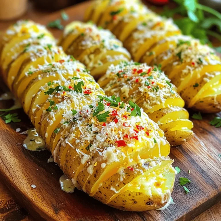 To make these tasty Garlic Parmesan Hasselback Potatoes, you will need: - 4 medium-sized russet potatoes - 4 tablespoons unsalted butter, melted - 3 cloves garlic, minced - 1 teaspoon garlic powder - 1 teaspoon dried Italian herbs (oregano, thyme, basil) - 1/2 cup grated Parmesan cheese - Salt and pepper to taste These main ingredients create a rich and creamy flavor profile. The russet potatoes provide a fluffy inside, while the butter and garlic add depth. Parmesan cheese brings a savory touch that perfectly complements the herbs. You can enhance your Hasselback potatoes with optional ingredients like: - 1/4 teaspoon red pepper flakes (for spice) - Fresh parsley, chopped (for garnish) Adding red pepper flakes gives a nice kick. Fresh parsley brightens the dish and adds color. You can easily adapt this recipe for different dietary needs. Here are some ideas: - Use olive oil instead of butter for a vegan option. - Substitute nutritional yeast for Parmesan to make it dairy-free. - Choose sweet potatoes for a sweeter taste and extra nutrients. These substitutions allow everyone to enjoy this dish, regardless of dietary choices. First, preheat your oven to 425°F (220°C). This ensures your potatoes bake evenly. Next, wash and scrub the russet potatoes well. Remove any dirt and dry them with a towel. Place each potato on a cutting board. Use a sharp knife to make even cuts, about 1/4 inch apart, but don’t cut all the way through. You can use chopsticks or wooden spoons on either side to help. This keeps your cuts from going too deep. In a small bowl, mix melted butter, minced garlic, garlic powder, and dried herbs. Add salt, pepper, and red pepper flakes if you want some heat. Brush this garlic butter mixture over the potatoes, making sure it seeps into the cuts. Place the potatoes on a baking sheet lined with parchment paper. Now, sprinkle grated Parmesan cheese over each potato. Let some cheese fall between the cuts for extra flavor. Bake the potatoes for 45-55 minutes, until they are tender and golden brown. Halfway through baking, brush more garlic butter on top for added taste. Once the potatoes are done, take them out of the oven and let them cool slightly. Before serving, sprinkle fresh parsley on top for color and freshness. Serve these Hasselback potatoes on a rustic wooden platter. Add a sprinkle of extra Parmesan for a beautiful presentation. Your guests will love this tasty twist on classic potatoes! To get a perfect bake on your Hasselback potatoes, start with even-sized russets. This helps them cook evenly. Preheat your oven to 425°F (220°C) before placing the potatoes inside. Make sure to cut the potatoes about 1/4 inch apart. This allows the heat to reach the insides and cook them well. Brush the garlic butter mix generously, and don’t forget to add more halfway through. This keeps them moist and flavorful. You can take your potatoes to the next level with easy flavor boosts. Adding freshly chopped herbs, like rosemary or thyme, can make a big difference. If you love heat, sprinkle more red pepper flakes on top. For a tangy twist, drizzle some lemon juice before serving. You can also swap classic Parmesan with sharp cheddar or creamy feta for a fun change. Having the right tools makes cooking easier. You will need a sharp knife to slice the potatoes without cutting all the way through. A cutting board is a must for safe chopping. Use a small bowl for mixing the garlic butter. Parchment paper on your baking sheet helps with easy cleanup. Finally, a basting brush is great for applying that delicious garlic butter mix evenly. {{image_2}} You can change the cheese to mix things up. Try using sharp cheddar for a rich taste. Another great choice is feta, which adds a tangy flavor. You might also like mozzarella for a stretchy, gooey bite. Each cheese brings its own fun twist to these tasty potatoes. Herbs and spices can boost the flavor. Use fresh rosemary or thyme for a fragrant kick. You can add smoked paprika for a hint of smokiness. For a spicy touch, toss in some cayenne pepper. Experimenting with different herbs and spices makes the dish even more exciting. To make these potatoes vegan, swap butter for olive oil or vegan butter. Use nutritional yeast instead of cheese for a cheesy flavor. You can also try cashew cheese for a creamy texture. These swaps keep the dish tasty while meeting dietary needs. To store leftover Hasselback potatoes, let them cool first. Then, place them in an airtight container. Keep them in the fridge for up to three days. If you want to save space, wrap each potato in foil before placing them in the container. To reheat your potatoes, preheat the oven to 350°F (175°C). Place the potatoes on a baking sheet. Cover them loosely with foil to prevent drying out. Heat for about 15-20 minutes. This will make them warm and crispy again. You can also use a microwave, but they may not stay crisp. Heat them on a microwave-safe plate for 1-2 minutes, checking often. You can freeze Hasselback potatoes for later. First, let them cool completely. Wrap each potato in plastic wrap, then in foil. Place them in a freezer-safe bag or container. They can last up to three months in the freezer. When ready to eat, thaw them in the fridge overnight, then reheat as mentioned above. Hasselback potatoes are a fun way to cook potatoes. They look fancy and taste great. You cut the potato into thin slices, but not all the way through. This creates little pockets. These pockets hold butter, garlic, and cheese. The result is crispy edges and soft insides. They are a treat for any meal! You should bake Garlic Parmesan Hasselback Potatoes for about 45 to 55 minutes. First, preheat your oven to 425°F (220°C). Place the potatoes on a baking sheet. Check for doneness by sticking a fork in them. They should be tender and golden brown. Halfway through, brush them with more garlic butter for added flavor. Yes, you can prepare these potatoes ahead of time. You can wash and slice them, then store them in the fridge. Just keep them covered with water to prevent browning. When you're ready, brush with garlic butter and bake. This saves time and lets you enjoy them fresh and hot! Garlic Parmesan Hasselback potatoes are tasty and easy to make. We covered key ingredients and their substitutes for any diet. You learned step-by-step cooking methods and handy tips for the best bake. I shared storage options so you can enjoy leftovers later. With variations to match your taste, these potatoes are sure to impress. Enjoy making this dish your own, and share it with family and friends!