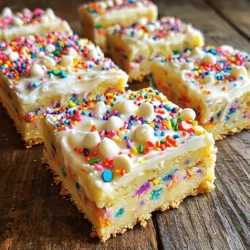 - 2 ½ cups all-purpose flour - 1 teaspoon baking soda - ½ teaspoon salt The dry ingredients form the base of our cookie bars. I use all-purpose flour for a soft and chewy texture. Baking soda gives the bars a light lift, while salt adds balance to the sweetness. - 1 cup (2 sticks) unsalted butter, softened - 1 cup granulated sugar - ½ cup brown sugar, packed - 2 large eggs - 2 teaspoons vanilla extract For the wet ingredients, I start with softened unsalted butter. It mixes well and creates a rich flavor. The granulated and brown sugars blend together, adding sweetness and depth. Eggs help bind the mixture, while vanilla extract gives a warm aroma. - ½ cup rainbow sprinkles (plus extra for topping) - 1 cup white chocolate chips - Optional: Frosting ingredients Sprinkles are key to the fun in Funfetti bars! I fold in half a cup into the dough for color and crunch. White chocolate chips add a creamy sweetness. If you want frosting, I suggest using a mix of butter, powdered sugar, cream, and vanilla for a smooth finish. These ingredients come together to create a treat that is fun, colorful, and oh-so-delicious! First, preheat your oven to 350°F (175°C). This step is key to baking your bars evenly. Next, grab a 9x13-inch baking dish. Line it with parchment paper, leaving some paper hanging over the edges. This helps you lift the bars out easily when they’re done. In a medium bowl, whisk together the dry ingredients. You need 2 ½ cups of flour, 1 teaspoon of baking soda, and ½ teaspoon of salt. This mixture is the base of your cookie dough. In a large mixing bowl, beat the soft butter, granulated sugar, and brown sugar until creamy. This takes about 2-3 minutes. Next, add 2 large eggs one at a time, mixing well after each. Stir in 2 teaspoons of vanilla extract for a sweet flavor. Now, gradually add the dry mix to the wet mix. Stir until just combined. It’s important not to overmix, or your bars may turn tough. Fold in ½ cup of rainbow sprinkles and 1 cup of white chocolate chips. Use a spatula to make sure they spread evenly. Then, pour the dough into the prepared dish. Spread it out evenly. Bake the bars in the preheated oven for 22-25 minutes. They are done when the edges are golden and the center looks set. A toothpick should come out with a few moist crumbs, but not wet batter. Once baked, let them cool before frosting, if you choose to add it. To get the best texture for your Funfetti Sugar Cookie Bars, avoid overmixing the dough. When you combine the wet and dry ingredients, mix just until they come together. Overmixing can make the bars tough. After baking, check for doneness with a toothpick. Insert the toothpick in the center of the bars. If it comes out mostly clean with a few moist crumbs, they are ready. For a smooth and fluffy frosting, keep your butter at room temperature. Soft butter blends well with powdered sugar. If your frosting is too thick, adjust the consistency with heavy cream or milk. Just add a little at a time until it is perfect for spreading. To cut the bars for uniform pieces, use a sharp knife. Clean the knife between cuts to keep edges neat. You can serve them plain for a simple treat. For a fun twist, add frosting and extra sprinkles on top. This makes each bite even more joyful and festive! {{image_2}} You can make funfetti sugar cookie bars even more fun! Try different sprinkles, like chocolate or pastel colors. Want to add more texture? You can mix in nuts like walnuts or pecans. Dried fruits, such as cranberries or raisins, also work well. These changes will give your bars a unique twist. Do you need a vegan option? Substitute butter with coconut oil or a plant-based butter. For eggs, use mashed banana or applesauce as an egg replacer. If you’re gluten-free, swap out regular flour with almond or coconut flour. These swaps will keep your bars tasty and safe for everyone. Make your funfetti bars fit any season! Use themed sprinkles for holidays like Christmas or Halloween. You can even change flavors to match the time of year. Think pumpkin spice in fall or peppermint in winter. These small changes can make your cookie bars festive and fun for any occasion! To keep your Funfetti sugar cookie bars fresh for 3-5 days, store them in a cool, dry place. Place the bars in a single layer on a plate or in a small container. If you stack them, use parchment paper between layers to prevent sticking. This simple step helps maintain their soft texture and yummy flavor. Freezing these bars is easy and smart if you want to enjoy them later. Once the bars cool completely, cut them into squares. Wrap each square tightly in plastic wrap or foil. Place the wrapped bars in a freezer-safe bag or container. This way, they can stay fresh for up to three months. When you want to eat one, just let it sit at room temperature for about an hour, or warm it in the microwave for a few seconds. For optimal freshness, use airtight containers to store your Funfetti bars. Glass or plastic containers with a secure lid work best. These containers keep air out and moisture in. This method helps preserve the bars’ delicious taste and soft texture. Plus, it makes grabbing a treat quick and easy! Yes, you can use different types of chocolate chips. Milk chocolate chips add sweetness. Dark chocolate chips bring a rich flavor. You can mix and match to suit your taste. Just keep the amount the same, about one cup. To store leftover bars, place them in an airtight container. Keep the container at room temperature for 3-5 days. If you want them to last longer, freeze them. Wrap each bar in plastic wrap, then put them in a freezer bag. This helps prevent freezer burn. If you want a vegan option, use flaxseed meal or applesauce. For flaxseed, mix one tablespoon with three tablespoons of water. Let it sit until it thickens. This replaces one egg. Use a quarter cup of applesauce for one egg too. Both options work well in the recipe. Yes, you can serve these bars without frosting. They taste great on their own. Just cut them into squares after they cool. You could also dust them with powdered sugar for a simple touch. Enjoy them as a quick treat anytime! You now have a tasty recipe for Funfetti Sugar Cookie Bars. We covered the right ingredients, from dry to wet. The step-by-step guide helps you bake these bars perfectly. I provided tips on texture and frosting. You can also explore fun variations and smart storage options. Enjoy these treats with family and friends. Baking should be fun, so get creative! With this recipe, you can make sweet memories. Happy baking!