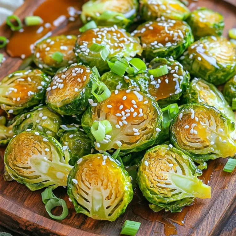 To create Air Fryer Honey Garlic Brussels Sprouts, gather these items: - 1 lb Brussels sprouts, trimmed and halved - 3 tablespoons honey - 2 tablespoons soy sauce (or tamari for gluten-free) - 3 cloves garlic, minced - 1 tablespoon olive oil - Salt and pepper to taste - 1 teaspoon sesame seeds (for garnish) - 2 green onions, sliced (for garnish) You can switch things up with these optional ingredients: - Chili flakes for heat - Balsamic vinegar for tanginess - Maple syrup instead of honey This dish serves four people. Each serving has: - Calories: 150 - Protein: 3g - Carbohydrates: 27g - Fat: 5g - Fiber: 4g - Sugar: 8g These numbers can change based on ingredient swaps. Enjoy these tasty sprouts while staying mindful of your nutrition! 1. Start by trimming the ends off the Brussels sprouts. 2. Cut each sprout in half. This helps them cook better and get crispy. 3. In a big bowl, mix honey, soy sauce, minced garlic, olive oil, salt, and pepper. Whisk until all blend well. 4. Toss the halved Brussels sprouts in the honey garlic mix. Make sure every piece gets coated. 1. Preheat your air fryer to 375°F (190°C). This makes them crispier. 2. Place the coated Brussels sprouts in the air fryer basket. Keep them in one layer. 3. If needed, cook in batches so they do not crowd each other. 4. Air fry for 12-15 minutes. Shake the basket halfway through to help them crisp up evenly. 5. When golden brown and crispy, take them out. Transfer to a serving dish. 6. Garnish with sesame seeds and sliced green onions for a tasty finish. - Make sure the Brussels sprouts are dry before coating. This helps them crisp up. - Do not overcrowd the air fryer. Sprouts need space to cook evenly. - Shake the basket halfway through cooking. This helps them brown nicely on all sides. - If you want extra crunch, cook them a minute or two longer. Just keep an eye on them! For my air fryer honey garlic Brussels sprouts, I preheat the air fryer to 375°F (190°C). This temperature helps the sprouts crisp up nicely. I cook them for about 12-15 minutes. Halfway through, I shake the basket to cook them evenly. Overcrowding can lead to soggy Brussels sprouts. I always arrange them in a single layer. If you have a lot, cook in batches. This way, each sprout gets enough hot air for that crispy texture. If you need a swap for honey, try maple syrup or agave syrup. For soy sauce, tamari works well for gluten-free diets. Coconut aminos can also be a great choice. These options keep the flavors strong and delicious. {{image_2}} You can change up the taste of your honey garlic Brussels sprouts by adding spices. Try adding red pepper flakes for heat. A little chili powder can also give a nice kick. If you enjoy warmth, add a dash of cumin or smoked paprika. These spices make the dish more exciting and flavorful. They add depth to the honey and garlic mix, making each bite special. This recipe is already quite flexible for vegetarians. To make it vegan, simply use maple syrup instead of honey. The soy sauce can remain as is, or you can use tamari for gluten-free needs. This keeps the sweet and savory balance intact. You can also add some tofu or tempeh for extra protein. Both options work well and keep it plant-based while still being delicious. If you have allergies or dietary needs, there are easy swaps. For those avoiding soy, try coconut aminos instead of soy sauce. It offers a similar taste without the allergens. If you're looking to cut sugar, use a sugar-free honey alternative. You can also substitute olive oil with avocado oil for a higher smoke point. These changes will not alter the great taste of the dish, making it friendly for everyone. After enjoying your delicious air fryer honey garlic Brussels sprouts, you may have some left. To keep them fresh, place the sprouts in an airtight container. Store them in the fridge for up to three days. Make sure they cool down before sealing the container. When you want to enjoy your leftovers, the best way to reheat them is in the air fryer. Preheat your air fryer to 350°F (175°C). Place the sprouts in the basket and heat for about 5-7 minutes. This method keeps them crispy and delicious. You can also use the oven, but the air fryer is my favorite for this dish. If you have more Brussels sprouts than you can eat, freezing is a great option. First, blanch the halved sprouts in boiling water for 3 minutes. Then, cool them in ice water for another 3 minutes. Drain and dry them well. Place the sprouts in a freezer bag, removing as much air as you can. They will stay fresh for up to three months. When ready to eat, just air fry them straight from the freezer. You should air fry Brussels sprouts for 12 to 15 minutes. Start at 375°F (190°C). Shake the basket halfway through. This helps them cook evenly. You want them golden brown and crispy. Yes, you can use frozen Brussels sprouts. Just thaw and drain them first. Pat them dry with a paper towel. This helps remove excess moisture. Moisture can make them soggy instead of crispy. Honey garlic Brussels sprouts pair well with many dishes. Try them with grilled chicken or salmon. They also go great with rice or quinoa. For a vegetarian option, serve them with tofu or a grain salad. To reduce bitterness, try these tips: - Trim the ends and remove any yellow leaves. - Soak halved sprouts in cold water for 30 minutes. - Blanch them in boiling water for 2-3 minutes before air frying. These methods can help improve their taste. You learned about making crispy air fryer Brussels sprouts. We explored key ingredients, cooking steps, and delicious variations. You now have tips to avoid overcrowding and simple storage tips for leftovers. Try the optional spices or vegetarian swaps for more flavor. Remember, cooking is fun, and with practice, you'll get it just right. Enjoy your tasty, healthy dish and share it with friends. Your next meal can be full of great flavor and nutrition!
