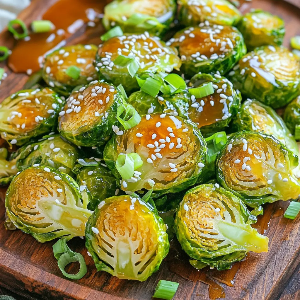 To create Air Fryer Honey Garlic Brussels Sprouts, gather these items: - 1 lb Brussels sprouts, trimmed and halved - 3 tablespoons honey - 2 tablespoons soy sauce (or tamari for gluten-free) - 3 cloves garlic, minced - 1 tablespoon olive oil - Salt and pepper to taste - 1 teaspoon sesame seeds (for garnish) - 2 green onions, sliced (for garnish) You can switch things up with these optional ingredients: - Chili flakes for heat - Balsamic vinegar for tanginess - Maple syrup instead of honey This dish serves four people. Each serving has: - Calories: 150 - Protein: 3g - Carbohydrates: 27g - Fat: 5g - Fiber: 4g - Sugar: 8g These numbers can change based on ingredient swaps. Enjoy these tasty sprouts while staying mindful of your nutrition! 1. Start by trimming the ends off the Brussels sprouts. 2. Cut each sprout in half. This helps them cook better and get crispy. 3. In a big bowl, mix honey, soy sauce, minced garlic, olive oil, salt, and pepper. Whisk until all blend well. 4. Toss the halved Brussels sprouts in the honey garlic mix. Make sure every piece gets coated. 1. Preheat your air fryer to 375°F (190°C). This makes them crispier. 2. Place the coated Brussels sprouts in the air fryer basket. Keep them in one layer. 3. If needed, cook in batches so they do not crowd each other. 4. Air fry for 12-15 minutes. Shake the basket halfway through to help them crisp up evenly. 5. When golden brown and crispy, take them out. Transfer to a serving dish. 6. Garnish with sesame seeds and sliced green onions for a tasty finish. - Make sure the Brussels sprouts are dry before coating. This helps them crisp up. - Do not overcrowd the air fryer. Sprouts need space to cook evenly. - Shake the basket halfway through cooking. This helps them brown nicely on all sides. - If you want extra crunch, cook them a minute or two longer. Just keep an eye on them! For my air fryer honey garlic Brussels sprouts, I preheat the air fryer to 375°F (190°C). This temperature helps the sprouts crisp up nicely. I cook them for about 12-15 minutes. Halfway through, I shake the basket to cook them evenly. Overcrowding can lead to soggy Brussels sprouts. I always arrange them in a single layer. If you have a lot, cook in batches. This way, each sprout gets enough hot air for that crispy texture. If you need a swap for honey, try maple syrup or agave syrup. For soy sauce, tamari works well for gluten-free diets. Coconut aminos can also be a great choice. These options keep the flavors strong and delicious. {{image_2}} You can change up the taste of your honey garlic Brussels sprouts by adding spices. Try adding red pepper flakes for heat. A little chili powder can also give a nice kick. If you enjoy warmth, add a dash of cumin or smoked paprika. These spices make the dish more exciting and flavorful. They add depth to the honey and garlic mix, making each bite special. This recipe is already quite flexible for vegetarians. To make it vegan, simply use maple syrup instead of honey. The soy sauce can remain as is, or you can use tamari for gluten-free needs. This keeps the sweet and savory balance intact. You can also add some tofu or tempeh for extra protein. Both options work well and keep it plant-based while still being delicious. If you have allergies or dietary needs, there are easy swaps. For those avoiding soy, try coconut aminos instead of soy sauce. It offers a similar taste without the allergens. If you're looking to cut sugar, use a sugar-free honey alternative. You can also substitute olive oil with avocado oil for a higher smoke point. These changes will not alter the great taste of the dish, making it friendly for everyone. After enjoying your delicious air fryer honey garlic Brussels sprouts, you may have some left. To keep them fresh, place the sprouts in an airtight container. Store them in the fridge for up to three days. Make sure they cool down before sealing the container. When you want to enjoy your leftovers, the best way to reheat them is in the air fryer. Preheat your air fryer to 350°F (175°C). Place the sprouts in the basket and heat for about 5-7 minutes. This method keeps them crispy and delicious. You can also use the oven, but the air fryer is my favorite for this dish. If you have more Brussels sprouts than you can eat, freezing is a great option. First, blanch the halved sprouts in boiling water for 3 minutes. Then, cool them in ice water for another 3 minutes. Drain and dry them well. Place the sprouts in a freezer bag, removing as much air as you can. They will stay fresh for up to three months. When ready to eat, just air fry them straight from the freezer. You should air fry Brussels sprouts for 12 to 15 minutes. Start at 375°F (190°C). Shake the basket halfway through. This helps them cook evenly. You want them golden brown and crispy. Yes, you can use frozen Brussels sprouts. Just thaw and drain them first. Pat them dry with a paper towel. This helps remove excess moisture. Moisture can make them soggy instead of crispy. Honey garlic Brussels sprouts pair well with many dishes. Try them with grilled chicken or salmon. They also go great with rice or quinoa. For a vegetarian option, serve them with tofu or a grain salad. To reduce bitterness, try these tips: - Trim the ends and remove any yellow leaves. - Soak halved sprouts in cold water for 30 minutes. - Blanch them in boiling water for 2-3 minutes before air frying. These methods can help improve their taste. You learned about making crispy air fryer Brussels sprouts. We explored key ingredients, cooking steps, and delicious variations. You now have tips to avoid overcrowding and simple storage tips for leftovers. Try the optional spices or vegetarian swaps for more flavor. Remember, cooking is fun, and with practice, you'll get it just right. Enjoy your tasty, healthy dish and share it with friends. Your next meal can be full of great flavor and nutrition!