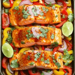 - 4 salmon fillets - 2 red bell peppers, sliced - 2 yellow bell peppers, sliced - 1 medium red onion, sliced The star of this dish is the salmon. It is rich in omega-3 fatty acids and has a soft texture. The bright, sweet bell peppers add color and crunch. Red onion brings a mild, sweet flavor that pairs well with the fish. - 3 tablespoons sweet chili sauce - 1 tablespoon soy sauce - 1 tablespoon olive oil - 2 cloves garlic, minced - 1 teaspoon ginger, grated - Salt and pepper to taste The marinade makes this dish pop with flavor. Sweet chili sauce adds a nice sweetness and heat. Soy sauce gives a deeper umami taste. Olive oil helps the salmon stay moist. Garlic and ginger add aromatic notes that brighten up the dish. - Fresh cilantro, for garnish - Lime wedges, for serving Fresh cilantro adds a lovely herbaceous touch. Lime wedges provide a zesty kick, enhancing the flavors when squeezed over the salmon. These simple garnishes elevate your meal and make it look beautiful on the plate. Preheating the oven: Start by preheating your oven to 400°F (200°C). This step is key to getting your dish cooked just right. Making the marinade: In a small bowl, mix together 3 tablespoons of sweet chili sauce, 1 tablespoon of soy sauce, and 1 tablespoon of olive oil. Add 2 cloves of minced garlic and 1 teaspoon of grated ginger. Season with a pinch of salt and pepper. Stir until everything blends well. This marinade will add great flavor to your salmon. Marinating the salmon: Place 4 salmon fillets in a shallow dish. Pour half of your marinade over the salmon. Let it soak for 15-20 minutes. This makes the salmon really tasty. Preparing vegetables on the sheet pan: Take a large sheet pan and arrange 2 sliced red bell peppers, 2 sliced yellow bell peppers, and 1 sliced medium red onion. Drizzle the remaining marinade over the veggies. Season with salt and pepper. Toss them around to coat well. Adding salmon to the vegetables: After marinating, remove the salmon from the dish. Place the salmon fillets right on top of the veggies on the sheet pan. Roasting the mixture in the oven: Put the sheet pan in your preheated oven. Roast for 15-20 minutes. Check if the salmon flakes easily with a fork and if the veggies are tender. This timing ensures perfect texture and flavor. Best practices for marinating: Marinating makes your salmon taste great. Use a shallow dish so the fish sits in the sauce. Pour half the marinade over the salmon. Let it sit for 15-20 minutes. This time lets the flavors soak in well. Don't marinate too long, or the fish might become mushy. Using parchment paper for easy cleanup: Using parchment paper helps keep your pan clean. It stops the fish and veggies from sticking. Lay a sheet of parchment on the pan before adding your vegetables. Once you finish cooking, just throw away the paper. It saves time and makes cleanup easy. Signs of perfectly cooked salmon: You know the salmon is done when it flakes easily. Use a fork to check if it breaks apart. The color should be a nice pink, not dark. If it looks dry or dark, it might be overcooked. Keep an eye on it during baking. Ensuring tender vegetables: To get tender vegetables, cut them into even pieces. This helps them cook at the same rate. Check the veggies after 15 minutes in the oven. If they are still hard, give them a few more minutes. They should be soft but still colorful and bright. {{image_2}} You can switch proteins in this recipe. Instead of salmon, use chicken breast or tofu. Both options absorb flavors well. If you choose chicken, make sure to cook it longer. For fish lovers, try tilapia or cod. These fish are mild and pair nicely with the sweet chili sauce. You can also change the vegetables. Try zucchini or asparagus for a different taste. Broccoli or snap peas add a crunch that you might enjoy. To add heat, sprinkle chili flakes over the salmon and veggies. This adds a nice kick without being too spicy. You can also mix in fresh herbs like basil or parsley. These herbs brighten the dish and add freshness. A touch of lime juice before serving can enhance the flavors. It brings a zesty twist that complements the sweet chili sauce. To keep your leftovers fresh, store them in airtight containers. Place the salmon and veggies together or separately. This way, the flavors stay intact. You can refrigerate them for up to three days. If you want to save them longer, freezing is a great option. Wrap the salmon and veggies tightly in plastic wrap and then in foil. This extra layer protects them from freezer burn. Cooked salmon and veggies can last up to three months in the freezer. When it’s time to enjoy your leftovers, you can reheat the salmon in several ways. The oven works best. Preheat it to 350°F (175°C) and place the salmon on a baking sheet. Heat for about 10-15 minutes. This method keeps the salmon moist and flaky. For the veggies, I suggest reheating them in a skillet. Add a splash of water to help steam them. This keeps the vegetables tender and flavorful. Stir them over medium heat for about five minutes. Enjoy your meal just like the first time! How long should I marinate the salmon? You should marinate the salmon for 15 to 20 minutes. This helps the flavors soak in well. If you marinate it too long, the fish may become mushy. So, stick to this time for the best results. Can I make this recipe gluten-free? Yes, you can make this recipe gluten-free. Simply use gluten-free soy sauce instead of regular soy sauce. This small change keeps the dish safe for those with gluten sensitivities. Enjoy the same great taste without worry. Is it healthy? Nutritional info overview This dish is quite healthy. Salmon offers high protein and omega-3 fatty acids. The bell peppers add vitamins A and C. Overall, it’s a balanced meal with good fats and veggies. You can enjoy this dish guilt-free. Can this recipe be doubled for a larger crowd? Absolutely! You can easily double this recipe. Just use a larger sheet pan or two pans. Make sure to keep the cooking time the same. Check that the salmon is cooked through before serving. Enjoy hosting a flavorful meal for everyone! This blog post covers a delicious salmon dish with vibrant veggies. We talked about the main ingredients, like salmon, bell peppers, and the right marinade. I explained step-by-step how to cook it perfectly, from prepping to roasting. We shared tips for texture and easy cleanup. You can even customize it with different proteins or spices. Lastly, I covered how to store leftovers and answered common questions. Cooking this dish can be simple and enjoyable. Just dive in and create a meal you’ll love.