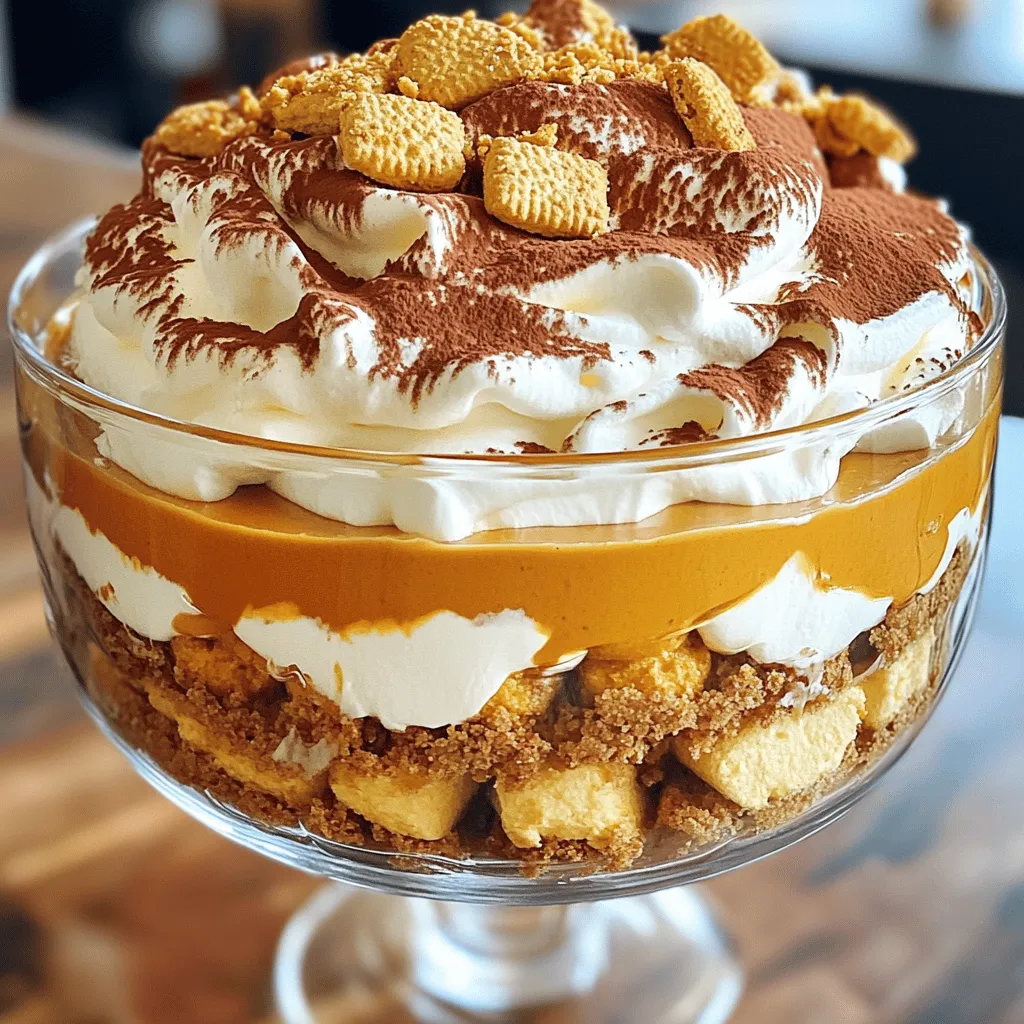 For this delightful fall dessert, you need the following essential ingredients: - 1 cup mascarpone cheese - 1 cup heavy cream - 1/2 cup powdered sugar - 1 teaspoon vanilla extract - 1 cup pumpkin puree - 1 teaspoon pumpkin pie spice - 1 cup strong brewed coffee, cooled - 1 tablespoon maple syrup - 16 ladyfinger cookies These ingredients come together to create a rich and creamy treat. Mascarpone cheese adds a smooth texture. The pumpkin puree brings warmth and flavor. The coffee gives the dessert a nice balance. You can elevate your trifle with some optional toppings: - Cocoa powder for dusting - Whipped cream for topping - Crushed graham crackers for garnish These garnishes add texture and visual appeal. The cocoa powder gives a hint of chocolate, while whipped cream adds lightness. Crushed graham crackers add a delightful crunch. To make your pumpkin spice tiramisu trifle, you will need: - Mixing bowls - Electric mixer - Trifle dish or individual serving glasses - Spoon or spatula Having the right tools makes this process easier. Using a trifle dish lets you show off those beautiful layers. Individual glasses also work well for serving. To start, grab a mixing bowl. Add 1 cup of mascarpone cheese, 1 cup of heavy cream, and 1/2 cup of powdered sugar. Then, pour in 1 teaspoon of vanilla extract, 1 cup of pumpkin puree, and 1 teaspoon of pumpkin pie spice. Use an electric mixer on medium-high speed. Beat until the mixture is smooth and fluffy. This blend is the heart of your trifle. Next, take a separate bowl. Mix 1 cup of cooled brewed coffee with 1 tablespoon of maple syrup. Dip each ladyfinger cookie into this coffee mixture. Make sure to soak them briefly. They should be moist but not mushy. This step adds flavor and keeps the cookies from falling apart. Now, it’s time to layer your trifle. Start with half of the soaked ladyfingers at the bottom of your trifle dish or individual glasses. Spread half of the pumpkin mascarpone mixture over these cookies. Smooth it out evenly. Repeat this process with the remaining ladyfingers and pumpkin mixture. Once layered, cover the trifle. Refrigerate for at least 4 hours or overnight. This allows the flavors to meld beautifully. Before serving, dust the top with cocoa powder, add a dollop of whipped cream, and sprinkle crushed graham crackers for crunch. Enjoy your delightful fall dessert! For a smooth and fluffy texture, mix the mascarpone cheese and heavy cream well. Use an electric mixer on medium-high speed. Blend until the mixture is light and airy. Be careful not to overmix, as it can become too thick. The right consistency makes each bite delightful. You can prepare this dessert a day in advance. After layering, cover the trifle with plastic wrap. This helps the flavors blend well overnight. Keep it in the fridge until you are ready to serve. Just remember to add the toppings right before serving for the best look. Serve this trifle in clear glasses for a beautiful display. Layering shows off the pumpkin colors and textures. Dust cocoa powder on top for a rich finish. A dollop of whipped cream adds creaminess. Lastly, sprinkle crushed graham crackers for a nice crunch. Enjoy every bite with friends or family! {{image_2}} You can easily make this dessert vegetarian. All ingredients are plant-based or vegetarian-friendly. The mascarpone cheese and heavy cream are key. They add rich and creamy textures. Just ensure your ladyfingers do not contain any animal products. Most store-bought ladyfingers are suitable for vegetarians. For a gluten-free version, look for gluten-free ladyfingers. Many brands offer this option now. You can also make your own at home using almond flour or gluten-free flour. Just follow a gluten-free recipe for ladyfingers. The rest of the recipe remains the same. You can switch flavors to mix things up. Maple syrup can replace the sugar for a distinct taste. Adding chocolate can make it richer. You can fold in melted chocolate into the mascarpone mixture. For a chocolate twist, dust the top with cocoa powder instead of regular. Each variation offers a new way to enjoy this treat! To keep your Pumpkin Spice Tiramisu Trifle fresh, cover it tightly. Use plastic wrap or a lid. This stops air from drying it out. Store it in the fridge for the best taste. Make sure it stays cool until you serve it. You can freeze leftovers if you want to save some. First, let the trifle cool completely. Then, slice it into portions. Wrap each piece in plastic wrap and place them in a freezer-safe bag. This keeps the flavors intact. Remember to enjoy it within three months for best taste. In the fridge, your trifle lasts about 3 to 4 days. If you freeze it, it can stay good for about three months. Once you take it out of the freezer, eat it within 24 hours. Always check for any changes in smell or look before serving. Yes, you can use cream cheese, but the taste will change. Mascarpone is creamy and rich. Cream cheese is tangy and firmer. If you use cream cheese, whip it well to make it smooth. You might want to add a bit more sugar to balance the taste. To make this dessert dairy-free, use dairy-free cream cheese and coconut cream. Look for vegan mascarpone as an option. Use almond milk or coconut milk for soaking the ladyfingers. Check labels for any hidden dairy in other ingredients. Serve the trifle in clear glasses or bowls. This lets the layers show off their beauty. You can also garnish each serving with cocoa powder and whipped cream. Adding crushed graham crackers gives a nice crunch. You can keep the trifle in the fridge for up to three days. The flavors get better as it chills. Just cover it well to stop it from drying out. Enjoy it fresh for the best taste! In this post, we covered how to make a delicious Pumpkin Spice Tiramisu Trifle. You learned about essential ingredients, step-by-step instructions, and helpful tips. There are even variations and storage tips to help you enjoy it longer. With these ideas, you can impress friends and family. Enjoy making this delightful dessert and share your results!