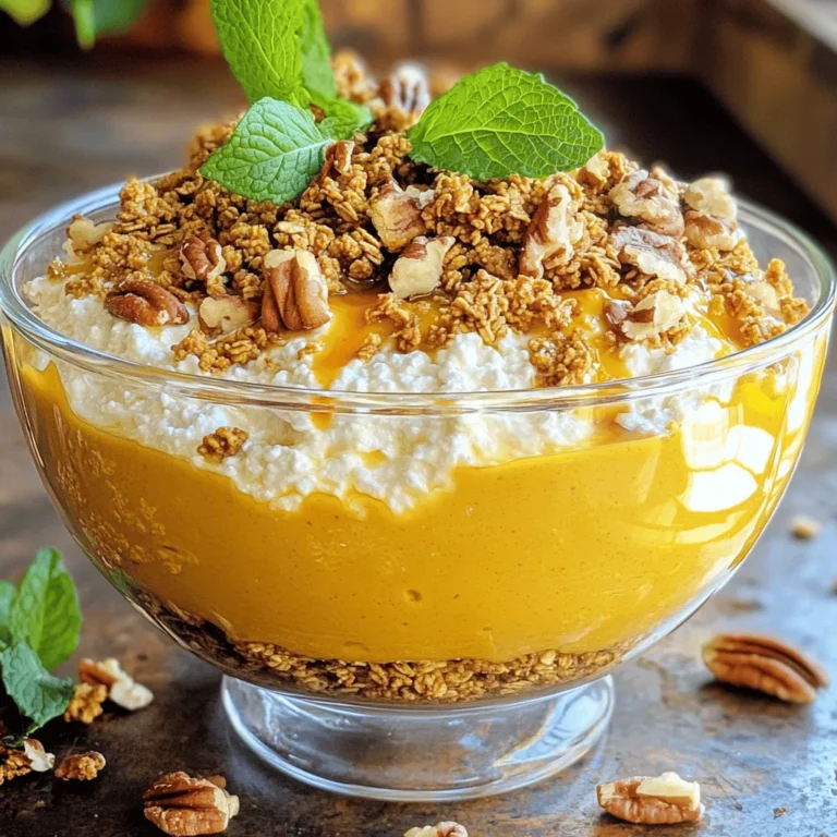 - 1 cup cottage cheese - 1/2 cup pumpkin puree - 2 tablespoons maple syrup or honey - 1 teaspoon vanilla extract - 1 teaspoon pumpkin pie spice - 1/4 teaspoon cinnamon - 1 tablespoon chia seeds - 1/4 cup granola - 1 tablespoon chopped pecans (optional) - Fresh mint leaves (optional) This High-Protein Pumpkin Pie Cottage Cheese Bowl is a fun dish. It packs a punch with protein and flavor. First, cottage cheese is a great base. It is low in fat and high in protein. Pumpkin puree adds natural sweetness and fiber. You can use canned pumpkin or fresh puree. It gives your bowl a rich, creamy texture. Next, for sweetness, you can add maple syrup or honey. Both work well. They balance the flavors and make it taste like dessert. The additional ingredients add more depth. Vanilla extract gives a sweet aroma. Pumpkin pie spice brings warmth with cinnamon, nutmeg, and ginger. A little sprinkle of cinnamon adds a nice touch too. Chia seeds are great for crunch and nutrition. They also help thicken the bowl. For toppings, granola adds a delightful crunch. You can also add chopped pecans for a nutty flavor. Fresh mint leaves make it look pretty and fresh. This bowl is not just tasty; it’s also easy to prepare. You get a treat that is good for you. Enjoy making it! In a mixing bowl, combine one cup of cottage cheese and half a cup of pumpkin puree. Stir until smooth. This mix forms a creamy base for our bowl. Next, add two tablespoons of maple syrup or honey, one teaspoon of vanilla extract, one teaspoon of pumpkin pie spice, and a quarter teaspoon of cinnamon. Mix well to combine all the flavors. Now, stir in one tablespoon of chia seeds. These seeds add texture and boost protein. Let the mixture rest for about five minutes. This resting time allows the chia seeds to soak up moisture and thicken the mix, creating a nice consistency. Once the mixture has thickened, spoon it into serving bowls. Top with a quarter cup of granola for a crunchy bite. For added flavor, sprinkle chopped pecans on top if you like. Finally, garnish with fresh mint leaves for a pop of color and freshness. To make your bowl pop with flavor, consider trying different spices. You can swap pumpkin pie spice with nutmeg or allspice for a unique twist. If you want to control sweetness, use mashed bananas or stevia instead of maple syrup or honey. These options add taste without extra sugar. Mixing cottage cheese and pumpkin requires a gentle hand. Start with smooth pumpkin puree to avoid lumps. Blend them until they are creamy. After adding chia seeds, let the mix rest for 5 minutes. This step helps the bowl thicken and become more satisfying. For serving, use clear glass bowls. This way, you can show off the beautiful layers of your dish. You can also drizzle a little extra maple syrup on top. For a creative touch, layer the cottage cheese mix and granola in your bowl. This makes each bite a delightful surprise! {{image_2}} You can change the flavor of your pumpkin pie cottage cheese bowl by using different fruit purees. For example, try adding banana or apple puree for a fun twist. Each fruit adds its own unique taste. Swapping spices can also change the flavor. Instead of pumpkin pie spice, you can use chai spice or even ginger for a warm kick. For those who need dairy-free options, you can use almond or soy yogurt instead of cottage cheese. This keeps it creamy while being plant-based. If you want a low-sugar option, use fewer sweeteners or try a sugar substitute like stevia. This way, you can still enjoy the bowl without too much sugar. If you want to make a single serving, just halve the recipe. This is perfect for a quick snack or breakfast. On the other hand, if you're meal prepping, you can double the recipe. This way, you have several servings ready for the week. Just store them in the fridge and grab one when you need a tasty treat! To keep your high-protein pumpkin pie cottage cheese bowl fresh, store it in the fridge. Place it in an airtight container. This helps to seal in the flavors and prevent drying out. Your bowl will last about 2 to 3 days in the fridge. Just make sure to check for any changes in smell or texture before eating. Yes, you can freeze this bowl! However, note that the texture may change a bit. To freeze, scoop the mixture into a freezer-safe container. Leave some space at the top for expansion. When ready to eat, thaw it in the fridge overnight. For a quick option, you can also use the microwave on defrost mode. For best results when reheating, use the microwave. Heat in short bursts of 15 to 30 seconds. Stir in between to warm it evenly. Avoid overheating, as it can make the cottage cheese grainy. If you prefer, you can also reheat it on the stovetop over low heat. This method helps maintain its smooth texture and full flavor. This dish is simple to make and takes just 10 minutes. Start by mixing 1 cup of cottage cheese with 1/2 cup of pumpkin puree in a bowl. Stir until it’s smooth. Then add 2 tablespoons of maple syrup or honey, 1 teaspoon of vanilla extract, 1 teaspoon of pumpkin pie spice, and 1/4 teaspoon of cinnamon. Mix well. Add 1 tablespoon of chia seeds and let it sit for 5 minutes. This helps the chia seeds soak up moisture. Spoon the mixture into bowls and top with 1/4 cup of granola. For crunch, add 1 tablespoon of chopped pecans if you like. Finish with fresh mint leaves for a nice look. This bowl packs a protein punch. Cottage cheese is high in protein, making it great for muscle repair. One cup has about 25 grams of protein. Pumpkin is rich in vitamins A and C, plus fiber to keep you full. Chia seeds add omega-3 fatty acids and extra fiber. The natural sweetener enhances flavor without too much sugar. Overall, this dish supports a healthy diet while tasting delicious. Yes, you can prep this bowl ahead. Mix the cottage cheese and pumpkin puree and store it in the fridge for up to two days. Just add the toppings right before eating to keep them fresh. This makes it a fast breakfast or snack for busy days. You can make a delicious high-protein pumpkin pie cottage cheese bowl using simple ingredients. Combine cottage cheese, pumpkin puree, and your choice of sweeteners and spices. Don't forget to add chia seeds for extra texture. Explore flavor variations, dietary options, and creative presentations. This dish is easy to customize and store. It offers great nutrition and fits into busy lives. Enjoy your tasty, healthy bowl anytime!