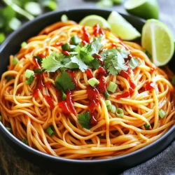 - 200g noodles (egg or rice noodles) - 3 tablespoons vegetable oil - 4 cloves garlic, minced - 1-2 red chilies, sliced - 2 tablespoons soy sauce - 1 tablespoon chili garlic sauce - 1 teaspoon sesame oil - 1 teaspoon sugar - 2 green onions, chopped - Fresh cilantro for garnish - Lime wedges for serving When making spicy chili garlic noodles, you need the right ingredients. First, choose 200 grams of your preferred noodles. Egg noodles bring richness, while rice noodles offer a light touch. Next, gather vegetable oil to sauté flavors. Garlic gives this dish its base. Use four cloves, minced finely. For heat, slice one to two red chilies. You can adjust how much you add based on your spice level. Soy sauce adds depth, so include two tablespoons. For an extra kick, add one tablespoon of chili garlic sauce. You can find this in most stores. A teaspoon of sesame oil adds a nutty touch. Don't forget one teaspoon of sugar to balance flavors. Add freshness with two chopped green onions. Finally, garnish with fresh cilantro and serve lime wedges on the side. Lime adds a bright zing to each bite. This mix of ingredients creates a quick, tasty meal in just 15 minutes! To start, bring a large pot of salted water to a boil. This step is crucial for flavor. Once boiling, add 200g of your chosen noodles. Cook them according to the package instructions, usually around 3-5 minutes. When they are done, drain the noodles and set them aside. Make sure not to overcook them, as they should remain firm. While the noodles are cooking, mix the sauce. In a small bowl, whisk together 2 tablespoons of soy sauce, 1 tablespoon of chili garlic sauce, 1 teaspoon of sesame oil, and 1 teaspoon of sugar. This will create a balance of flavors, adding both spice and sweetness. Set this mixture aside for later. Next, heat 3 tablespoons of vegetable oil in a large pan or wok over medium heat. Once the oil is hot, add 4 cloves of minced garlic and 1-2 sliced red chilies. Stir-fry these for about 30 seconds. Keep an eye on the garlic. It cooks fast and should not burn, as this will ruin the flavor. Now, it's time to bring it all together. Add the drained noodles into the pan with the garlic and chilies. Pour in the sauce mixture you prepared earlier. Toss everything gently to coat the noodles well. Heat this for about 2-3 minutes. You want the noodles to soak up all the flavors. Finally, stir in 2 chopped green onions. This adds a fresh crunch to the dish. Once mixed, remove the pan from heat. You can now plate the spicy chili garlic noodles. For a lovely finish, garnish with fresh cilantro and serve with lime wedges on the side. The lime adds a nice zing to this dish. Enjoy your quick and tasty meal! To make your spicy chili garlic noodles just right, you can adjust the heat with chilies. If you want more spice, add more red chilies. If you prefer less heat, use just one or remove the seeds. Always taste as you go to find your perfect balance. Sautéing garlic is key for great flavor, but burning it is a common mistake. Heat your oil over medium heat. Once it’s hot, add the garlic and chilies. Stir quickly for about 30 seconds. Keep an eye on it; you want the garlic fragrant, not brown. If it starts to brown, lower the heat. For a beautiful dish, serve your noodles in deep bowls. This adds a nice touch and makes it easier to eat. Drizzle a bit of extra chili garlic sauce on top for color and flavor. A sprinkle of sesame seeds also adds a nice crunch and looks great. Garnish your noodles with fresh cilantro for a burst of color and flavor. You can also add lime wedges on the side. A squeeze of lime juice before eating brightens the dish and enhances the flavors. {{image_2}} You can add protein to your spicy chili garlic noodles. Chicken, shrimp, or tofu work well. - Chicken: Slice cooked chicken and toss it with the noodles. - Shrimp: Add shrimp to the pan when you sauté the garlic and chilies. Cook until pink. - Tofu: Use firm tofu for a great vegan option. Cube it and pan-fry until golden. These protein options make the dish heartier and boost nutrition. Adding vegetables can make your dish colorful and healthy. You can use bell peppers, spinach, or carrots. - Bell Peppers: Slice them thin and stir-fry with the garlic and chilies. - Spinach: Toss in fresh spinach at the end. It wilts quickly and adds nutrients. - Carrots: Shred carrots and mix them in for a sweet crunch. These add-ins bring different flavors and textures to your meal. If you need a gluten-free option, you can use gluten-free noodles. - Rice Noodles: These are a great substitute. They cook quickly and soak up flavors well. - Zucchini Noodles: For a low-carb choice, spiralize zucchini into noodles. These alternatives keep your spicy chili garlic noodles tasty without gluten. To keep your spicy chili garlic noodles fresh, store them in an airtight container. Let the noodles cool completely before sealing. Place the container in the fridge. They will last for about three days. If you want to keep them longer, consider freezing. However, the texture may change when thawed. To reheat your noodles, the best way is to use a pan. Heat a little oil in the pan over medium heat. Add the noodles and stir gently for about three to five minutes. If they seem dry, splash a bit of water or soy sauce. You can also use the microwave. Place the noodles in a microwave-safe bowl, cover them with a damp paper towel, and heat for one to two minutes. Stir halfway to ensure even heating. Enjoy your spicy chili garlic noodles just like new! It takes just 15 minutes to make spicy chili garlic noodles. You will spend 5 minutes prepping and 10 minutes cooking. This quick meal is perfect for busy days. Yes, you can change the spice level. Use fewer red chilies for less heat. You can also remove the seeds from the chilies. If you love spice, add more chili garlic sauce. Taste as you cook to find what you like best. These noodles pair well with many sides. Try a simple cucumber salad for crunch. Steamed broccoli adds color and nutrients. You can also serve spring rolls for a fun appetizer. Lime wedges are great for a zesty finish. Enjoy your meal! In this post, we covered the key ingredients for spicy chili garlic noodles and how to cook them step by step. We also shared tips to enhance flavor and present an appealing dish. You can add proteins or vegetables to suit your taste. Remember to store leftovers properly and reheating them is easy. Feel free to adjust spice levels to your liking. Enjoy crafting this tasty dish that can be a quick meal or a crowd-pleaser. You now have all the tools to make it delicious!