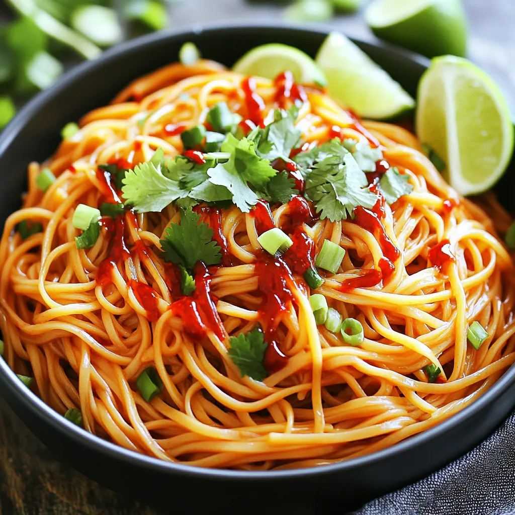 - 200g noodles (egg or rice noodles) - 3 tablespoons vegetable oil - 4 cloves garlic, minced - 1-2 red chilies, sliced - 2 tablespoons soy sauce - 1 tablespoon chili garlic sauce - 1 teaspoon sesame oil - 1 teaspoon sugar - 2 green onions, chopped - Fresh cilantro for garnish - Lime wedges for serving When making spicy chili garlic noodles, you need the right ingredients. First, choose 200 grams of your preferred noodles. Egg noodles bring richness, while rice noodles offer a light touch. Next, gather vegetable oil to sauté flavors. Garlic gives this dish its base. Use four cloves, minced finely. For heat, slice one to two red chilies. You can adjust how much you add based on your spice level. Soy sauce adds depth, so include two tablespoons. For an extra kick, add one tablespoon of chili garlic sauce. You can find this in most stores. A teaspoon of sesame oil adds a nutty touch. Don't forget one teaspoon of sugar to balance flavors. Add freshness with two chopped green onions. Finally, garnish with fresh cilantro and serve lime wedges on the side. Lime adds a bright zing to each bite. This mix of ingredients creates a quick, tasty meal in just 15 minutes! To start, bring a large pot of salted water to a boil. This step is crucial for flavor. Once boiling, add 200g of your chosen noodles. Cook them according to the package instructions, usually around 3-5 minutes. When they are done, drain the noodles and set them aside. Make sure not to overcook them, as they should remain firm. While the noodles are cooking, mix the sauce. In a small bowl, whisk together 2 tablespoons of soy sauce, 1 tablespoon of chili garlic sauce, 1 teaspoon of sesame oil, and 1 teaspoon of sugar. This will create a balance of flavors, adding both spice and sweetness. Set this mixture aside for later. Next, heat 3 tablespoons of vegetable oil in a large pan or wok over medium heat. Once the oil is hot, add 4 cloves of minced garlic and 1-2 sliced red chilies. Stir-fry these for about 30 seconds. Keep an eye on the garlic. It cooks fast and should not burn, as this will ruin the flavor. Now, it's time to bring it all together. Add the drained noodles into the pan with the garlic and chilies. Pour in the sauce mixture you prepared earlier. Toss everything gently to coat the noodles well. Heat this for about 2-3 minutes. You want the noodles to soak up all the flavors. Finally, stir in 2 chopped green onions. This adds a fresh crunch to the dish. Once mixed, remove the pan from heat. You can now plate the spicy chili garlic noodles. For a lovely finish, garnish with fresh cilantro and serve with lime wedges on the side. The lime adds a nice zing to this dish. Enjoy your quick and tasty meal! To make your spicy chili garlic noodles just right, you can adjust the heat with chilies. If you want more spice, add more red chilies. If you prefer less heat, use just one or remove the seeds. Always taste as you go to find your perfect balance. Sautéing garlic is key for great flavor, but burning it is a common mistake. Heat your oil over medium heat. Once it’s hot, add the garlic and chilies. Stir quickly for about 30 seconds. Keep an eye on it; you want the garlic fragrant, not brown. If it starts to brown, lower the heat. For a beautiful dish, serve your noodles in deep bowls. This adds a nice touch and makes it easier to eat. Drizzle a bit of extra chili garlic sauce on top for color and flavor. A sprinkle of sesame seeds also adds a nice crunch and looks great. Garnish your noodles with fresh cilantro for a burst of color and flavor. You can also add lime wedges on the side. A squeeze of lime juice before eating brightens the dish and enhances the flavors. {{image_2}} You can add protein to your spicy chili garlic noodles. Chicken, shrimp, or tofu work well. - Chicken: Slice cooked chicken and toss it with the noodles. - Shrimp: Add shrimp to the pan when you sauté the garlic and chilies. Cook until pink. - Tofu: Use firm tofu for a great vegan option. Cube it and pan-fry until golden. These protein options make the dish heartier and boost nutrition. Adding vegetables can make your dish colorful and healthy. You can use bell peppers, spinach, or carrots. - Bell Peppers: Slice them thin and stir-fry with the garlic and chilies. - Spinach: Toss in fresh spinach at the end. It wilts quickly and adds nutrients. - Carrots: Shred carrots and mix them in for a sweet crunch. These add-ins bring different flavors and textures to your meal. If you need a gluten-free option, you can use gluten-free noodles. - Rice Noodles: These are a great substitute. They cook quickly and soak up flavors well. - Zucchini Noodles: For a low-carb choice, spiralize zucchini into noodles. These alternatives keep your spicy chili garlic noodles tasty without gluten. To keep your spicy chili garlic noodles fresh, store them in an airtight container. Let the noodles cool completely before sealing. Place the container in the fridge. They will last for about three days. If you want to keep them longer, consider freezing. However, the texture may change when thawed. To reheat your noodles, the best way is to use a pan. Heat a little oil in the pan over medium heat. Add the noodles and stir gently for about three to five minutes. If they seem dry, splash a bit of water or soy sauce. You can also use the microwave. Place the noodles in a microwave-safe bowl, cover them with a damp paper towel, and heat for one to two minutes. Stir halfway to ensure even heating. Enjoy your spicy chili garlic noodles just like new! It takes just 15 minutes to make spicy chili garlic noodles. You will spend 5 minutes prepping and 10 minutes cooking. This quick meal is perfect for busy days. Yes, you can change the spice level. Use fewer red chilies for less heat. You can also remove the seeds from the chilies. If you love spice, add more chili garlic sauce. Taste as you cook to find what you like best. These noodles pair well with many sides. Try a simple cucumber salad for crunch. Steamed broccoli adds color and nutrients. You can also serve spring rolls for a fun appetizer. Lime wedges are great for a zesty finish. Enjoy your meal! In this post, we covered the key ingredients for spicy chili garlic noodles and how to cook them step by step. We also shared tips to enhance flavor and present an appealing dish. You can add proteins or vegetables to suit your taste. Remember to store leftovers properly and reheating them is easy. Feel free to adjust spice levels to your liking. Enjoy crafting this tasty dish that can be a quick meal or a crowd-pleaser. You now have all the tools to make it delicious!