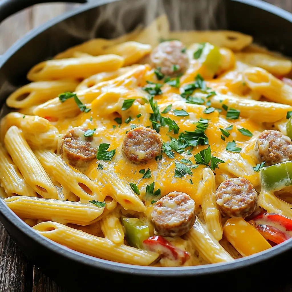 - 12 oz penne pasta - 1 lb chicken sausage, sliced - 1 tablespoon Cajun seasoning - 1 onion, diced - 3 cloves garlic, minced - 1 bell pepper (red or yellow), diced - 1 can (15 oz) diced tomatoes (with juice) - 2 cups chicken or vegetable broth - 1 cup heavy cream - 1 cup shredded cheddar cheese - 2 tablespoons olive oil - Salt and pepper to taste - Fresh parsley, chopped (for garnish) When cooking, it helps to measure your ingredients. Here’s how to do it: - Use a scale for the sausage to get exactly 1 lb. - For pasta, 12 oz is about 3 cups dry. - A tablespoon is equal to 15 ml for the Cajun seasoning. - One medium onion weighs about 6 oz when diced. - Three cloves of garlic should weigh around 10 grams. - One bell pepper is roughly 5-6 oz when diced. - A can of diced tomatoes is usually 15 oz, including juice. - For broth, use 2 cups or 16 oz. - Heavy cream should be measured in a liquid measuring cup. - Shredded cheese can be measured in a cup or weighed at 4 oz. - Fresh parsley should be used as a garnish, roughly 2 tablespoons chopped. Using high-quality ingredients makes this dish better. Here are some tips: - Choose fresh chicken sausage for a great flavor. Look for brands with no fillers. - Use ripe bell peppers for sweetness and color. - Fresh garlic is more aromatic than pre-minced. - Opt for low-sodium broth to control salt levels. - Heavy cream should be full fat for the creamiest sauce. - Fresh parsley adds color and a crisp taste. Pick the brightest green leaves. By focusing on these ingredients, you'll create a delicious one-pot creamy Cajun sausage pasta. 1. Gather all your ingredients. You will need penne pasta, chicken sausage, Cajun seasoning, onion, garlic, bell pepper, diced tomatoes, chicken or vegetable broth, heavy cream, cheddar cheese, olive oil, salt, and pepper. 2. Slice the chicken sausage into bite-sized pieces. 3. Dice the onion and bell pepper. Mince the garlic. This will help speed up cooking. 4. Measure out your spices and liquids. This makes it easier to add them later. 1. In a large pot or Dutch oven, heat the olive oil over medium heat. 2. Add the sliced chicken sausage. Cook for 5-7 minutes until browned. Stir often to avoid burning. 3. Toss in the diced onion and bell pepper. Sauté for 3-4 minutes until the onion is clear. 4. Add the minced garlic and Cajun seasoning. Cook for 1 more minute. This brings out the flavors. 5. Pour in the diced tomatoes and chicken broth. Bring the mixture to a boil. 6. Add the penne pasta and stir well. Turn the heat to low and cover. Let it simmer for 12-15 minutes. Stir occasionally to keep it from sticking. 7. Once the pasta is al dente, stir in the heavy cream and shredded cheddar cheese. Mix until the cheese melts, creating a creamy sauce. 1. Taste the dish and add salt and pepper as needed. 2. Remove from heat and let it sit for a couple of minutes. This helps thicken the sauce. 3. Garnish with fresh parsley before serving. This adds color and flavor. To get that creamy texture, use heavy cream. It mixes well with cheese, giving a rich taste. Stir it in after cooking your pasta. This lets the flavors blend nicely. Don’t rush this step; let it sit for a minute after mixing. This helps thicken the sauce. If you want even creamier pasta, add more cheese! One mistake is cooking the pasta too long. Al dente pasta holds up better and absorbs sauce. Another mistake is not stirring often. Stirring prevents pasta from sticking to the pot. Finally, don’t skip the seasoning. Cajun seasoning adds a spicy kick that makes this dish shine. For a complete meal, serve this pasta with a simple side salad. A fresh green salad or garlic bread works great. You can also pair it with a light wine, like Pinot Grigio. This keeps the meal balanced and tasty. Enjoy your creamy Cajun sausage pasta! {{image_2}} You can switch the chicken sausage for other meats. Try turkey sausage for a leaner option. If you want pork, use andouille sausage for a smoky flavor. Shrimp also works well, adding a nice seafood touch. Just make sure to adjust the cooking time. Shrimp cooks faster, so add it later in the recipe. To make this dish vegetarian, use plant-based sausage. You can also skip the sausage entirely. Add extra veggies, like mushrooms or zucchini, for more texture. For a vegan version, swap heavy cream with coconut milk. This keeps the dish creamy while adding a hint of sweetness. If you love heat, boost the spice level! Add more Cajun seasoning or toss in some red pepper flakes. For a fiery kick, include diced jalapeños or hot sauce. Adjust according to your taste, and enjoy the flavor explosion! To store leftovers, let the dish cool first. Then, transfer it to an airtight container. It keeps well in the fridge for up to three days. Make sure to use a container that seals tightly. This helps maintain the creamy texture and flavor. When it's time to reheat, use a pot on low heat. Stir often to avoid sticking. You can add a splash of broth or water to loosen it up. Heat until warm but don't let it boil. This keeps the cream smooth and tasty. If you want to freeze this dish, use freezer-safe containers. Let it cool completely before sealing. It can last for up to three months in the freezer. When ready to eat, thaw in the fridge overnight. Reheat as mentioned above for the best results. Yes, you can use other types of pasta. I like penne for its shape, but you can try rotini, farfalle, or even spaghetti. Just adjust the cooking time based on the pasta you choose. Smaller pasta cooks faster, while larger shapes take a bit longer. If you want to skip heavy cream, you have options. Whole milk or half-and-half can work, but the sauce won't be as rich. You can also use coconut milk for a dairy-free choice. For an extra creamy texture, add a bit of flour to thicken it. To make this dish gluten-free, swap regular pasta for gluten-free pasta. Many brands offer tasty options. Just be sure to check the package for cooking times. Also, ensure your chicken sausage is gluten-free. Most brands are, but it's good to double-check. This blog post covered key areas to help you create an amazing dish. We explored ingredients, measurement guides, and tips for quality. I shared clear cooking steps, final touches, and useful tricks for the best texture. We also discussed variations for different diets and how to store leftovers. Understanding these points will make your cooking easier and more fun. Experiment with the suggestions to find what you love. Enjoy your cooking journey!