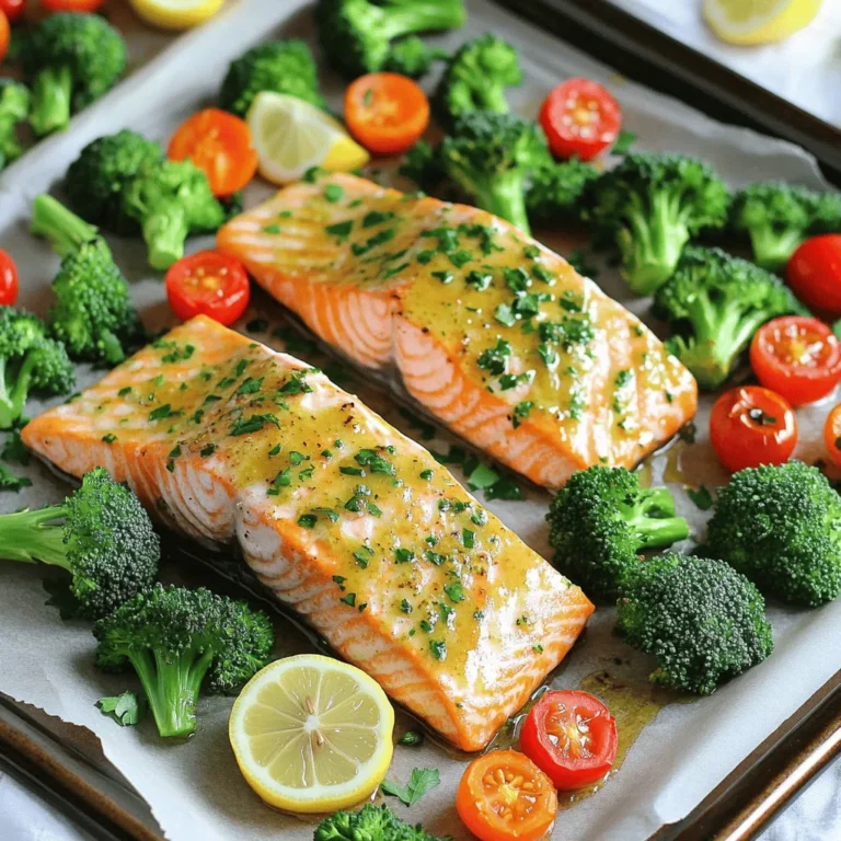 - 4 salmon fillets (6 oz each) - 1/4 cup olive oil - 2 tablespoons fresh lemon juice - 4 cloves garlic, minced - 1 tablespoon fresh parsley, chopped - 1 teaspoon dried oregano - 1 teaspoon salt - 1/2 teaspoon black pepper The salmon fillets are the star of this dish. They are rich in healthy fats and protein. The olive oil adds moisture, while lemon juice gives a bright flavor. Garlic and herbs make the dish fragrant and tasty. The salt and pepper help enhance all the flavors. - 1 cup broccoli florets - 1 cup cherry tomatoes, halved - 1 cup baby carrots, sliced I love using broccoli, cherry tomatoes, and baby carrots. Broccoli adds crunch and nutrition. Cherry tomatoes burst with sweetness, and baby carrots are colorful and sweet. Together, they complement the salmon perfectly. You can mix and match your favorite veggies too! - Lemon slices - Extra chopped parsley Garnishes make everything look nice. Lemon slices add a pop of color and extra zest. Chopped parsley gives a fresh touch. These simple additions make the dish more appealing and flavorful. Use them to impress your family or guests! - Preheat oven to 400°F (200°C). - Line a large baking sheet with parchment paper. - In a small bowl, whisk together the olive oil, lemon juice, minced garlic, parsley, oregano, salt, and black pepper. Mix well until combined. This mixture adds great flavor to the dish. - Place the salmon fillets in the center of the prepared baking sheet. - Arrange the broccoli, cherry tomatoes, and baby carrots around the salmon. - Drizzle the garlic herb mixture evenly over the salmon and the vegetables. Make sure everything is well-coated for the best flavor. - Bake in the preheated oven for 15-20 minutes. - Check for doneness by seeing if the salmon flakes easily with a fork. Make sure the vegetables are tender. This step is key for a perfect meal. The ideal internal temperature for salmon is 145°F (63°C). You can check this with a meat thermometer. When salmon is cooked right, it should flake easily with a fork. Another sign is the flesh changing from translucent to opaque. This change shows that it's done. To add more depth to your salmon, use fresh dill, thyme, or even some red pepper flakes. These add unique flavors. You can also try a marinade with soy sauce for an Asian twist. Marinades can infuse great taste in just 30 minutes. You can serve this dish family-style right from the sheet pan. It makes a great centerpiece. If you prefer, transfer each portion to individual plates. For sides, consider white rice or quinoa. A fresh salad also pairs well. These options balance the meal and add more color. {{image_2}} You can switch up the veggies based on what you have. Seasonal vegetables work great and add color. Try zucchini, bell peppers, or asparagus. Starchy vegetables like sweet potatoes or butternut squash make a filling dish. They will need more time in the oven, so cut them small. This way, they cook evenly with the salmon. If you want to try chicken or tofu, go for it! Place them on the same sheet pan as the salmon. Chicken should be cooked until it reaches 165°F. Tofu cooks faster, so keep an eye on it. Bake chicken for about 25-30 minutes. Tofu will need about 15-20 minutes, just like the salmon. Change the flavor by using different herbs. For an Italian twist, use basil and thyme. You can also add chili flakes for some spice. This will give your dish a nice kick. Mix and match herbs to find your favorite blend. Experiment to discover new tastes! To keep your leftovers fresh, place them in an airtight container. Glass or plastic containers work well. Make sure to let the food cool down before sealing it. This helps prevent moisture buildup. Store the container in the fridge. Use the leftovers within three days for best taste. You can freeze the cooked salmon and veggies for later meals. First, let everything cool completely. Then, wrap the salmon and veggies in foil or plastic wrap. Place them in a freezer-safe bag or container. Make sure to squeeze out all the air. This helps prevent freezer burn. When you’re ready to eat, thaw them in the fridge overnight. Reheat them in the oven at 350°F (175°C) until warmed through. In the fridge, your garlic herb salmon and veggies will last about three days. In the freezer, they can stay good for up to three months. For the best flavor, try to eat them sooner rather than later. Yes, you can use frozen salmon. Cooking frozen salmon takes a bit longer. Make sure to thaw it in the fridge overnight for best results. If you cook it from frozen, add about 5-10 minutes to the bake time. Always check that it cooks evenly. Overcooked salmon looks dry and flaky. It loses its bright color and becomes pale. If it breaks apart easily with a fork, it may be overcooked. Ideally, salmon should be moist and tender. Aim for an internal temperature of 145°F (63°C). This dish pairs well with many sides. You can serve it with rice, quinoa, or a green salad. Roasted potatoes or couscous also work great. For a refreshing touch, add a light cucumber salad. These sides will brighten the meal and add texture. This blog covered making garlic herb salmon with delicious veggies. I shared simple ingredients and easy steps to bake it perfectly. You learned tips to enhance flavor and variations for different proteins and vegetables. Cooking can be fun and easy, even for beginners. Try this recipe and enjoy healthy meals with your family. Happy cooking!
