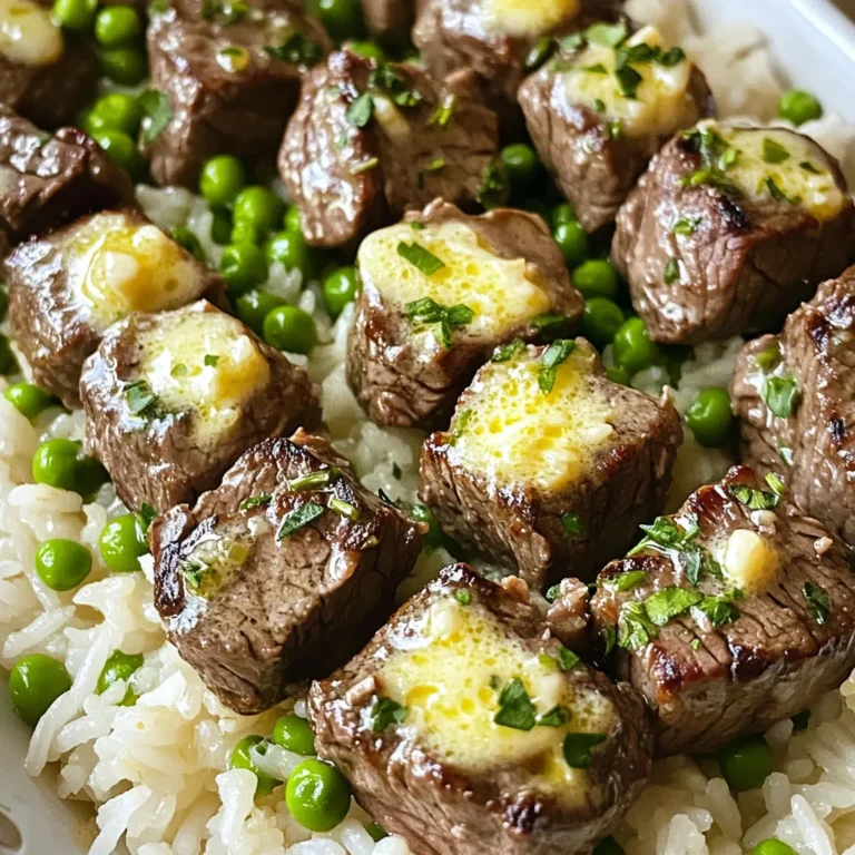 - 1 lb beef sirloin, cut into bite-sized cubes - 3 tablespoons unsalted butter - 4 cloves garlic, minced - 1 teaspoon fresh thyme leaves (or ½ teaspoon dried thyme) - 1 teaspoon smoked paprika - Salt and pepper to taste - 1 cup jasmine rice - 2 cups beef broth (or water) - 1 cup frozen peas - Fresh parsley, chopped (for garnish) Gather these ingredients for a quick and tasty meal. The beef sirloin adds robust flavor. Unsalted butter gives a rich texture, while garlic adds a fragrant touch. Fresh thyme and smoked paprika create a delightful blend that enhances the steak's taste. Salt and pepper are key for balancing flavors. For the rice, jasmine rice cooks fluffy and aromatic. Beef broth enriches each grain, making it a perfect base for the dish. Frozen peas add a pop of color and sweetness. Finally, fresh parsley not only garnishes but also brightens the plate. This mix of ingredients delivers a satisfying meal in just 15 minutes. You can easily adjust the flavors to your liking, making it versatile for any palate. To start, you need to boil beef broth. In a medium saucepan, bring 2 cups of beef broth to a boil. This adds great flavor to your rice. Once boiling, stir in 1 cup of jasmine rice. Then, reduce the heat to low and cover the pot. Let it simmer for about 10-12 minutes. The rice will absorb all the liquid. After cooking, fluff it with a fork and set it aside. While the rice cooks, get your steak bites ready. First, cut 1 lb of beef sirloin into small cubes. Season the beef cubes with salt, pepper, and 1 teaspoon of smoked paprika. This gives each bite a rich flavor. Next, heat a large skillet over medium-high heat. Once the skillet is hot, add 1 tablespoon of unsalted butter. Let it melt. Now, add the seasoned steak bites in a single layer. Sear the beef for about 2-3 minutes on each side. You want them browned and cooked just right. Be careful not to overcrowd the pan; cook in batches if needed. After searing, return all of the steak bites to the skillet. Reduce the heat to medium. Now, it’s time to add flavor! Add 4 minced garlic cloves and 1 teaspoon of fresh thyme leaves. Stir in the remaining butter. Sauté everything for about 1-2 minutes. You’ll know it’s ready when the garlic smells amazing. Next, stir in 1 cup of frozen peas. Cook them just until warmed through, about 1-2 minutes. Taste your dish and adjust with more salt and pepper if needed. Now it’s time to serve! Divide the garlic butter steak bites over your fluffy jasmine rice. Don’t forget to garnish with fresh chopped parsley for a pop of color. Enjoy your delicious meal! For steak bites, I recommend using beef sirloin. It has great flavor and tenderness. Look for sirloin with good marbling. This means it has fat throughout, which makes the meat juicy. Quality matters. Fresh meat makes a big difference in taste. Choose cuts that are bright red and firm. Avoid any that look dull or have brown spots. The right skillet temperature is key. Heat your skillet over medium-high heat. It should be hot before you add the beef. A hot skillet gives a nice brown crust. Don’t overcook the steak. Cook each bite for just 2-3 minutes on each side. This keeps the meat juicy and tender. If you crowd the pan, the meat will steam instead of sear. Work in batches if needed. You can serve garlic butter steak bites with various sides. Try a simple salad or steamed veggies. These add color and crunch to your meal. For garnishes, fresh parsley works well. It brightens the dish and adds a fresh taste. You can also sprinkle some extra smoked paprika for added flavor. {{image_2}} You can switch up the protein in this dish with ease. Chicken steak bites work great. Just cut chicken breast or thighs into cubes. Season them the same way as the beef. Cook until golden brown. You can also try plant-based options like tofu or tempeh. Marinate the plant protein in the same garlic butter mix. Sear until crispy for a tasty twist. If you want a change from jasmine rice, consider quinoa or cauliflower rice. Quinoa adds a nutty flavor. Cook it by boiling in broth for about 15 minutes. Cauliflower rice is lighter and lower in carbs. Simply sauté it for a few minutes until tender. Both options pair well with the garlic butter steak bites. You can easily adjust the flavor of this dish. For a spicy kick, add chili flakes when cooking the steak. This will give your bites a nice heat. You can also experiment with different herbs and spices. Try rosemary or oregano for a fresh taste. Mixing in some lemon zest can brighten the flavors too. These tweaks keep the meal fun and exciting! To store leftovers, let the dish cool down first. Transfer it to an airtight container. This keeps the flavors fresh. Use a glass or plastic container with a tight lid. The steak bites and rice will stay good for up to three days in the fridge. You can reheat in the microwave or on the stovetop. For the microwave, place the food in a safe dish. Cover it with a microwave-safe lid or wrap. Heat in short bursts, stirring in between. For the stovetop, use a non-stick skillet. Add a splash of beef broth to keep it moist. Heat over low until warmed through. This helps maintain the texture of the steak bites. To freeze, let the dish cool completely. Portion it into freezer-safe bags or containers. Remove as much air as possible to prevent freezer burn. The dish can be frozen for up to three months. When ready to eat, thaw in the fridge overnight. Reheat on the stovetop or microwave until heated through. Cooking garlic butter steak bites and rice takes just 15 minutes. - Prep Time: 5 minutes - Cooking Time: 10 minutes - Rice Cooking: 10-12 minutes on low heat - Steak Searing: 6-8 minutes total for perfect bites Yes, you can make this dish ahead of time. - Cooked Steak Bites: Store in the fridge for up to 3 days. - Rice Storage: Cooked jasmine rice keeps well in the fridge. - Reheat Separately: Heat rice and steak bites before serving. You can serve many sides with steak bites and rice. - Steamed Vegetables: Broccoli or green beans add color and health. - Salads: A fresh green salad brightens the plate. - Garlic Bread: Perfect for dipping into the garlic butter sauce. Yes, this recipe is great for meal prep. - Cook in Batches: Make more steak bites and rice to save time. - Use Airtight Containers: Store portions for quick meals. - Easy Reheating: Just warm in the microwave or on the stove. We explored a delicious recipe for garlic butter steak bites with jasmine rice. Key ingredients include beef sirloin, garlic, and fresh thyme. You learned how to cook, season, and serve this dish perfectly. We shared tips for choosing quality beef and strategies for meal prep. Remember, you can adapt this recipe with different proteins or rice. Feel free to get creative with flavors. Enjoy your cooking journey, and savor every bite!
