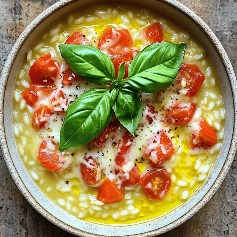 - 1 cup Arborio rice - 1 cup diced ripe tomatoes (fresh or canned) - 1 cup grated Parmesan cheese - 1 medium onion, finely chopped - 2 cloves garlic, minced - 1 teaspoon dried oregano - 1 tablespoon olive oil - Salt and pepper to taste - Fresh basil leaves - Extra Parmesan cheese This dish shines because of its simple and fresh ingredients. Arborio rice is key; it gives that creamy texture. I love using ripe tomatoes, either fresh or canned. They add a burst of flavor and color. Grated Parmesan cheese melts beautifully, making every bite rich and satisfying. The aromatics are just as vital. Onions and garlic bring warmth and depth. Oregano adds a touch of earthiness that ties it all together. Olive oil helps to sauté the onion and garlic, creating a lovely base. Don't forget salt and pepper for seasoning; they really enhance the flavors. For an extra touch, I recommend garnishing with fresh basil leaves. They add a bright flavor and a pop of green. A sprinkle of extra Parmesan cheese on top is also a nice touch. It makes the dish look and taste gourmet. Enjoy crafting this delightful one-pot meal! First, heat 1 tablespoon of olive oil in a large pot over medium heat. Next, add the finely chopped onion. Sauté it for about 3-4 minutes until it turns translucent. This step builds a great flavor base. After that, stir in 2 minced garlic cloves. Cook for one more minute, but watch it closely to avoid burning. Now, it's time to add 1 cup of Arborio rice to the pot. Sauté the rice for about 2 minutes. Stir it often until the rice gets a light toast. This helps the rice absorb flavors well. Next, pour in 1 cup of diced ripe tomatoes, along with their juices, and 1 teaspoon of dried oregano. Stir everything well to mix the flavors. Now, begin adding 4 cups of vegetable broth, one cup at a time. Stir frequently. It’s important to let each cup absorb before adding the next. This process takes about 18-20 minutes. Keep an eye on the rice. When it’s creamy and al dente, you are ready for the next step. Once the risotto is ready, stir in 1 cup of grated Parmesan cheese. This adds a rich creaminess. Now, taste your risotto and adjust the seasoning with salt and pepper to your liking. Remove the pot from heat and let it sit for a couple of minutes. This slight resting time helps it thicken a bit more. Now, your one-pot tomato Parmesan risotto is ready to serve! Stirring is key for creamy risotto. When you stir, you help release the rice's starch. This starch makes the dish smooth. You want to stir often, especially when adding broth. For liquid absorption, add broth slowly. Use one cup at a time. Wait until each cup is absorbed before adding more. This process takes about 18-20 minutes. Be patient! Overcooking the rice is a common mistake. You want it to be al dente, which means firm but tender. If you cook it too long, it can become mushy. Not using the right pot also leads to problems. A wide, heavy pot works best. This shape helps heat spread evenly. It also gives you room to stir. To make your risotto more tasty, try adding spices. A pinch of red pepper flakes adds heat. You can also use fresh herbs like thyme or parsley for a fresh kick. For cheeses, Parmesan is a great choice. You can mix in some mozzarella for a gooey texture. Top with extra cheese for a cheesy finish. Don’t forget to add fresh basil leaves for a burst of color and flavor! {{image_2}} You can easily make this risotto vegetarian or vegan. To do this, swap the Parmesan cheese for a plant-based option. Nutritional yeast also works well for a cheesy flavor without dairy. Use vegetable broth instead of chicken broth to keep it vegan. You can add vegetables like spinach or mushrooms for extra taste and nutrition. Fresh spinach wilts quickly, so add it at the end. For mushrooms, sauté them with the onion for a rich flavor. If you want to add protein, shrimp, chicken, or sausage are great choices. For shrimp, cook them separately and stir them in at the end. Chicken can be diced and added with the onion. If using sausage, brown it in the pot first, then follow the recipe as normal. Adjust cooking times based on your protein. Shrimp cooks fast, while chicken and sausage need a bit longer to cook through. You can switch up the grains too. Quinoa or farro are tasty alternatives. Quinoa cooks faster than Arborio rice, so watch the timing. Farro can take longer, so check the package for cooking times. Using different grains can change the texture and flavor of your dish. Each option brings its own unique taste while still being delicious. After you make your one-pot tomato Parmesan risotto, you may have some left. To store it, let it cool to room temperature first. Then, place it in an airtight container. This helps keep it fresh. Store the risotto in the fridge. It can last for about 3 to 5 days. If you want to keep it longer, consider freezing it. First, scoop the risotto into a freezer-safe container. Leave some space at the top. The rice will expand as it freezes. It’s best to use it within 1 to 2 months for the best taste. When you’re ready to eat, thaw it in the fridge overnight. To reheat, place it in a pot over low heat. Add a splash of vegetable broth or water. Stir until warm. This helps bring back creaminess. For the best taste, serve risotto warm. I love pairing it with a fresh salad or crusty bread. A light white wine complements the flavors well. Try a Sauvignon Blanc or Pinot Grigio. These drinks enhance the tomato and Parmesan taste. Enjoy your meal! Cooking risotto usually takes about 18 to 20 minutes. You need to stir often as the rice cooks. The process involves adding broth one cup at a time. This allows the rice to absorb the liquid slowly. It helps the risotto become creamy. You will know it’s done when the rice is al dente and the dish is rich and smooth. Yes, you can make risotto in advance. To store, let it cool completely first. Place it in an airtight container. It will stay fresh in the fridge for about three days. When you are ready to eat, reheat it on the stove. Add a splash of broth or water to help it regain creaminess. One-pot risotto can taste just as good as traditional risotto. The main difference lies in the cooking method. Traditional risotto requires more attention and time. You stir constantly and add broth gradually. One-pot risotto simplifies this process. You add all ingredients at once, making it easier for busy cooks. Both methods yield a creamy, flavorful dish. Risotto is a delightful dish with rich flavors. We explored its key ingredients and steps, from cooking the Arborio rice to adding fresh garnishes. I shared tips to avoid common mistakes and ways to enhance its taste. You can even make variations to meet your taste. Remember, risotto is all about patience and practice. Enjoy the process of making this creamy dish, and don't shy away from experimenting with flavors!