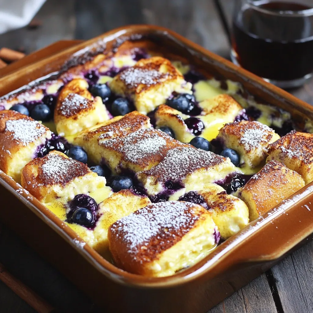 - 8 slices of thick brioche bread, cut into cubes - 2 cups fresh blueberries (or frozen, thawed) - 8 oz cream cheese, softened - 4 large eggs - 1 cup milk (whole or 2%) - 1/2 cup granulated sugar - 1 teaspoon vanilla extract - 1/2 teaspoon ground cinnamon - 1/4 teaspoon salt - Optional toppings: powdered sugar, maple syrup To make a great Blueberry Cheesecake French Toast Casserole, you need simple ingredients. First, brioche bread adds a nice texture. I love using thick slices because they soak up the mixture well. Next, fresh blueberries bring sweetness and color. You can use frozen blueberries if fresh ones aren't available. Just make sure to thaw them first. Cream cheese gives a rich, creamy taste that mimics cheesecake. You will also need eggs to bind everything together. Milk adds moisture, making the dish extra soft. Granulated sugar sweetens the mix. Vanilla extract adds a wonderful aroma. Ground cinnamon lends warmth and spice, while salt balances the flavors. Finally, optional powdered sugar and maple syrup can elevate your dish. Dusting with powdered sugar makes it look fancy, while maple syrup adds sweetness when serving. These ingredients come together to create a delicious breakfast treat you won't forget! 1. Preheat the oven to 350°F (175°C). This step is key for even baking. A hot oven helps create a nice golden crust. 2. Prepare the bread and blueberries. Take 8 slices of thick brioche bread and cut them into cubes. In a large bowl, add the cubed bread along with 1 cup of blueberries. Gently fold them together. Be careful not to mash the berries. This keeps the blueberries whole and juicy. 1. Beat cream cheese and sugar until smooth. In another bowl, take 8 oz of softened cream cheese and 1/2 cup of granulated sugar. Use a mixer or a whisk to combine until it is creamy and free of lumps. 2. Incorporate eggs and mix well. Add 4 large eggs to the cream cheese mixture, one at a time. Mix well after each addition. This ensures that the eggs blend smoothly into the mixture. 1. Combine all ingredients and transfer to baking dish. Pour the creamy mixture over the bread and blueberry cubes. Gently fold everything together to coat the bread well. Grease a 9x13 inch baking dish and pour the mixture in. Spread it evenly. 2. Cover and bake, then uncover and finish baking. Cover the dish with aluminum foil and bake for 30 minutes. After that, remove the foil. Bake for another 15-20 minutes, until the top is golden and the casserole is set. This step helps the casserole rise and become fluffy. After baking, let it cool for a bit before serving. Enjoy every delicious bite! Choosing the right bread I love using thick brioche bread for this dish. It soaks up the mix well. You can also try challah or sourdough for a different taste. How to prevent sogginess To avoid sogginess, don't soak the bread for too long. Mix it gently with the cream cheese mix. Make sure the cubes stay firm. Adding spices or extracts You can boost flavor by adding a pinch of nutmeg or almond extract. These small touches add depth to your casserole. Tips for adding extra blueberries To make it fruitier, add more blueberries. Just toss in about half a cup more. They will burst and add sweetness. Best served warm This casserole is best right out of the oven. It is warm, gooey, and perfect for breakfast. Suggestions for complementary sides Serve it with crispy bacon or a light fruit salad. This gives a nice balance and makes a complete meal. {{image_2}} You can change the bread to suit your taste. Using challah adds a rich flavor. Sourdough gives a slightly tangy touch. Both options make the casserole unique. They also hold up well when soaked. Choose your favorite to try something new. If you want to change the fruit, try strawberries or raspberries. Strawberries bring a sweet taste. Raspberries add a nice tartness. You can mix and match your fruits. This keeps the dish fresh and exciting. Play with flavors to find your favorite combo. Making this casserole gluten-free is easy. Use gluten-free bread instead of brioche. Check the labels to ensure all ingredients fit your diet. For a vegan version, swap eggs with flax eggs. Use plant-based cream cheese and milk. These changes keep the dish tasty and inclusive. Enjoy the same great flavors while meeting dietary needs. To store your Blueberry Cheesecake French Toast Casserole, let it cool first. Place it in an airtight container. This keeps it fresh for later. If you have a lot of leftovers, you can freeze it. Cut the casserole into smaller pieces. Wrap each piece tightly in plastic wrap. Then, place them in a freezer bag. This method helps prevent freezer burn. When you are ready to eat the leftovers, reheat them gently. Preheat your oven to 350°F (175°C). Place the casserole in an oven-safe dish. Cover it with foil to keep it moist. Bake for about 15-20 minutes. You can also use the microwave. Heat it in short bursts of 30 seconds. Check to see if it's warm all the way through. This casserole lasts for about 3-4 days in the fridge. Make sure to keep it tightly sealed. If you freeze it, it can last for about 2-3 months. However, for the best taste and texture, enjoy it sooner rather than later. Yes, you can prepare this casserole the night before. Just follow these steps: - Make the mixture and layer it in the dish. - Cover it well with plastic wrap or foil. - Store it in the fridge overnight. This saves time in the morning and lets the flavors blend. You will know the casserole is done when: - The top is golden brown. - A toothpick comes out clean from the center. - The edges pull away from the dish slightly. This usually takes about 45-50 minutes of baking. If you need a cream cheese substitute, try these: - Mascarpone cheese for a rich flavor. - Greek yogurt for a lighter option. - Silken tofu for a dairy-free choice. Choose based on what you have at home or your dietary needs. Yes, you can use frozen blueberries without thawing. Just add them straight to the bread mixture. This keeps them from getting mushy and helps the casserole stay firm. Make sure to mix gently to avoid breaking the berries. This blog post covered a delightful blueberry cream cheese casserole recipe. You learned about the key ingredients, easy steps to prepare, and smart tips to get great results. I shared different bread and fruit options to suit your taste. Remember to store leftovers properly for the best flavor. In the end, this dish is fun to make and share. Enjoy your cooking and have fun experimenting with variations!