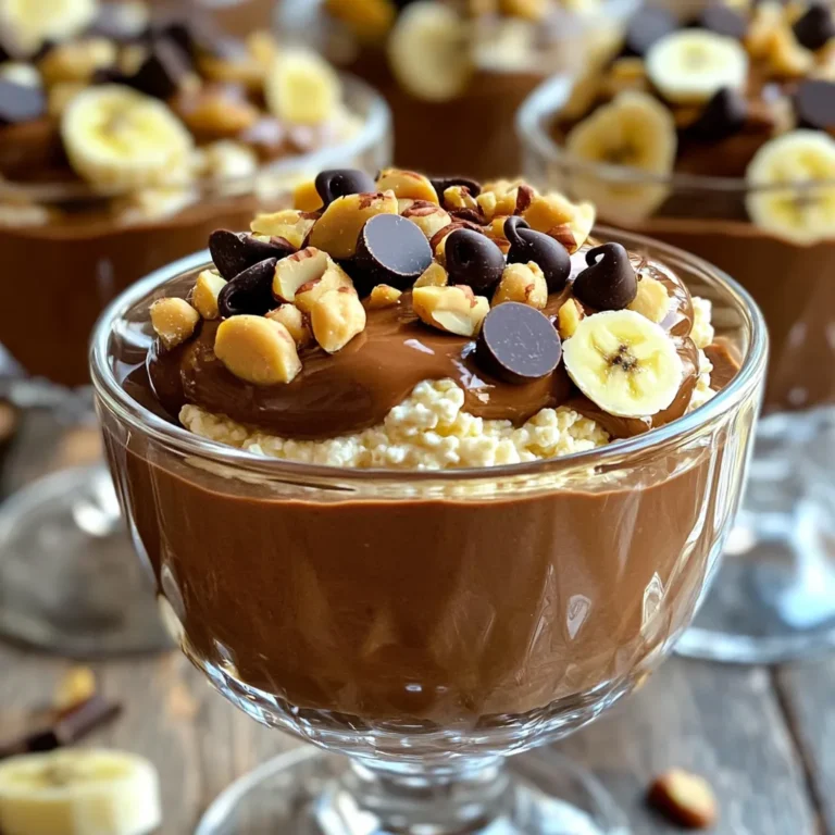 To make Peanut Butter Cottage Cheese Pudding, gather these simple ingredients: - Cottage cheese - Creamy peanut butter - Honey or maple syrup - Vanilla extract - Almond milk - Cocoa powder - Salt - Optional toppings: chopped nuts, dark chocolate chips, or banana slices Each ingredient plays an important role in creating a delicious pudding. Cottage cheese gives it a creamy base. Creamy peanut butter adds rich flavor and protein. Honey or maple syrup sweetens the mix. Vanilla extract brings warmth and depth. Almond milk keeps it light and smooth. Cocoa powder gives it that chocolatey goodness. A pinch of salt enhances all the flavors. You can also add toppings to make it extra special! Feel free to get creative with your choices. Each ingredient combines to create a delightful treat that feels indulgent but is also nutritious. Enjoy making this easy and tasty pudding! 1. Combine ingredients in a blender: Start by adding 1 cup of cottage cheese, 1/2 cup of creamy peanut butter, 2 tablespoons of honey or maple syrup, 1 teaspoon of vanilla extract, 1/2 cup of almond milk, 1/4 cup of cocoa powder, and a pinch of salt to your blender. This mix creates a rich base for our pudding. 2. Blend until smooth: Blend the mixture on high until it becomes creamy and smooth. You may need to stop and scrape down the sides of the blender. This ensures everything mixes well. 3. Adjust sweetness if needed: After blending, taste the pudding. If you want it sweeter, add more honey or maple syrup. Blend again until fully combined. 4. Pour into serving bowls: Once you reach your desired taste and texture, pour the pudding into bowls or cups. - Duration for chilling: Place the bowls in the fridge and chill for at least 30 minutes. This helps the pudding thicken and the flavors to blend. - Importance of chilling: Chilling is key. It not only improves the texture but also makes every bite taste better. You’ll enjoy a cold, refreshing treat after the wait! To get the right thickness for your pudding, start with the base. If your mix is too thick, add more milk. You can use almond milk, cow's milk, or any milk you like. A little splash goes a long way. Blend again until you reach a smooth texture. You want it to feel soft and creamy, just like a pudding. For smoothness, make sure to blend all the ingredients well. Scrape down the sides of your blender. This step helps mix everything evenly. No lumps should remain. A good blend makes all the difference. Taste your pudding before serving. You might want to adjust the sweetness. If it needs more sweetness, add a little honey or maple syrup. Blend again to mix it well. Start with a small amount and taste after each addition. You can also use natural sweeteners like agave syrup or stevia. These options can give your pudding a different flavor. Choose what you like best, and enjoy your perfect treat! {{image_2}} You can mix things up with this pudding. Adding different extracts can change the taste. Try almond extract for a nutty twist. Chocolate extract will make it richer and sweeter. You can also add fruits. Bananas blend smoothly and add natural sweetness. Berries like strawberries or blueberries add a fresh pop. Just toss them in the blender with the other ingredients. Want to make it dairy-free? You can easily make it vegan. Swap cottage cheese with silken tofu. Use maple syrup instead of honey for sweetness. This keeps it creamy and rich. If you need a nut-free option, try sunflower seed butter. It has a similar taste and texture. You can also use soy nut butter. These swaps keep the flavor while avoiding nuts. To store your Peanut Butter Cottage Cheese Pudding, first, let it cool. Once it reaches room temperature, transfer it to a clean container. Make sure to use an airtight container. This helps keep it fresh and tasty. I recommend glass or BPA-free plastic containers. These are sturdy and won’t absorb any odors. In the fridge, your pudding lasts for about 3 to 5 days. Keep an eye on its smell or look for any changes. If you want to save it for longer, you can freeze it. However, freezing can change the texture. It might not be as creamy after thawing. To freeze, pour it into a container, leaving some space at the top. This allows for expansion. When you want to enjoy it again, thaw it in the fridge overnight. Can I use a different type of cheese? Yes, you can use other soft cheeses. Ricotta or cream cheese works well. Just keep in mind the taste will change. Ricotta adds a light flavor, while cream cheese is richer. Is it safe to eat after a few days in the fridge? Yes, it stays good for about three to four days. Make sure to store it in an airtight container. Always check for any off smells before eating it again. Can I substitute the peanut butter with another nut butter? Absolutely! Almond butter or cashew butter can replace peanut butter. Each nut butter gives a unique taste. Experiment with different types for fun flavors! This blog showed you how to make a tasty peanut butter cottage cheese pudding. You learned about the key ingredients, steps for preparation, chilling tips, and ways to adjust sweetness. I also covered variations for flavors and dietary needs. Lastly, I shared best storage practices to keep it fresh. This dish is easy and fun to make, so get creative with it. Enjoy your delicious treat and share it with friends!