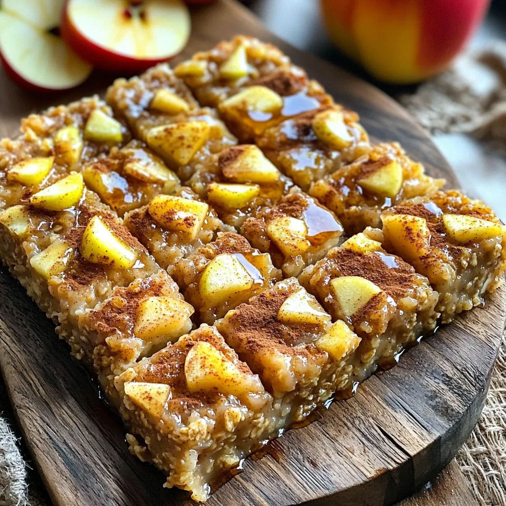 - 2 cups rolled oats - 2 large apples, peeled, cored, and diced - 1/2 cup brown sugar - 2 cups almond milk (or any milk of choice) - 2 large eggs The main ingredients create a warm and hearty dish. Rolled oats provide fiber and texture. Apples add natural sweetness and flavor. Brown sugar enhances the caramel notes, while almond milk keeps it moist. Eggs bind everything together, giving the bake a lovely structure. - 1/2 cup walnuts or pecans, chopped - 1/4 cup raisins or dried cranberries Optional add-ins let you customize your bake. Nuts add crunch and healthy fats. Raisins or cranberries introduce a chewy texture and extra sweetness. Feel free to mix and match these add-ins based on your taste! - 1 teaspoon cinnamon - 1/4 teaspoon nutmeg - 1 teaspoon vanilla extract - 1/2 teaspoon salt Spices and flavorings bring the dish to life. Cinnamon warms the bake with a classic fall flavor. Nutmeg provides a touch of earthiness. Vanilla extract adds depth, while salt balances the sweetness. Together, they create a cozy aroma that fills your kitchen. - Preheat your oven to 350°F (175°C). - Grease a 9x13-inch baking dish with cooking spray or a little oil. - In a large bowl, combine 2 cups of rolled oats. - Add 1/2 cup of brown sugar, 1 teaspoon of cinnamon, 1/4 teaspoon of nutmeg, and 1/2 teaspoon of salt. - Mix these dry ingredients well until they are evenly combined. - In another bowl, whisk together 2 cups of almond milk, 1/4 cup of unsweetened applesauce, and 2 large eggs. - Add 1 teaspoon of vanilla extract to this mixture and whisk until smooth. - Pour the wet mixture into the bowl with the dry ingredients. - Stir until just combined; don’t overmix. - Gently fold in the 2 diced apples, and if you like, add chopped walnuts or pecans, and raisins or dried cranberries. - Pour the mixture into the greased baking dish. - Spread it out evenly so it bakes well. - Bake for 30-35 minutes or until the top is golden brown. - Once baked, remove it from the oven. - Let it cool for about 10 minutes before cutting. - Serve warm, and try drizzling maple syrup or adding yogurt on top for extra flavor. To achieve the right texture, you want your oatmeal bake moist but not soggy. The mixture should hold together but still be soft. A good way to check for doneness is to look for a golden brown top. You can insert a toothpick in the center. If it comes out clean, your dish is ready. I love to serve my apple cinnamon oatmeal bake warm. Drizzle some maple syrup on top for sweetness. A dollop of yogurt adds creaminess and balances the flavors. For presentation, garnish with a sprinkle of cinnamon and a few apple slices. This makes it look extra special. Making this dish ahead of time is easy. You can prep it the night before and bake it in the morning. For best storage, keep leftovers in an airtight container in the fridge. This will keep them fresh for about five days. {{image_2}} You can switch up the milk in this recipe. Almond milk works well, but you can use any milk you like. Try oat milk or coconut milk for a fun twist. If you want a sweeter taste, consider using maple syrup or honey instead of brown sugar. For a gluten-free option, use certified gluten-free oats. This keeps the dish safe for anyone avoiding gluten. If you want a vegan version, simply replace the eggs with flax eggs. Mix one tablespoon of flaxseed meal with three tablespoons of water. Let it sit for five minutes to thicken. To make your bake even better, add a pinch of ginger or a splash of vanilla. Both spices add warmth and depth. You can also mix in other fruits. Pears or berries work great and add a nice color. This way, you can create new flavor profiles each time you bake! To store leftovers in the fridge, let the dish cool completely. Cover it tightly with plastic wrap or place it in an airtight container. This helps keep the oatmeal bake fresh and moist. You can store it in the fridge for up to five days. Before serving, check for any signs of spoilage. If you want to save some for later, you can freeze the oatmeal bake. Cut it into individual portions and wrap each piece in plastic wrap. Then, place the wrapped portions in a freezer bag. This method helps keep them fresh for up to three months. When you're ready to enjoy, take a piece out and thaw it in the fridge overnight. To reheat without losing quality, you can use the oven or microwave. If using the oven, preheat it to 350°F (175°C). Place the oatmeal bake in an oven-safe dish and cover with foil. Bake for about 15-20 minutes until warm. For the microwave, heat individual portions on medium power for 1-2 minutes. After reheating, you can drizzle some maple syrup or add a dollop of yogurt on top for extra flavor. Enjoy your warm, cozy dish! Apple cinnamon oatmeal bake lasts about 5 days in the fridge. Store it in an airtight container. It tastes great even after a few days. You can reheat it in the microwave for a quick breakfast. Yes, you can make this recipe gluten-free. Simply use gluten-free rolled oats. These oats provide the same texture and flavor as regular oats. For eggs, you can use 1/4 cup of unsweetened applesauce per egg. This works well in baked goods. Another option is to use flaxseed meal; mix 1 tablespoon of flaxseed with 2.5 tablespoons of water. Yes, you can prepare this oatmeal bake in advance. Mix the ingredients the night before and store them in the fridge. Bake it in the morning for a warm breakfast. Absolutely! You can swap apples for pears, berries, or peaches. Each fruit adds a unique flavor. Feel free to mix and match based on what you have. This blog post covered a delicious apple cinnamon oatmeal bake. We explored main ingredients like rolled oats, apples, and almond milk. I shared step-by-step baking instructions, tips for perfecting your bake, and ideas for serving. You also learned about variations and storage options to keep your bake fresh. In closing, this recipe is adaptable and perfect for meal prep. Enjoy trying different flavors and sharing with friends and family. Happy baking!