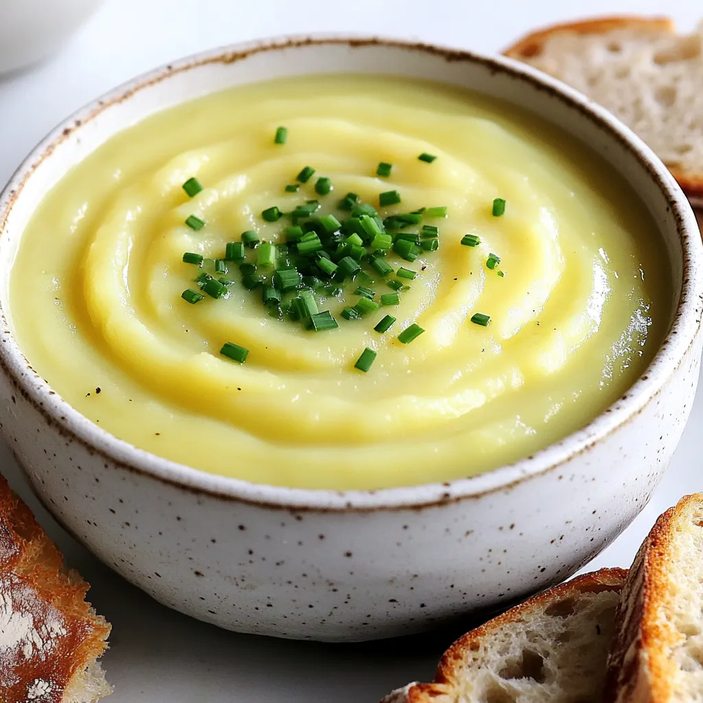 For this cozy potato leek soup, you'll need: - 4 large potatoes, peeled and diced - 3 leeks, white and light green parts only, cleaned and sliced - 1 medium onion, chopped - 3 cloves garlic, minced - 4 cups vegetable broth - 1 cup heavy cream (or coconut cream for a dairy-free option) - 2 tablespoons olive oil - 1 teaspoon fresh thyme leaves (or 1/2 teaspoon dried thyme) - Salt and pepper to taste - Fresh chives, chopped, for garnish I love using organic vegetables for the best flavor. Brands like Pacific Foods offer great vegetable broth. If you want a dairy-free option, try So Delicious coconut cream. For the thyme, fresh is best, but dried works too. In spring, you can add fresh asparagus for a bright twist. In fall, swap potatoes with sweet potatoes for a sweeter flavor. Always feel free to adjust based on what you find at your local market! Start by cleaning the leeks. Cut off the dark green tops and discard them. You will only use the white and light green parts. Slice the cleaned leeks thinly. Next, chop one medium onion and mince three cloves of garlic. In a large skillet, heat two tablespoons of olive oil over medium heat. Add the sliced leeks, chopped onion, and minced garlic. Sauté this mix for about five to seven minutes. You want them to soften and smell great. Once done, set the mixture aside. Now, grab your slow cooker. In it, add four large diced potatoes and the sautéed leek mixture. Pour in four cups of vegetable broth. Add one teaspoon of fresh thyme leaves or half a teaspoon of dried thyme. Stir everything well to combine. Cover the slow cooker with its lid. If you are cooking on low, let it go for six to eight hours. For a faster method, use high heat and cook for three to four hours. The goal is to have the potatoes tender. When the soup is ready, use an immersion blender to puree it. Blend until you reach your desired texture. If you like some chunks, blend only half of the soup and leave the rest intact. Now, stir in one cup of heavy cream or coconut cream if you want a dairy-free option. Season with salt and pepper to taste. Let the soup cook on low for another 15 to 30 minutes to heat through. Once done, ladle the soup into bowls. Garnish with chopped fresh chives for a nice touch. Enjoy your cozy soup with some crusty bread on the side! To boost flavor, use fresh herbs like thyme or chives. Fresh thyme adds a light and earthy taste. You can also try adding bay leaves during cooking for a deeper flavor. For a kick, sprinkle in some red pepper flakes. Remember to adjust seasoning with salt and pepper as needed. For a creamy soup, blend until smooth using an immersion blender. If you like some texture, blend just half of the soup. You can also add more broth or cream to adjust thickness. The soup should be rich but not too heavy. Serve the soup in rustic bowls. Top with chopped chives for a fresh touch. A slice of crusty bread pairs nicely with the soup. For a complete meal, consider a simple salad on the side. Enjoy your cozy dish with family or friends for a warm gathering. {{image_2}} You can make this soup dairy-free by using coconut cream. Coconut cream adds a rich flavor and keeps the soup creamy. Simply swap the heavy cream for one cup of coconut cream. It blends well and keeps the soup smooth. You will love the subtle coconut flavor in each spoonful. For extra protein, consider adding bacon or chickpeas. Bacon adds a savory crunch and a smoky flavor. Cook the bacon first, then chop it and stir it in before serving. If you prefer a plant-based option, add cooked chickpeas. They boost protein and add texture. Just stir in a cup of chickpeas before blending. You can change the flavor by adding different vegetables. Carrots bring a hint of sweetness, while celery adds a nice crunch. Dice them and add them with the potatoes. Other great options include spinach or peas for extra color and nutrients. Feel free to experiment and make the soup your own! To keep your potato leek soup fresh, let it cool first. Use an airtight container to store it. You can keep it in the fridge for up to five days. If you want to store it longer, freezing is a great option. When you want to enjoy the soup again, reheat it gently. You can use the stove or microwave. If using the stove, heat it on low and stir often. This helps the soup warm evenly. If using a microwave, heat in short bursts. Stir in between to avoid hot spots. For freezing, pour the cooled soup into freezer-safe bags or containers. Leave some space at the top for expansion. Label the bags with the date and type of soup. It can stay good in the freezer for up to three months. When ready to eat, thaw it overnight in the fridge before reheating. Potato leek soup will last about 4 to 5 days in the fridge. Make sure to store it in an airtight container. This keeps it fresh and safe to eat. You can enjoy it warm or cold. Yes, you can make potato leek soup ahead of time. It tastes even better the next day. Make it in the morning and let it sit in the fridge. Just reheat it when you are ready to eat. The flavors will blend nicely overnight. You can serve potato leek soup with crusty bread or a fresh salad. Grilled cheese also pairs well. For a heartier meal, add a protein like chicken or beans. These sides will make your meal more filling and tasty. In this blog post, I covered how to make potato leek soup. We explored ingredients, cooking steps, and flavor tips. I also shared variations for a personal touch, plus storage and reheating advice. This soup is easy to customize. You can make it dairy-free or add protein. Follow the tips for the best taste and texture. Enjoy your warm bowl of comfort and share it with others!