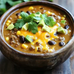 Here is what you need to make Slow Cooker Creamy Beef Enchilada Soup. Each ingredient adds a unique flavor. - 1 pound ground beef - 1 medium onion, chopped - 2 cloves garlic, minced - 1 can (15 oz) black beans, drained and rinsed - 1 can (15 oz) corn, drained - 1 can (10 oz) enchilada sauce - 4 cups beef broth - 1 teaspoon cumin - 1 teaspoon chili powder - 1 teaspoon smoked paprika - 1 cup cream cheese, cubed - 1 cup shredded cheddar cheese - 1 tablespoon olive oil - Salt and pepper to taste - Chopped cilantro and diced avocado for garnish Each item plays a role in creating that rich, creamy taste. The ground beef gives a hearty base. The onions and garlic add depth. Black beans and corn bring texture. The spices create warmth and flavor. Finally, cream cheese and cheddar cheese lend that creamy finish. Prepare these ingredients for a delightful soup experience. 1. Start by sautéing onions and garlic. Heat one tablespoon of olive oil in a skillet over medium heat. Add the chopped onion and cook for about five minutes, until it turns translucent. Then, add two minced garlic cloves and sauté for one more minute. This step adds great flavor to your soup. 2. Next, mix the ingredients in the slow cooker. Place one pound of ground beef in the slow cooker. Break it into small pieces. Add the sautéed onions and garlic, along with one can of drained and rinsed black beans, one can of drained corn, and one can of enchilada sauce. Pour in four cups of beef broth. Add one teaspoon each of cumin, chili powder, and smoked paprika. Season with salt and pepper, then stir everything to combine. - Set your slow cooker to low for six to seven hours or high for three to four hours. This method cooks the beef and melds all the flavors together nicely. - About thirty minutes before serving, incorporate one cup of cubed cream cheese. Stir it in until it melts and makes the soup creamy. This adds a rich texture that makes the soup feel luxurious. - Taste the soup and adjust the seasoning as needed. You may want to add more salt, pepper, or spices to fit your taste. - When ready to serve, ladle the soup into bowls. Top with the remaining shredded cheddar cheese, chopped cilantro, and diced avocado. These fresh toppings add color and extra flavor, making your dish look and taste amazing. Sautéing onions and garlic is key for depth. This step brings out their natural sweetness. Cook onions until they are soft and clear. Add minced garlic next for a quick cook. This builds a strong flavor base for your soup. To enhance flavor, think about adding extra spices. You can try a bit more cumin or chili powder. This adds warmth and richness to each bite. A dash of smoked paprika brings a nice smoky note. Adjust seasonings to your taste as you go. Garnishing your soup makes it look even better. Chopped cilantro adds a fresh touch. Diced avocado gives a creamy contrast. Both are simple yet effective. Pair your soup with tortilla chips or a slice of crusty bread. These sides add crunch and texture. You might also enjoy it with a simple salad for balance. A good slow cooker is a must for this dish. I recommend one with a timer for easy cooking. Brands like Crock-Pot or Instant Pot work great. Essential tools for prep include a sturdy knife and a cutting board. A large spoon helps stir the soup well. Having a measuring cup on hand ensures accurate ingredients. {{image_2}} You might want to change some ingredients in your soup. If you don't have cream cheese, try sour cream. It adds a nice tang. You can also use Greek yogurt for a lighter option. Both keep the soup creamy. For those who prefer vegetarian meals, you can swap the ground beef with lentils or black beans. These alternatives pack a punch of protein. You can also add more beans or use mushrooms for a hearty texture. Do you like it spicy? Add more chili powder or jalapeños. You can also use hot enchilada sauce for extra heat. If you prefer milder flavors, use less spice. Adjust it to fit your taste. You can also load your soup with more veggies. Try adding bell peppers, zucchini, or spinach. They add color and nutrients. Just chop them small, so they cook well in the slow cooker. Transform this soup into a tasty dip! Just serve it with tortilla chips. It's great for parties or game days. You can also use it as a filling for enchiladas. Just roll it in tortillas, top with cheese, and bake. These variations keep the recipe fresh and fun. Enjoy playing with flavors and textures! To store your creamy beef enchilada soup, let it cool first. Pour it into airtight containers. You can keep it in the fridge for up to three days. When you're ready to eat, check for any signs of spoilage before reheating. Freezing is a great option if you have leftovers. Use freezer-safe containers or freezer bags. Make sure to leave some space for expansion. This soup can last in the freezer for up to three months. Label your containers with the date for easy tracking. When you want to enjoy the soup again, there are a few easy ways to reheat it: - Stovetop: Pour the soup into a pot. Heat it over medium heat, stirring often until hot. - Microwave: Place the soup in a microwave-safe bowl. Heat in short bursts, stirring in between, until warm. - Slow Cooker: If you prefer, you can use your slow cooker. Set it on low for one to two hours, stirring occasionally. No matter how you reheat it, make sure it reaches a safe temperature before serving. Enjoy your meal! Can I use ground turkey instead of beef? Yes, you can use ground turkey. It makes the soup lighter. Ground turkey has less fat than beef. This change still keeps the soup tasty. Just follow the same steps in the recipe. How can I make the soup spicier? You can add more chili powder or diced jalapeños. Another option is to use spicy enchilada sauce. You can also add hot sauce when serving. Adjust the heat to match your taste. What to do if the soup is too thick? If your soup is too thick, add more beef broth. Stir in small amounts until you reach your desired consistency. This will help keep the flavors balanced. Solutions for bland flavor To fix bland flavor, add more spices. Try adding extra chili powder or cumin. A splash of lime juice can brighten up the taste too. Always taste and adjust as needed. Caloric value per serving This soup has about 400 calories per serving. This can vary based on the ingredients you use. Check the labels for exact numbers. Allergen information for ingredients The main allergens in this soup are dairy and gluten. Cream cheese and cheddar cheese contain dairy. Be sure to check the enchilada sauce for gluten if needed. Always read labels for any hidden allergens. This blog post shared a simple and tasty slow cooker soup recipe. I covered ingredients, cooking steps, tips, and storage ideas. You learned how to make this dish creamy and flavorful. You can customize it to your taste and serve it in many ways. Overall, this recipe is easy and fun for everyone. Enjoy cooking and sharing it with your loved ones!