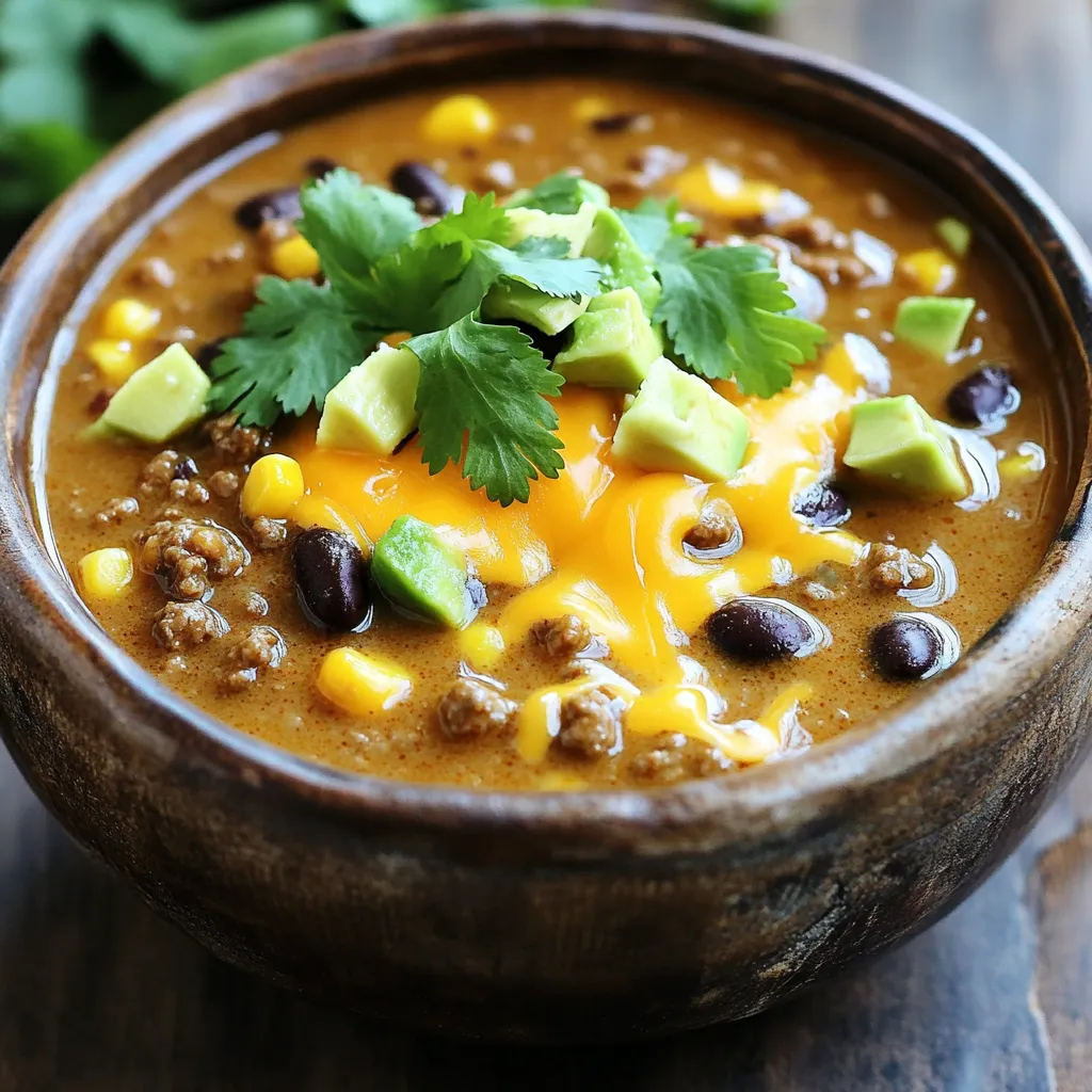 Here is what you need to make Slow Cooker Creamy Beef Enchilada Soup. Each ingredient adds a unique flavor. - 1 pound ground beef - 1 medium onion, chopped - 2 cloves garlic, minced - 1 can (15 oz) black beans, drained and rinsed - 1 can (15 oz) corn, drained - 1 can (10 oz) enchilada sauce - 4 cups beef broth - 1 teaspoon cumin - 1 teaspoon chili powder - 1 teaspoon smoked paprika - 1 cup cream cheese, cubed - 1 cup shredded cheddar cheese - 1 tablespoon olive oil - Salt and pepper to taste - Chopped cilantro and diced avocado for garnish Each item plays a role in creating that rich, creamy taste. The ground beef gives a hearty base. The onions and garlic add depth. Black beans and corn bring texture. The spices create warmth and flavor. Finally, cream cheese and cheddar cheese lend that creamy finish. Prepare these ingredients for a delightful soup experience. 1. Start by sautéing onions and garlic. Heat one tablespoon of olive oil in a skillet over medium heat. Add the chopped onion and cook for about five minutes, until it turns translucent. Then, add two minced garlic cloves and sauté for one more minute. This step adds great flavor to your soup. 2. Next, mix the ingredients in the slow cooker. Place one pound of ground beef in the slow cooker. Break it into small pieces. Add the sautéed onions and garlic, along with one can of drained and rinsed black beans, one can of drained corn, and one can of enchilada sauce. Pour in four cups of beef broth. Add one teaspoon each of cumin, chili powder, and smoked paprika. Season with salt and pepper, then stir everything to combine. - Set your slow cooker to low for six to seven hours or high for three to four hours. This method cooks the beef and melds all the flavors together nicely. - About thirty minutes before serving, incorporate one cup of cubed cream cheese. Stir it in until it melts and makes the soup creamy. This adds a rich texture that makes the soup feel luxurious. - Taste the soup and adjust the seasoning as needed. You may want to add more salt, pepper, or spices to fit your taste. - When ready to serve, ladle the soup into bowls. Top with the remaining shredded cheddar cheese, chopped cilantro, and diced avocado. These fresh toppings add color and extra flavor, making your dish look and taste amazing. Sautéing onions and garlic is key for depth. This step brings out their natural sweetness. Cook onions until they are soft and clear. Add minced garlic next for a quick cook. This builds a strong flavor base for your soup. To enhance flavor, think about adding extra spices. You can try a bit more cumin or chili powder. This adds warmth and richness to each bite. A dash of smoked paprika brings a nice smoky note. Adjust seasonings to your taste as you go. Garnishing your soup makes it look even better. Chopped cilantro adds a fresh touch. Diced avocado gives a creamy contrast. Both are simple yet effective. Pair your soup with tortilla chips or a slice of crusty bread. These sides add crunch and texture. You might also enjoy it with a simple salad for balance. A good slow cooker is a must for this dish. I recommend one with a timer for easy cooking. Brands like Crock-Pot or Instant Pot work great. Essential tools for prep include a sturdy knife and a cutting board. A large spoon helps stir the soup well. Having a measuring cup on hand ensures accurate ingredients. {{image_2}} You might want to change some ingredients in your soup. If you don't have cream cheese, try sour cream. It adds a nice tang. You can also use Greek yogurt for a lighter option. Both keep the soup creamy. For those who prefer vegetarian meals, you can swap the ground beef with lentils or black beans. These alternatives pack a punch of protein. You can also add more beans or use mushrooms for a hearty texture. Do you like it spicy? Add more chili powder or jalapeños. You can also use hot enchilada sauce for extra heat. If you prefer milder flavors, use less spice. Adjust it to fit your taste. You can also load your soup with more veggies. Try adding bell peppers, zucchini, or spinach. They add color and nutrients. Just chop them small, so they cook well in the slow cooker. Transform this soup into a tasty dip! Just serve it with tortilla chips. It's great for parties or game days. You can also use it as a filling for enchiladas. Just roll it in tortillas, top with cheese, and bake. These variations keep the recipe fresh and fun. Enjoy playing with flavors and textures! To store your creamy beef enchilada soup, let it cool first. Pour it into airtight containers. You can keep it in the fridge for up to three days. When you're ready to eat, check for any signs of spoilage before reheating. Freezing is a great option if you have leftovers. Use freezer-safe containers or freezer bags. Make sure to leave some space for expansion. This soup can last in the freezer for up to three months. Label your containers with the date for easy tracking. When you want to enjoy the soup again, there are a few easy ways to reheat it: - Stovetop: Pour the soup into a pot. Heat it over medium heat, stirring often until hot. - Microwave: Place the soup in a microwave-safe bowl. Heat in short bursts, stirring in between, until warm. - Slow Cooker: If you prefer, you can use your slow cooker. Set it on low for one to two hours, stirring occasionally. No matter how you reheat it, make sure it reaches a safe temperature before serving. Enjoy your meal! Can I use ground turkey instead of beef? Yes, you can use ground turkey. It makes the soup lighter. Ground turkey has less fat than beef. This change still keeps the soup tasty. Just follow the same steps in the recipe. How can I make the soup spicier? You can add more chili powder or diced jalapeños. Another option is to use spicy enchilada sauce. You can also add hot sauce when serving. Adjust the heat to match your taste. What to do if the soup is too thick? If your soup is too thick, add more beef broth. Stir in small amounts until you reach your desired consistency. This will help keep the flavors balanced. Solutions for bland flavor To fix bland flavor, add more spices. Try adding extra chili powder or cumin. A splash of lime juice can brighten up the taste too. Always taste and adjust as needed. Caloric value per serving This soup has about 400 calories per serving. This can vary based on the ingredients you use. Check the labels for exact numbers. Allergen information for ingredients The main allergens in this soup are dairy and gluten. Cream cheese and cheddar cheese contain dairy. Be sure to check the enchilada sauce for gluten if needed. Always read labels for any hidden allergens. This blog post shared a simple and tasty slow cooker soup recipe. I covered ingredients, cooking steps, tips, and storage ideas. You learned how to make this dish creamy and flavorful. You can customize it to your taste and serve it in many ways. Overall, this recipe is easy and fun for everyone. Enjoy cooking and sharing it with your loved ones!